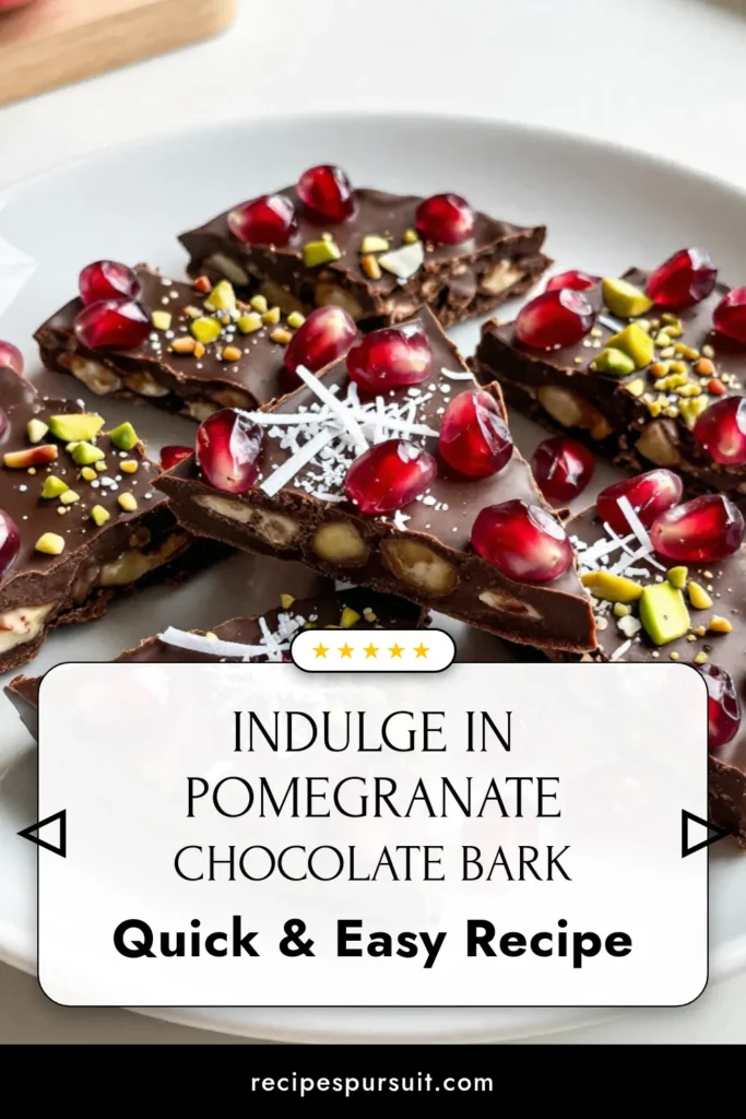 Indulge in our delightful pomegranate chocolate bark, the perfect dark chocolate recipe for a healthy chocolate snack! This easy homemade chocolate treat combines rich dark chocolate with vibrant pomegranate seeds, shredded coconut, and crunchy pistachios. Enjoy a guilt-free chocolate bark with fruits that satisfies your sweet tooth. Try this recipe today for a delicious and nutritious snack! Save it now and share your creations! #PomegranateChocolateBark #HealthyChocolateSnack #ChocolateBarkWithFruits #HomemadeChocolateTreats