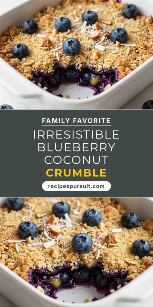 Indulge in this delicious Blueberry Coconut Crumble, a perfect healthy dessert recipe that is gluten-free and easy to make! This Almond Flour recipe combines sweet blueberries, nutty almond flour, and shredded coconut for a delightful treat. Drizzled with coconut oil, it&rsquo;s a guilt-free dessert that everyone will love. Try this yummy recipe today and elevate your dessert game. Save this for later! #BlueberryCoconutCrumble #GlutenFreeCrumble #AlmondFlourRecipes #CoconutOilDesserts