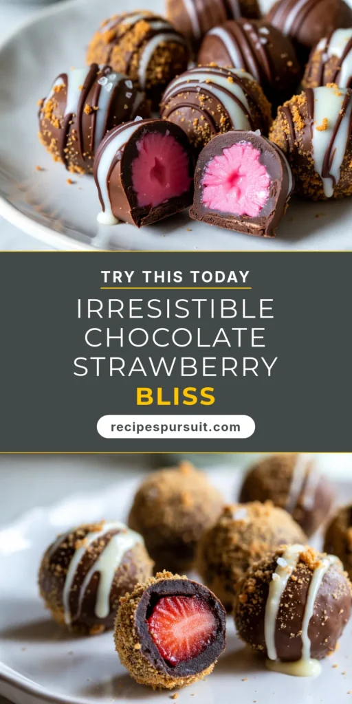 Indulge in these irresistible chocolate covered strawberry truffles that are the perfect blend of rich chocolate and fresh strawberries. This decadent truffle recipe is an easy chocolate truffles option that will amaze your guests! Perfect for any strawberry dessert recipes lovers, these chocolate truffles with strawberries are sure to satisfy your sweet cravings. Try making these delightful treats today! Save this recipe! #ChocolateCoveredStrawberryTruffles #EasyChocolateTruffles #StrawberryDessertRecipes #DecadentDesserts