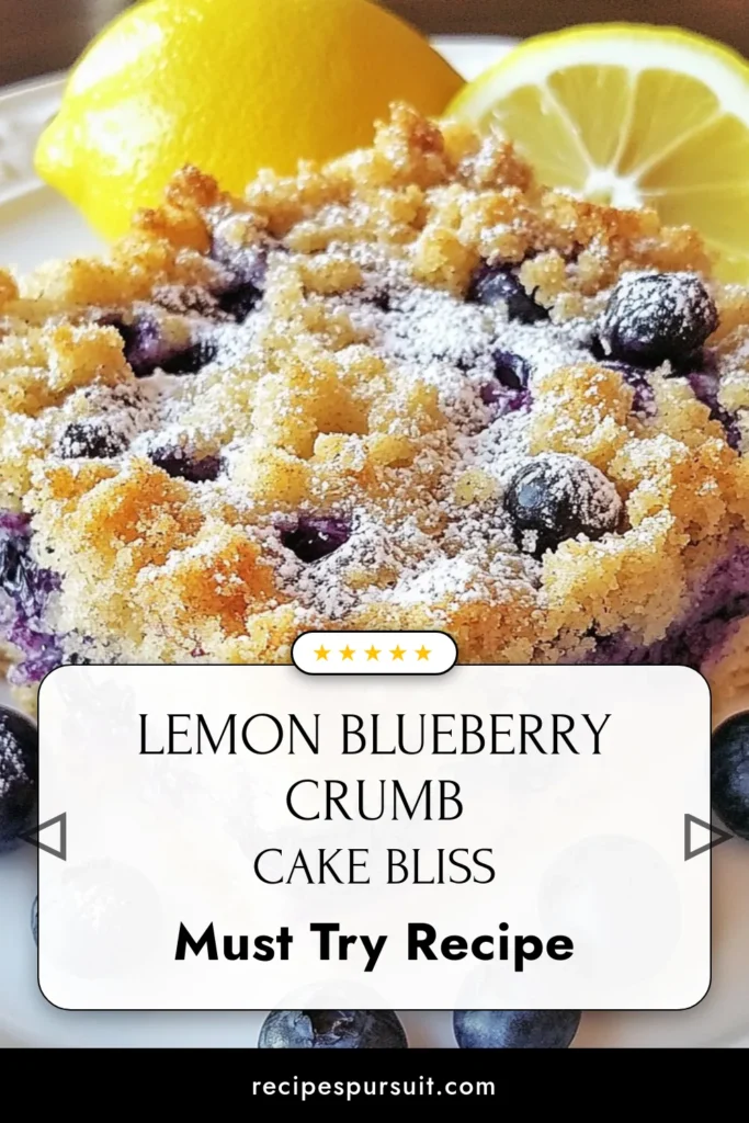Indulge in the delightful flavors of this Lemon Blueberry Crumb Cake! This easy crumb cake recipe combines fresh blueberries with zesty lemon for a perfect treat. Ideal for lemon desserts lovers, this blueberry cake recipe is simple yet satisfying. Bake it for your next gathering, and watch it disappear! Don&rsquo;t miss out on these fresh blueberry recipes. Save this recipe for later and share your delicious result! #LemonBlueberryCrumbCake #BlueberryCakeRecipe #LemonDesserts #EasyCrumbCake