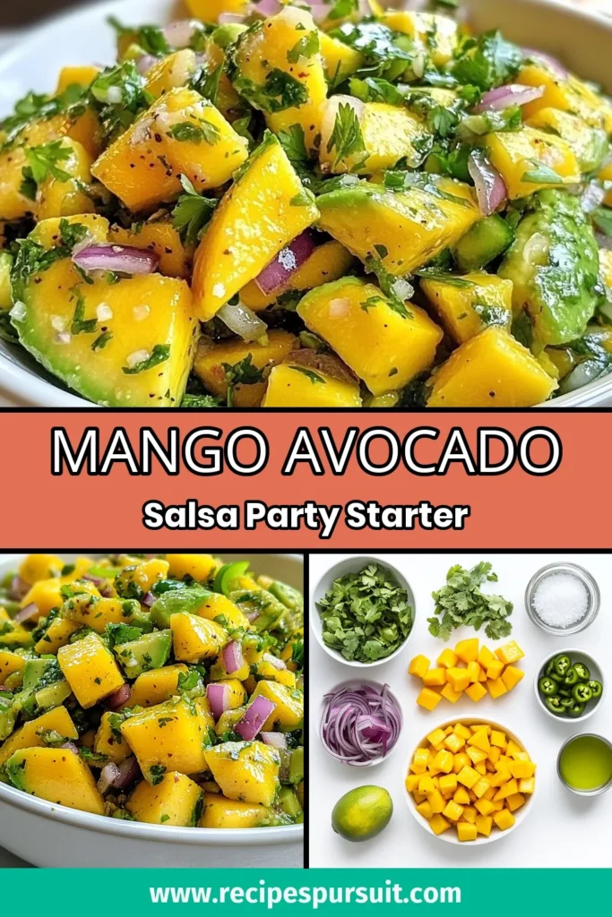 Get ready to elevate your meals with this delicious Mango Avocado Salsa! This easy mango salsa features diced ripe mango and creamy avocado, perfectly complemented by fresh cilantro and a hint of heat from jalape&ntilde;o. Try this fresh mango salsa recipe for your next gathering and impress your guests. Whether you prefer it spicy or mild, this avocado salsa with cilantro is a must-try! Save this recipe now and enjoy vibrant flavors! #MangoAvocadoSalsa #FreshMangoSalsa #EasyMangoSalsa #SpicyAvocadoSalsa