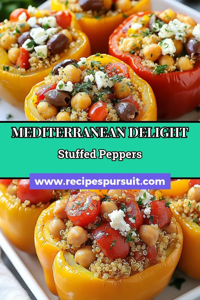 Discover how to make delicious Mediterranean stuffed peppers with this healthy Greek recipe! These quinoa stuffed bell peppers are packed with flavor from chickpeas, cherry tomatoes, and feta cheese, making them a perfect vegetarian dish. Bake them to perfection for a satisfying meal that everyone will love. Try this baked stuffed peppers recipe and enjoy a burst of Mediterranean goodness. Save this recipe for your next family dinner! #MediterraneanStuffedPeppers #QuinoaStuffedBellPeppers #HealthyRecipes #VegetarianDinner