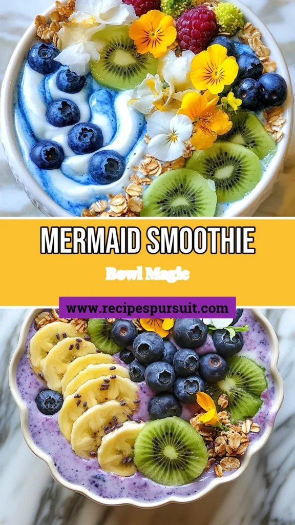 Dive into a world of flavor with this mermaid smoothie bowl! Packed with berries, banana, and spirulina for that vibrant sea color, it's a delicious addition to your healthy smoothie recipes. Top it off with colorful smoothie bowl toppings like kiwi, coconut flakes, and edible flowers for an unforgettable tropical experience. Ready to make your healthy breakfast beautiful? Try this recipe today! #MermaidSmoothieBowl #HealthySmoothieRecipes #ColorfulSmoothieBowl #TropicalSmoothieBowlToppings