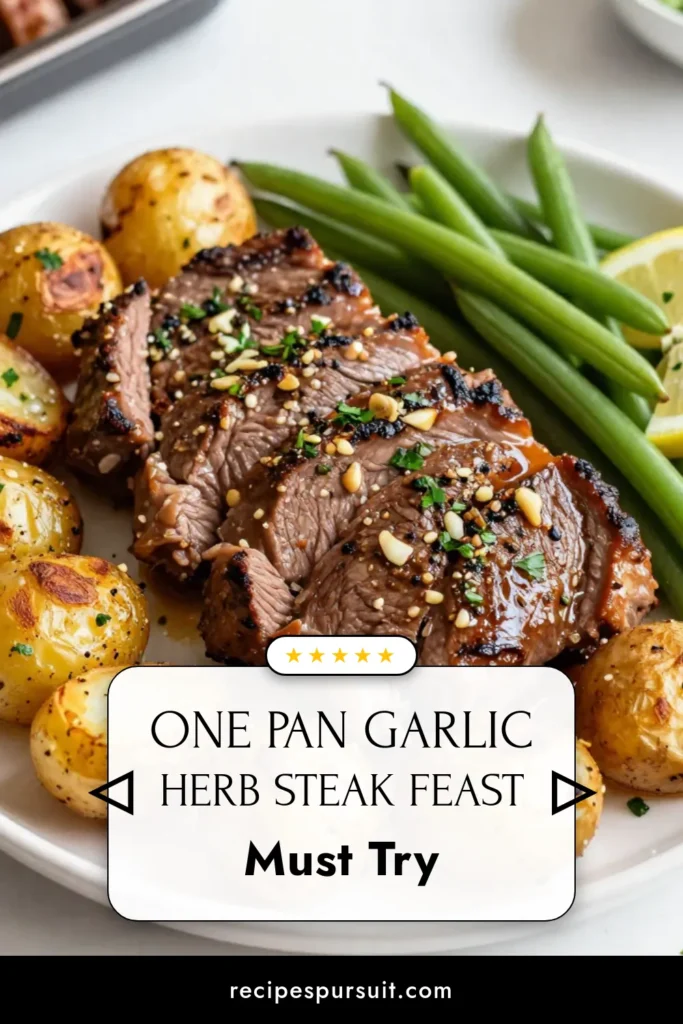 Looking for an easy sheet pan dinner recipe? Try this Garlic Herb Steak Sheet Pan Dinner, featuring flank steak with vegetables, roasted garlic potatoes, and green beans. This flavorful sheet pan steak recipe combines juicy steak with tender veggies for a delightful meal that pleases everyone! Perfect for busy weeknights. Save this delicious recipe to elevate your dinner game! #GarlicHerbSteakDinner #SheetPanSteakRecipe #FlankSteakWithVegetables #EasySheetPanDinner