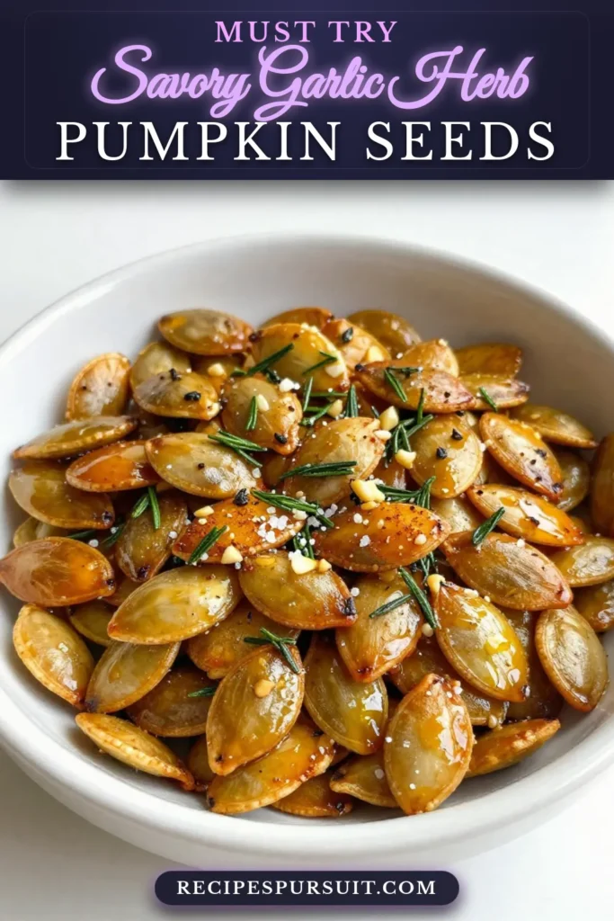 Looking for a healthy pumpkin seed snack? Try this delicious Garlic Herb Roasted Pumpkin Seeds recipe! These homemade garlic pumpkin seeds are seasoned with garlic, smoked paprika, and herbs for a perfect crunch. With just a few simple ingredients, you can make spiced pumpkin seeds that are ideal for snacking or as a salad topping. Save this recipe and experience the savory goodness of roasted pumpkin seeds today! #PumpkinSeeds #HealthySnacks #Homemade #SnackIdeas