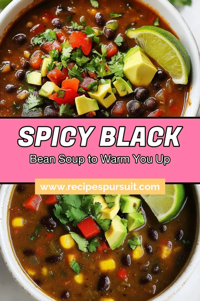Warm up with this delicious spicy black bean soup that is a must-try for any vegetarian! This easy black bean soup is packed with flavor and nutrients, making it a healthy spicy soup option for weeknight dinners. Enjoy the harmonious blend of black bean soup with cilantro and a hint of lime, topped with creamy avocado. Perfect for meal prep or cozy nights in. Save this recipe now for a delightful veggie meal! #SpicyBlackBeanSoup #VegetarianRecipes #HealthyEating #EasySoup
