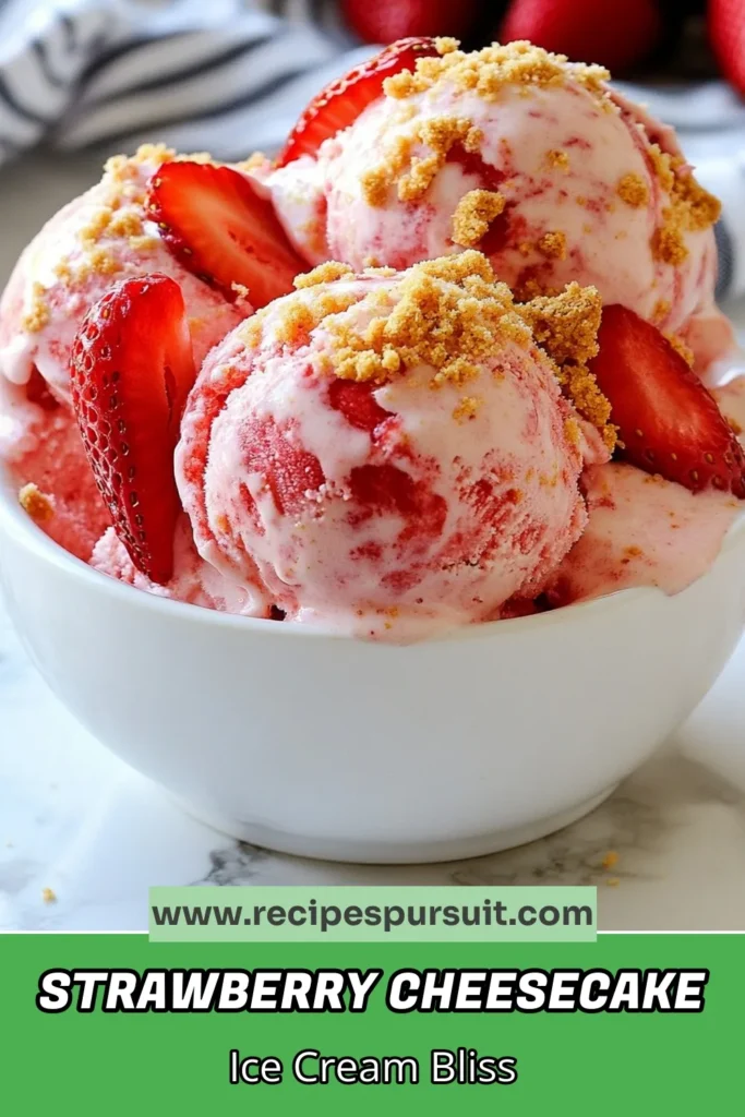 Indulge in the creamy delight of Strawberry Cheesecake Ice Cream! This homemade ice cream recipe is a no churn cheesecake ice cream that&rsquo;s perfect for summer dessert recipes. Made with fresh strawberries, cream cheese, and graham cracker crumbs, it's a delicious treat you can whip up with ease. Beat the heat and impress your guests with this simple strawberry dessert idea. Save this recipe for your next summer gathering! #StrawberryCheesecake #IceCreamRecipe #SummerDesserts #NoChurnIceCream