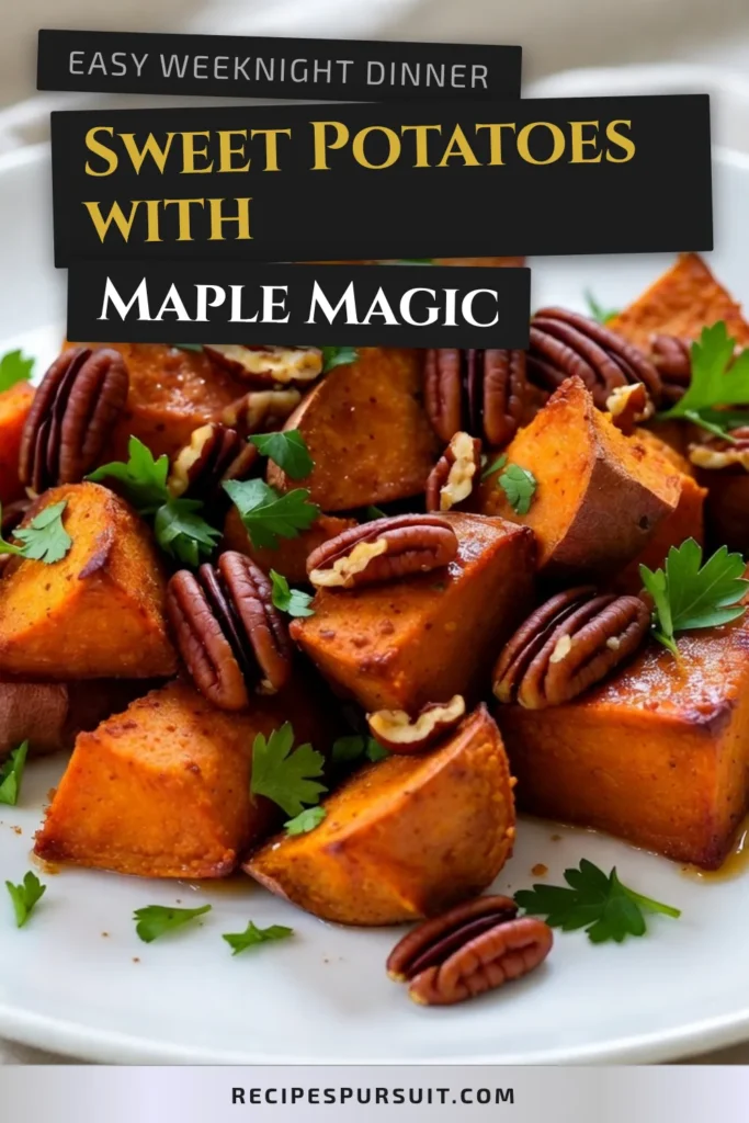 Indulge in the deliciousness of Maple Cinnamon Roasted Sweet Potatoes! This easy roasted sweet potatoes recipe transforms simple ingredients into a healthy sweet potato side that&rsquo;s perfect for any occasion. Drizzled with maple syrup and sprinkled with cinnamon, it&rsquo;s an irresistible holiday vegetable dish that everyone will love. Try this scrumptious recipe today! Save this for your next family gathering! #RoastedSweetPotatoes #HealthySides #HolidayRecipes #SweetPotatoDelight