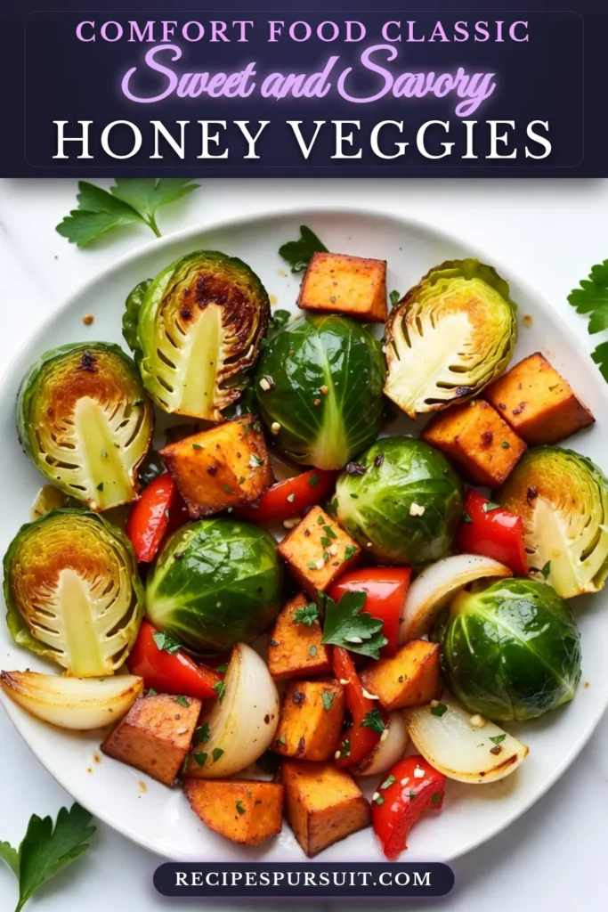 Discover the deliciousness of honey garlic roasted vegetables! This easy vegetable roast features a vibrant roasted Brussels sprouts recipe combined with sweet potatoes, red bell pepper, and a mouthwatering honey garlic glaze recipe. Perfect for any meal, this sweet potato vegetable dish is sure to impress. Try it tonight and elevate your veggie game! Save this post for a tasty side! #HoneyGarlicVegetables #RoastedBrusselsSprouts #SweetPotatoDish #EasyVegetableRoast