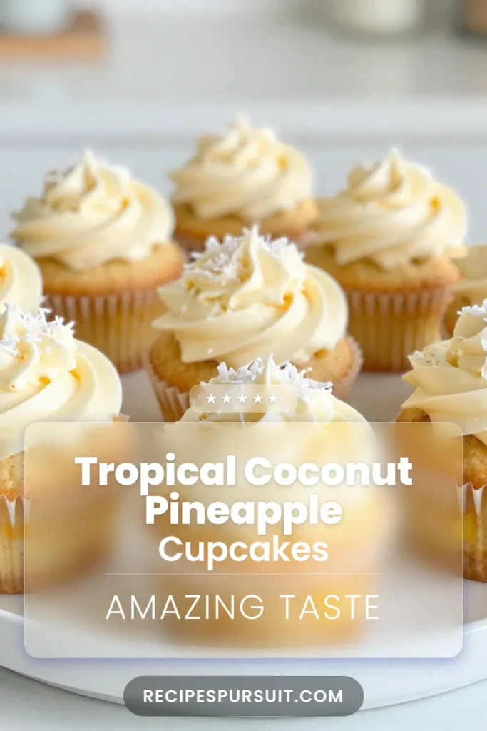 Indulge in the tropical bliss of Coconut Pineapple Cupcakes! This easy cupcake recipe combines shredded coconut and crushed pineapple for a delightful treat. Topped with creamy cream cheese frosting, these Coconut Pineapple Cupcakes are perfect for any occasion. Enjoy a slice of paradise with this delicious Coconut dessert recipe. Save this Tropical Cupcake Recipe for your next baking adventure! #CupcakeRecipe #TropicalDessert #CoconutRecipes #BakingFun