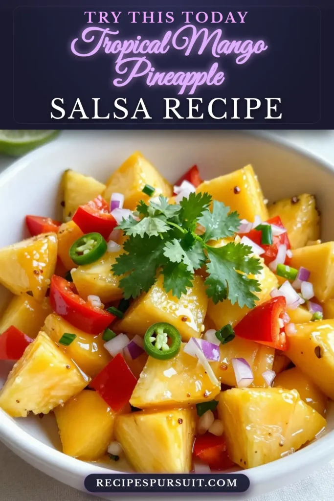 Elevate your gatherings with this vibrant Mango Pineapple Salsa! This easy mango salsa recipe combines fresh mango salsa with sweet pineapple, red bell pepper, and a kick of jalape&ntilde;o for the ultimate spicy salsa experience. Perfect for parties or as a topping for grilled dishes, this tropical fruit salsa is a must-try. Ready in just 30 minutes, it&rsquo;s a delicious and refreshing treat. Save this recipe and bring a tropical flair to your table! #MangoSalsa #PineappleSalsa #TropicalFruitSalsa #SpicySalsaRecipes