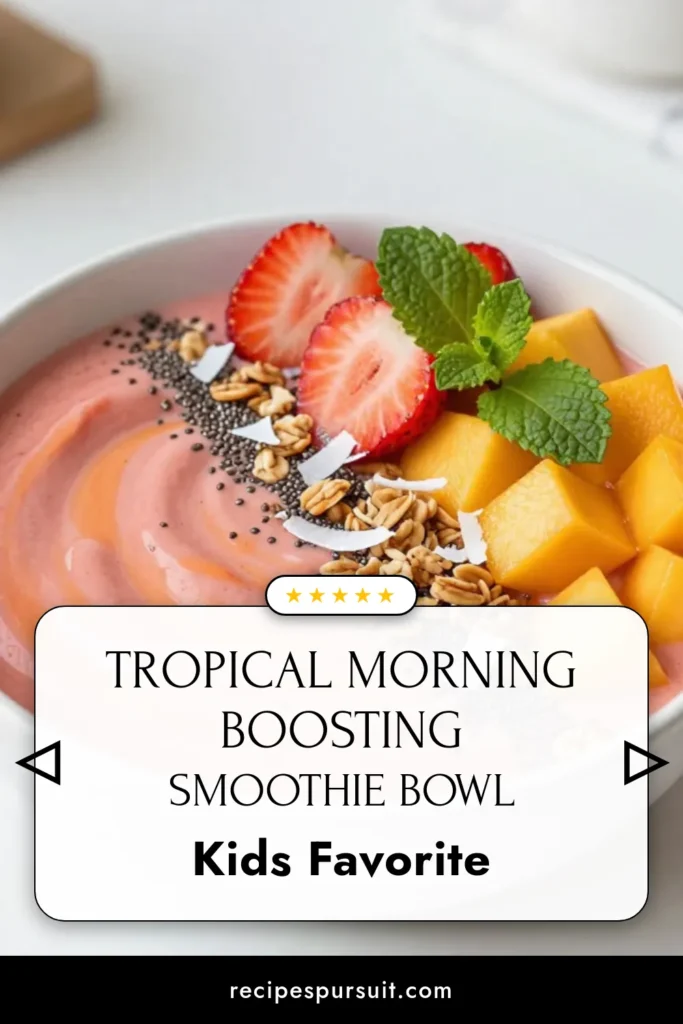 Start your day with a delicious Strawberry Mango Smoothie Bowl! This Healthy Smoothie Bowl Recipe is perfect for a refreshing breakfast. Blend frozen strawberries, mango, banana, and almond milk, and top with your favorite Fruit Smoothie Bowl Toppings like granola and chia seeds. Enjoy a wholesome, vegan option that&rsquo;s as pleasing to the eyes as it is to the taste buds. Try it now and elevate your morning routine! #SmoothieBowl #HealthyBreakfast #VeganRecipes #FruitToppings