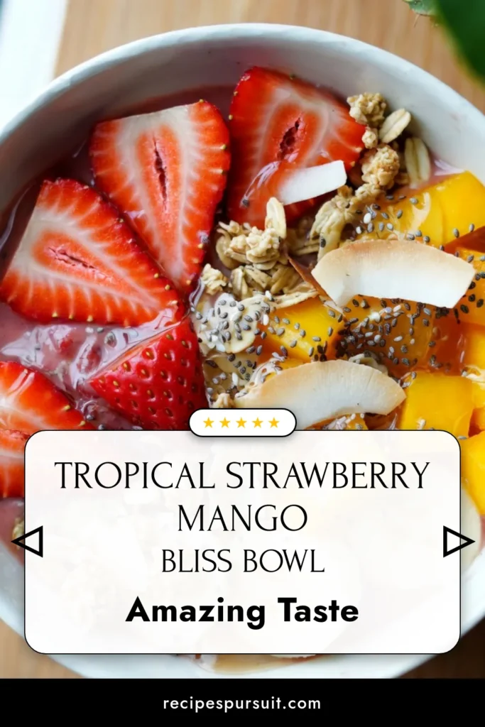 Start your day with a delicious Strawberry Mango Smoothie Bowl that's not only a feast for your eyes but also a quick, healthy breakfast! This vegan smoothie bowl recipe blends strawberries, mango, and banana for a creamy delight. Top it off with fresh fruits, granola, and chia seeds for extra crunch and nutrition. Perfect for a tropical breakfast vibe! Try this easy recipe today! #SmoothieBowl #HealthyBreakfast #VeganRecipes #TropicalSmoothie