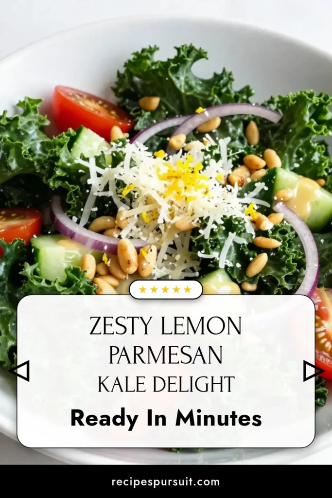 Discover the ultimate Zesty Kale Salad with our Lemon Parmesan Salad recipe, perfect for a healthy meal! This Easy Salad with Lemon combines massaged kale, freshly grated Parmesan, and vibrant veggies for a delicious dish. Elevate your healthy kale recipes with this quick 25-minute recipe that's ideal for any occasion. Try it today and enjoy the fresh, tangy flavors! Save for later! #KaleSalad #HealthyRecipes #ParmesanKaleSalad #SaladRecipes