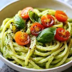 - 2 ripe avocados, pitted and peeled - 12 oz pasta of choice (spaghetti or penne work great) - 2 cloves garlic, minced - 1 tablespoon lemon juice - 1/4 cup extra virgin olive oil - 1/2 teaspoon salt - 1/4 teaspoon black pepper The heart of this dish is the ripe avocados. They give a creamy texture that makes the pasta feel rich without heavy cream. You can choose spaghetti or penne, depending on what you like. Garlic adds a nice flavor that pairs well with the avocado. The lemon juice brightens the taste, while olive oil makes it silky smooth. Use salt and black pepper to enhance all the flavors. - 1/4 teaspoon red pepper flakes (optional for heat) - 1/2 cup cherry tomatoes, halved - Grated Parmesan cheese (optional, for serving) If you want a little kick, add red pepper flakes. Cherry tomatoes bring a sweet burst that contrasts nicely with the creamy sauce. Grated Parmesan cheese adds a savory touch. You can skip it for a lighter dish or if you prefer it vegan. - Fresh basil leaves - Additional olive oil Garnish your pasta with fresh basil leaves for a pop of color and flavor. A drizzle of extra olive oil on top adds richness and makes the dish look fancy. These simple touches make your meal beautiful and delicious. {{ingredient_image_1}} - Start by boiling salted water in a large pot. - Add your pasta to the boiling water. Cook until it&rsquo;s al dente, which means it should be firm to the bite. - Before draining, reserve about 1/2 cup of that pasta water. This water helps make the sauce creamy. - In a food processor, place the ripe avocados, minced garlic, lemon juice, olive oil, salt, black pepper, and red pepper flakes (if you want some heat). - Blend the mixture until it&rsquo;s smooth and creamy. - If the sauce feels too thick, slowly add some reserved pasta water to reach the right consistency. - In the same pot where you cooked the pasta, add the drained pasta back in. - Pour the creamy avocado sauce over the pasta and mix it well, ensuring every piece gets coated. - Gently fold in the halved cherry tomatoes. This adds freshness and flavor to your dish. To get that perfect creamy texture, you need pasta water. This starchy water helps the sauce stick to the pasta. When you drain your pasta, save half a cup of this water. If your sauce is thick, add a little water to it. Blend until smooth for the best results. Use a food processor for a silky sauce. If you don&rsquo;t have one, a blender works too. Just make sure to scrape down the sides to mix well. You can boost the flavor with some spices. Try adding a pinch of garlic powder or onion powder for extra depth. A dash of smoked paprika can also bring a nice twist. Fresh herbs, like parsley or cilantro, add brightness. Toss in some chopped basil along with the sauce for a fresh taste. You can also mix in lemon zest to give it a citrusy kick. For a lovely presentation, serve your pasta in shallow bowls. A drizzle of olive oil on top makes it look fancy. Add a sprinkle of red pepper flakes for a pop of color. Whole basil leaves on top can make it really stand out. Pair it with grilled chicken or shrimp for more protein. A side salad with fresh greens complements the meal well. Enjoy your vibrant dish! Pro Tips Choose Ripe Avocados: Make sure your avocados are ripe and slightly soft to the touch for the creamiest sauce. Use Fresh Ingredients: Fresh garlic and high-quality olive oil will enhance the flavor of your sauce significantly. Adjust Consistency: If your sauce is too thick, add the reserved pasta water gradually until you reach your preferred consistency. Enhance with Toppings: Don't skip the fresh basil and Parmesan cheese; they add wonderful flavor and visual appeal! {{image_2}} For a vegan twist on creamy avocado pasta, simply leave out the Parmesan cheese. This keeps the dish plant-based. You can add a nutty flavor by using nutritional yeast instead. This will give you that cheesy taste without dairy. Nutritional yeast is easy to find and adds a boost of nutrients, too. If you need a gluten-free option, choose gluten-free pasta. Many brands offer good choices that cook well. You can also try alternative sauces like a simple olive oil mix. This keeps the dish light yet flavorful, perfect for anyone with gluten needs. Want to change up the taste? Try adding spinach or kale for a green boost. These greens mix well with the creamy sauce. You can also incorporate nuts, like walnuts or pine nuts. They add a nice crunch and make the dish more filling. Mixing flavors keeps this pasta fresh every time you make it. You can store leftover creamy avocado pasta in the fridge for up to three days. Place the pasta in an airtight container to keep it fresh. This helps keep the flavors intact. Avoid using metal containers as they can react with the avocado. Glass or plastic containers work best. If you want to save some for later, you can freeze the avocado sauce. Place the sauce in a freezer-safe bag or container. Make sure to remove as much air as possible. You can freeze it for up to three months. When you&rsquo;re ready to use it, thaw it overnight in the fridge. Reheat the sauce gently in a pan. For pasta, it&rsquo;s best to cook fresh. Freezing cooked pasta can change its texture. If you want to save time, make the avocado sauce ahead of time. You can blend it and store it in the fridge for a quick meal. You can also pre-cook the pasta. Just cook it until al dente, drain it, and toss it with a little oil to prevent sticking. Store it in an airtight container, and it will be ready for your next meal! You can store creamy avocado pasta in the fridge for up to three days. After that, the avocado may brown. To keep it fresh, cover the pasta tightly. Use an airtight container for best results. Yes, you can make the avocado sauce in advance. Store it in the fridge for one day. Add a bit of lemon juice to help prevent browning. Make sure to seal it well to keep air out. If you want a different flavor, try using cooked pumpkin or silken tofu. Both can give a creamy texture. You could also use a store-bought sauce like pesto for a different taste. Yes, this recipe is great for meal prep! You can make the sauce and pasta ahead of time. Just keep them separate until serving. This way, the pasta stays fresh and the sauce stays creamy. Absolutely! You can add more red pepper flakes for heat. If you want it milder, reduce or omit them. Taste as you go to find the right balance for your palate. This blog post covered how to make a creamy avocado pasta. You learned about main and optional ingredients, like ripe avocados and garlic. I shared step-by-step instructions for cooking the pasta and making the sauce. Tips for storage and meal prep will help your cooking go smoothly. With these ideas, you can create tasty dishes that fit your needs. Enjoy experimenting with flavors and ingredients to find your favorite!