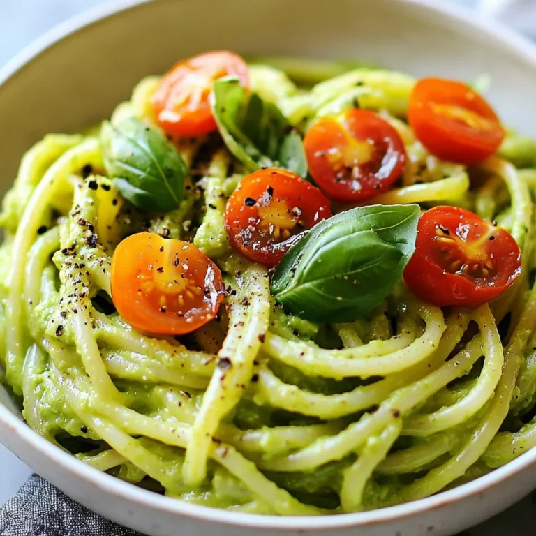 - 2 ripe avocados, pitted and peeled - 12 oz pasta of choice (spaghetti or penne work great) - 2 cloves garlic, minced - 1 tablespoon lemon juice - 1/4 cup extra virgin olive oil - 1/2 teaspoon salt - 1/4 teaspoon black pepper The heart of this dish is the ripe avocados. They give a creamy texture that makes the pasta feel rich without heavy cream. You can choose spaghetti or penne, depending on what you like. Garlic adds a nice flavor that pairs well with the avocado. The lemon juice brightens the taste, while olive oil makes it silky smooth. Use salt and black pepper to enhance all the flavors. - 1/4 teaspoon red pepper flakes (optional for heat) - 1/2 cup cherry tomatoes, halved - Grated Parmesan cheese (optional, for serving) If you want a little kick, add red pepper flakes. Cherry tomatoes bring a sweet burst that contrasts nicely with the creamy sauce. Grated Parmesan cheese adds a savory touch. You can skip it for a lighter dish or if you prefer it vegan. - Fresh basil leaves - Additional olive oil Garnish your pasta with fresh basil leaves for a pop of color and flavor. A drizzle of extra olive oil on top adds richness and makes the dish look fancy. These simple touches make your meal beautiful and delicious. {{ingredient_image_1}} - Start by boiling salted water in a large pot. - Add your pasta to the boiling water. Cook until it’s al dente, which means it should be firm to the bite. - Before draining, reserve about 1/2 cup of that pasta water. This water helps make the sauce creamy. - In a food processor, place the ripe avocados, minced garlic, lemon juice, olive oil, salt, black pepper, and red pepper flakes (if you want some heat). - Blend the mixture until it’s smooth and creamy. - If the sauce feels too thick, slowly add some reserved pasta water to reach the right consistency. - In the same pot where you cooked the pasta, add the drained pasta back in. - Pour the creamy avocado sauce over the pasta and mix it well, ensuring every piece gets coated. - Gently fold in the halved cherry tomatoes. This adds freshness and flavor to your dish. To get that perfect creamy texture, you need pasta water. This starchy water helps the sauce stick to the pasta. When you drain your pasta, save half a cup of this water. If your sauce is thick, add a little water to it. Blend until smooth for the best results. Use a food processor for a silky sauce. If you don’t have one, a blender works too. Just make sure to scrape down the sides to mix well. You can boost the flavor with some spices. Try adding a pinch of garlic powder or onion powder for extra depth. A dash of smoked paprika can also bring a nice twist. Fresh herbs, like parsley or cilantro, add brightness. Toss in some chopped basil along with the sauce for a fresh taste. You can also mix in lemon zest to give it a citrusy kick. For a lovely presentation, serve your pasta in shallow bowls. A drizzle of olive oil on top makes it look fancy. Add a sprinkle of red pepper flakes for a pop of color. Whole basil leaves on top can make it really stand out. Pair it with grilled chicken or shrimp for more protein. A side salad with fresh greens complements the meal well. Enjoy your vibrant dish! Pro Tips Choose Ripe Avocados: Make sure your avocados are ripe and slightly soft to the touch for the creamiest sauce. Use Fresh Ingredients: Fresh garlic and high-quality olive oil will enhance the flavor of your sauce significantly. Adjust Consistency: If your sauce is too thick, add the reserved pasta water gradually until you reach your preferred consistency. Enhance with Toppings: Don't skip the fresh basil and Parmesan cheese; they add wonderful flavor and visual appeal! {{image_2}} For a vegan twist on creamy avocado pasta, simply leave out the Parmesan cheese. This keeps the dish plant-based. You can add a nutty flavor by using nutritional yeast instead. This will give you that cheesy taste without dairy. Nutritional yeast is easy to find and adds a boost of nutrients, too. If you need a gluten-free option, choose gluten-free pasta. Many brands offer good choices that cook well. You can also try alternative sauces like a simple olive oil mix. This keeps the dish light yet flavorful, perfect for anyone with gluten needs. Want to change up the taste? Try adding spinach or kale for a green boost. These greens mix well with the creamy sauce. You can also incorporate nuts, like walnuts or pine nuts. They add a nice crunch and make the dish more filling. Mixing flavors keeps this pasta fresh every time you make it. You can store leftover creamy avocado pasta in the fridge for up to three days. Place the pasta in an airtight container to keep it fresh. This helps keep the flavors intact. Avoid using metal containers as they can react with the avocado. Glass or plastic containers work best. If you want to save some for later, you can freeze the avocado sauce. Place the sauce in a freezer-safe bag or container. Make sure to remove as much air as possible. You can freeze it for up to three months. When you’re ready to use it, thaw it overnight in the fridge. Reheat the sauce gently in a pan. For pasta, it’s best to cook fresh. Freezing cooked pasta can change its texture. If you want to save time, make the avocado sauce ahead of time. You can blend it and store it in the fridge for a quick meal. You can also pre-cook the pasta. Just cook it until al dente, drain it, and toss it with a little oil to prevent sticking. Store it in an airtight container, and it will be ready for your next meal! You can store creamy avocado pasta in the fridge for up to three days. After that, the avocado may brown. To keep it fresh, cover the pasta tightly. Use an airtight container for best results. Yes, you can make the avocado sauce in advance. Store it in the fridge for one day. Add a bit of lemon juice to help prevent browning. Make sure to seal it well to keep air out. If you want a different flavor, try using cooked pumpkin or silken tofu. Both can give a creamy texture. You could also use a store-bought sauce like pesto for a different taste. Yes, this recipe is great for meal prep! You can make the sauce and pasta ahead of time. Just keep them separate until serving. This way, the pasta stays fresh and the sauce stays creamy. Absolutely! You can add more red pepper flakes for heat. If you want it milder, reduce or omit them. Taste as you go to find the right balance for your palate. This blog post covered how to make a creamy avocado pasta. You learned about main and optional ingredients, like ripe avocados and garlic. I shared step-by-step instructions for cooking the pasta and making the sauce. Tips for storage and meal prep will help your cooking go smoothly. With these ideas, you can create tasty dishes that fit your needs. Enjoy experimenting with flavors and ingredients to find your favorite!
