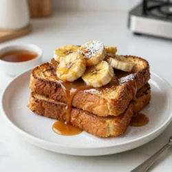 To make Caramelized Banana French Toast, gather these simple ingredients: - 4 slices of thick brioche bread - 2 ripe bananas, sliced - 2 tablespoons unsalted butter - 2 tablespoons brown sugar - 2 large eggs - 1/2 cup milk (or a dairy-free alternative) - 1 teaspoon vanilla extract - 1/2 teaspoon ground cinnamon - Pinch of salt - Maple syrup and powdered sugar for serving These ingredients create a sweet and creamy breakfast treat. The thick brioche bread gives a soft base. Ripe bananas add natural sweetness. Butter and brown sugar create a lovely caramel. The eggs and milk mix for a fluffy texture. Vanilla and cinnamon add warmth and depth. Maple syrup and powdered sugar are perfect toppings. With these items, you can craft a delightful meal. The combination will impress anyone at your table. {{ingredient_image_1}} To caramelize bananas, start with ripe ones. Ripe bananas are sweeter and will caramelize better. 1. Melt 1 tablespoon of unsalted butter in a medium skillet over medium heat. 2. Add the sliced bananas. 3. Sprinkle 2 tablespoons of brown sugar over the bananas. 4. Cook for 2-3 minutes. Stir gently. You want the bananas to turn golden and soft. This step gives them a lovely flavor. Tip: Watch closely to avoid burning. The bananas should look shiny and brown. Now, let's make the egg mixture. It binds the bread and adds flavor. 1. In a bowl, crack 2 large eggs. 2. Pour in 1/2 cup of milk. You can use a dairy-free milk if you prefer. 3. Add 1 teaspoon of vanilla extract, 1/2 teaspoon of ground cinnamon, and a pinch of salt. Technique: Whisk the mixture well with a fork. Make sure the eggs and milk blend completely. This will help create a smooth texture for the French toast. Cooking the French toast is the fun part. You get to see it come to life! 1. Heat a skillet or griddle over medium-low heat. 2. Add the remaining tablespoon of butter and let it melt. 3. Dip a slice of brioche into the egg mixture. Let it soak for a few seconds on each side. 4. Place the soaked brioche into the skillet. Cooking Time: Cook for 3-4 minutes on each side. Look for a golden brown color. Pro Tip: Flip the bread gently. A spatula works well here. This keeps the toast from breaking. After cooking, top the toast with the caramelized bananas. Enjoy your tasty breakfast treat! To get that sweet, golden look, cook the bananas for about 2-3 minutes. Use medium heat and stir gently. Make sure the bananas are ripe. Ripe bananas are sweeter and softer. They will caramelize better and add more flavor. Plating is key for a beautiful dish. Stack the French toast and spoon the caramelized bananas on top. Dust with powdered sugar for a touch of elegance. You can add a sprig of mint for color. Drizzle with maple syrup to enhance the sweetness. If you want, add chopped nuts for extra crunch. Soaking the bread too long can make it soggy. Just dip it quickly in the egg mixture. Also, watch your cooking time. Overcooking makes the French toast dry. Under-cooking leaves it raw inside. Cook for about 3-4 minutes on each side until golden brown. Pro Tips Choose the Right Bread: Opt for thick-cut brioche or challah for a richer flavor and a fluffier texture that holds up well to soaking. Perfect Caramelization: Cook the bananas on medium heat and be patient; allow them to develop a deep golden color for the best flavor. Soak Time Matters: Don&rsquo;t rush the soaking process; let the brioche absorb the egg mixture for a few seconds on each side for a custardy inside. Garnish for Appeal: A sprinkle of powdered sugar and a sprig of mint not only enhance presentation but also add a refreshing contrast to the sweetness. {{image_2}} You can switch up the bread in your caramelized banana French toast. Here are some tasty choices: - Challah: This bread is soft and sweet. It soaks up the egg mixture well. - Sourdough: This has a nice tang. It gives a unique flavor and texture. - Whole Wheat Bread: This option is healthier and adds fiber. It still tastes great with bananas. - Gluten-Free Bread: If you need a gluten-free option, choose a good quality gluten-free bread. It works well in this recipe. To make your French toast even better, try these flavor boosts: - Nutmeg: Just a pinch adds warmth and depth. It pairs nicely with cinnamon. - Almond Extract: A small splash gives a nutty taste. It complements bananas well. - Cocoa Powder: Mix in a little for a chocolate twist. It makes the dish richer and more fun. - Coconut Flakes: Add some for a tropical vibe. It gives a nice crunch too. You can easily make this dish fit your diet: - Dairy-Free: Use almond milk or coconut milk instead of regular milk. It keeps the flavor good. - Gluten-Free: As mentioned, use gluten-free bread. This allows everyone to enjoy it. - Egg-Free: For a vegan option, try a banana or flaxseed mixture in place of eggs. It binds the bread while adding flavor. With these variations, you can enjoy your caramelized banana French toast in many ways! To keep your Caramelized Banana French Toast fresh, store it well. Place any leftovers in an airtight container. This helps prevent the bread from drying out. You can refrigerate it for up to three days. If you have more than you can eat, freeze it. Wrap each slice in plastic wrap and then place them in a freezer bag. This way, they can last for up to two months. When you're ready to enjoy leftovers, reheating is key. For the best texture, use a skillet. Heat it over medium-low heat and add a little butter. Place the French toast slices in the skillet. Cook each side for about two to three minutes until warm. You can also use a toaster oven. This method keeps the outside crispy while warming the inside. Avoid using a microwave, as it can make the bread soggy. Yes, you can prep some parts in advance. You can slice the bananas and mix the egg mixture the night before. Store the egg mixture in the fridge. This saves time in the morning. You can also cook the French toast and keep it warm in the oven. Set the oven to a low heat, about 200&deg;F. I love serving this dish with fresh berries. Blueberries, strawberries, or raspberries add color and flavor. You can also try crispy bacon or sausage for a savory touch. Yogurt on the side adds creaminess too. A sprinkle of nuts like walnuts or pecans gives a nice crunch. To make this recipe vegan, swap the eggs with flaxseed meal. Mix one tablespoon of flaxseed meal with three tablespoons of water. Let it sit for a few minutes until it thickens. Use a plant-based milk like almond or oat milk instead of regular milk. For butter, use a vegan alternative. This way, everyone can enjoy this tasty treat! Caramelized Banana French Toast is a treat you can create with simple steps. You learned how to caramelize bananas, whip up the egg mixture, and cook the perfect toast. Remember to avoid common mistakes to ensure the best result. With tips on variations and storage, you can enjoy this dish anytime. Final thoughts: this recipe is great for breakfast or brunch. Use the ideas shared to make this dish your own and impress your family and friends. Enjoy your cooking!