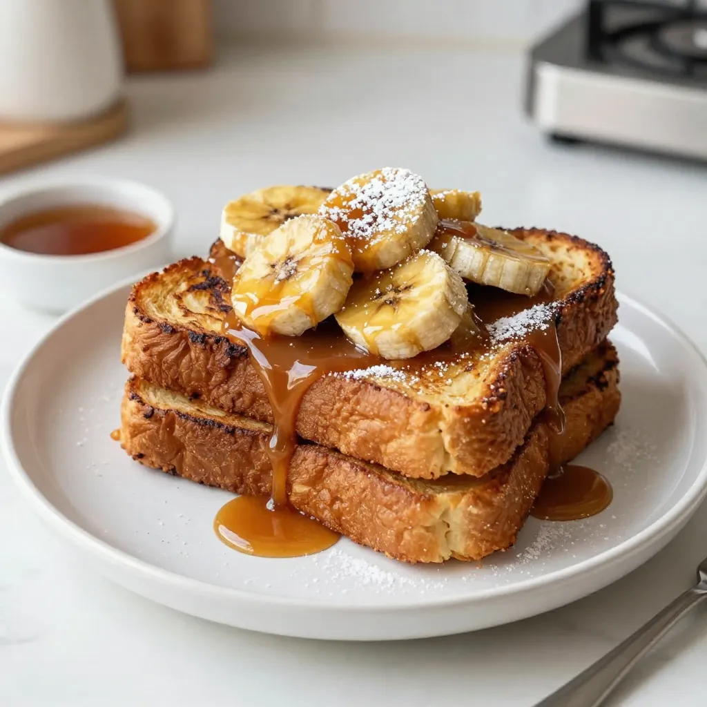 To make Caramelized Banana French Toast, gather these simple ingredients: - 4 slices of thick brioche bread - 2 ripe bananas, sliced - 2 tablespoons unsalted butter - 2 tablespoons brown sugar - 2 large eggs - 1/2 cup milk (or a dairy-free alternative) - 1 teaspoon vanilla extract - 1/2 teaspoon ground cinnamon - Pinch of salt - Maple syrup and powdered sugar for serving These ingredients create a sweet and creamy breakfast treat. The thick brioche bread gives a soft base. Ripe bananas add natural sweetness. Butter and brown sugar create a lovely caramel. The eggs and milk mix for a fluffy texture. Vanilla and cinnamon add warmth and depth. Maple syrup and powdered sugar are perfect toppings. With these items, you can craft a delightful meal. The combination will impress anyone at your table. {{ingredient_image_1}} To caramelize bananas, start with ripe ones. Ripe bananas are sweeter and will caramelize better. 1. Melt 1 tablespoon of unsalted butter in a medium skillet over medium heat. 2. Add the sliced bananas. 3. Sprinkle 2 tablespoons of brown sugar over the bananas. 4. Cook for 2-3 minutes. Stir gently. You want the bananas to turn golden and soft. This step gives them a lovely flavor. Tip: Watch closely to avoid burning. The bananas should look shiny and brown. Now, let's make the egg mixture. It binds the bread and adds flavor. 1. In a bowl, crack 2 large eggs. 2. Pour in 1/2 cup of milk. You can use a dairy-free milk if you prefer. 3. Add 1 teaspoon of vanilla extract, 1/2 teaspoon of ground cinnamon, and a pinch of salt. Technique: Whisk the mixture well with a fork. Make sure the eggs and milk blend completely. This will help create a smooth texture for the French toast. Cooking the French toast is the fun part. You get to see it come to life! 1. Heat a skillet or griddle over medium-low heat. 2. Add the remaining tablespoon of butter and let it melt. 3. Dip a slice of brioche into the egg mixture. Let it soak for a few seconds on each side. 4. Place the soaked brioche into the skillet. Cooking Time: Cook for 3-4 minutes on each side. Look for a golden brown color. Pro Tip: Flip the bread gently. A spatula works well here. This keeps the toast from breaking. After cooking, top the toast with the caramelized bananas. Enjoy your tasty breakfast treat! To get that sweet, golden look, cook the bananas for about 2-3 minutes. Use medium heat and stir gently. Make sure the bananas are ripe. Ripe bananas are sweeter and softer. They will caramelize better and add more flavor. Plating is key for a beautiful dish. Stack the French toast and spoon the caramelized bananas on top. Dust with powdered sugar for a touch of elegance. You can add a sprig of mint for color. Drizzle with maple syrup to enhance the sweetness. If you want, add chopped nuts for extra crunch. Soaking the bread too long can make it soggy. Just dip it quickly in the egg mixture. Also, watch your cooking time. Overcooking makes the French toast dry. Under-cooking leaves it raw inside. Cook for about 3-4 minutes on each side until golden brown. Pro Tips Choose the Right Bread: Opt for thick-cut brioche or challah for a richer flavor and a fluffier texture that holds up well to soaking. Perfect Caramelization: Cook the bananas on medium heat and be patient; allow them to develop a deep golden color for the best flavor. Soak Time Matters: Don’t rush the soaking process; let the brioche absorb the egg mixture for a few seconds on each side for a custardy inside. Garnish for Appeal: A sprinkle of powdered sugar and a sprig of mint not only enhance presentation but also add a refreshing contrast to the sweetness. {{image_2}} You can switch up the bread in your caramelized banana French toast. Here are some tasty choices: - Challah: This bread is soft and sweet. It soaks up the egg mixture well. - Sourdough: This has a nice tang. It gives a unique flavor and texture. - Whole Wheat Bread: This option is healthier and adds fiber. It still tastes great with bananas. - Gluten-Free Bread: If you need a gluten-free option, choose a good quality gluten-free bread. It works well in this recipe. To make your French toast even better, try these flavor boosts: - Nutmeg: Just a pinch adds warmth and depth. It pairs nicely with cinnamon. - Almond Extract: A small splash gives a nutty taste. It complements bananas well. - Cocoa Powder: Mix in a little for a chocolate twist. It makes the dish richer and more fun. - Coconut Flakes: Add some for a tropical vibe. It gives a nice crunch too. You can easily make this dish fit your diet: - Dairy-Free: Use almond milk or coconut milk instead of regular milk. It keeps the flavor good. - Gluten-Free: As mentioned, use gluten-free bread. This allows everyone to enjoy it. - Egg-Free: For a vegan option, try a banana or flaxseed mixture in place of eggs. It binds the bread while adding flavor. With these variations, you can enjoy your caramelized banana French toast in many ways! To keep your Caramelized Banana French Toast fresh, store it well. Place any leftovers in an airtight container. This helps prevent the bread from drying out. You can refrigerate it for up to three days. If you have more than you can eat, freeze it. Wrap each slice in plastic wrap and then place them in a freezer bag. This way, they can last for up to two months. When you're ready to enjoy leftovers, reheating is key. For the best texture, use a skillet. Heat it over medium-low heat and add a little butter. Place the French toast slices in the skillet. Cook each side for about two to three minutes until warm. You can also use a toaster oven. This method keeps the outside crispy while warming the inside. Avoid using a microwave, as it can make the bread soggy. Yes, you can prep some parts in advance. You can slice the bananas and mix the egg mixture the night before. Store the egg mixture in the fridge. This saves time in the morning. You can also cook the French toast and keep it warm in the oven. Set the oven to a low heat, about 200°F. I love serving this dish with fresh berries. Blueberries, strawberries, or raspberries add color and flavor. You can also try crispy bacon or sausage for a savory touch. Yogurt on the side adds creaminess too. A sprinkle of nuts like walnuts or pecans gives a nice crunch. To make this recipe vegan, swap the eggs with flaxseed meal. Mix one tablespoon of flaxseed meal with three tablespoons of water. Let it sit for a few minutes until it thickens. Use a plant-based milk like almond or oat milk instead of regular milk. For butter, use a vegan alternative. This way, everyone can enjoy this tasty treat! Caramelized Banana French Toast is a treat you can create with simple steps. You learned how to caramelize bananas, whip up the egg mixture, and cook the perfect toast. Remember to avoid common mistakes to ensure the best result. With tips on variations and storage, you can enjoy this dish anytime. Final thoughts: this recipe is great for breakfast or brunch. Use the ideas shared to make this dish your own and impress your family and friends. Enjoy your cooking!