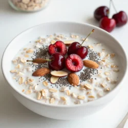 - 1 cup rolled oats - 1 &frac12; cups almond milk (or milk of your choice) - 1 cup fresh or frozen cherries, pitted and halved - 2 tablespoons almond butter - 1 tablespoon chia seeds I love using rolled oats for this recipe. They soak up the milk well and give a great texture. You can choose almond milk or any milk you like. I often use oat milk, which also works nicely. Cherries add a sweet and tart flavor. You can use fresh or frozen cherries, depending on what you have. Almond butter adds creaminess and healthy fats. Chia seeds not only boost nutrition but also help thicken the oats. - 1 tablespoon maple syrup (optional, adjust to sweetness) - &frac12; teaspoon vanilla extract - &frac14; teaspoon almond extract Adding sweeteners makes the oats taste even better. Maple syrup is a great option. If you want less sugar, skip it. Vanilla extract gives a warm flavor, while almond extract enhances the almond taste. Just a little goes a long way. - Sliced almonds - Fresh cherries for garnish Toppings make your overnight oats look pretty. Sliced almonds add a nice crunch. You can also use fresh cherries to make it more colorful. When you serve them, they look inviting and delicious. {{ingredient_image_1}} 1. Start by grabbing a bowl or a mason jar. 2. Add in 1 cup of rolled oats. 3. Next, pour in 1 &frac12; cups of almond milk. 4. Then, scoop 2 tablespoons of almond butter into the mix. 5. Don&rsquo;t forget 1 tablespoon of chia seeds. 6. For a hint of sweetness, add 1 tablespoon of maple syrup. 7. Add &frac12; teaspoon of vanilla extract and &frac14; teaspoon of almond extract. 8. Stir the mixture well. Make sure the almond butter blends in fully. 1. Take 1 cup of fresh or frozen cherries and pit them. 2. Halve the cherries to make them bite-sized. 3. Gently fold the cherries into your oat mixture. 4. Mix them thoroughly so every bite has a cherry. 1. Cover your bowl or jar with a lid or plastic wrap. 2. Place it in the fridge overnight. 3. If you&rsquo;re short on time, let it soak for at least 4 hours. 4. This soaking lets the oats absorb the milk and flavors fully. To get the right thickness in your overnight oats, adjust the almond milk. If you want a thicker texture, use less almond milk. For a creamier mix, add more. You can also include a dollop of yogurt or a splash of coconut cream for extra creaminess. This will make your oats smooth and rich. These oats last up to five days in the fridge. This means you can prep a batch for the week. Just divide the oats into jars or containers. Each morning, grab one and enjoy a quick, tasty breakfast. This saves time and keeps you on track with healthy eating. Add more toppings for extra flavor and crunch. Try sliced bananas, berries, or a sprinkle of cinnamon. You can also swap in different fruits, like peaches or blueberries. Experiment with spices like nutmeg or cardamom to change the taste. Each variation can make your breakfast feel fresh and exciting! Pro Tips Use Fresh Cherries: For the best flavor, opt for fresh cherries when in season. They provide a natural sweetness and vibrant color to your overnight oats. Customize Your Milk: Feel free to experiment with different types of milk such as coconut, soy, or oat milk to find your favorite flavor combination. Meal Prep for the Week: Make a batch of these overnight oats and store them in individual jars for a quick breakfast option throughout the week. Enhance the Texture: Add in some nuts or seeds for an added crunch. Chopped walnuts or pumpkin seeds pair well with the cherry and almond flavors. {{image_2}} You can swap cherries for other fruits. Blueberries and peaches work great. Fresh fruit gives a sweet taste. Frozen fruit is also good and saves time. You can change the fruit based on the season. For summer, try strawberries. In fall, apples add a nice crunch. You can use different nut butters. Peanut butter adds a rich flavor. Cashew butter is creamy and mild. You can also add seeds. Pumpkin seeds add crunch. Hemp seeds give protein and healthy fats. Mix and match to find your favorite taste. If you want to try different milk, go for oat or coconut milk. They add unique flavors. Almond milk is light, but others can be creamier. For a richer texture, use full-fat coconut milk. This makes your oats smooth and dreamy. To keep your cherry almond overnight oats fresh, store them in an airtight container. Glass mason jars work well. They prevent air from getting in and keep the oats moist. Make sure to seal the lid tightly after each use. This helps the oats stay fresh and tasty. You can freeze your overnight oats if you want to save them for later. Use a freezer-safe container. Leave some space at the top because the oats will expand. When you want to eat them, move the oats to the fridge. Let them defrost overnight. You can also warm them in the microwave. Add a splash of almond milk for a smooth texture. In the fridge, overnight oats last for about 3 to 5 days. You can enjoy them throughout the week. If you freeze them, they remain good for about 2 to 3 months. Check your oats for signs of spoilage. Look for a sour smell or a change in texture. If you notice these changes, it's best to throw them away. You can use instant oats, but they are different from rolled oats. Rolled oats soak up liquid and stay chewy. Instant oats cook quickly and can become mushy. If you choose instant oats, reduce the soaking time. You can use any milk you like. Dairy milk is one option. Other non-dairy milks include soy, oat, or coconut milk. Each milk brings its own flavor. Choose one that fits your taste. These oats will last for about 3 to 5 days in the fridge. Make sure to store them in an airtight container. Check for any off smells or changes in texture before eating. Yes, this recipe is already vegan-friendly! Just use maple syrup for sweetness. Ensure your almond butter is free from animal products. This way, you keep it plant-based and delicious! This blog post covered everything you need for delicious overnight oats. We explored key ingredients like rolled oats, almond milk, and cherries. The steps for mixing and refrigerating the oats were clear. I shared tips to perfect the texture and other flavor options. You can customize this recipe with different fruits and nut butters. Store them properly for freshness. Now you have the tools to create tasty and healthy meals. Enjoy your journey with overnight oats!