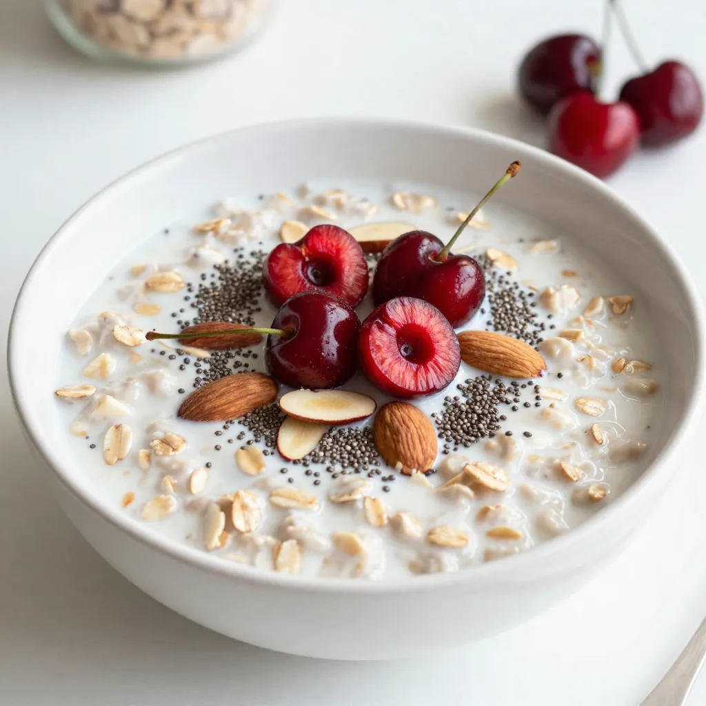 - 1 cup rolled oats - 1 &frac12; cups almond milk (or milk of your choice) - 1 cup fresh or frozen cherries, pitted and halved - 2 tablespoons almond butter - 1 tablespoon chia seeds I love using rolled oats for this recipe. They soak up the milk well and give a great texture. You can choose almond milk or any milk you like. I often use oat milk, which also works nicely. Cherries add a sweet and tart flavor. You can use fresh or frozen cherries, depending on what you have. Almond butter adds creaminess and healthy fats. Chia seeds not only boost nutrition but also help thicken the oats. - 1 tablespoon maple syrup (optional, adjust to sweetness) - &frac12; teaspoon vanilla extract - &frac14; teaspoon almond extract Adding sweeteners makes the oats taste even better. Maple syrup is a great option. If you want less sugar, skip it. Vanilla extract gives a warm flavor, while almond extract enhances the almond taste. Just a little goes a long way. - Sliced almonds - Fresh cherries for garnish Toppings make your overnight oats look pretty. Sliced almonds add a nice crunch. You can also use fresh cherries to make it more colorful. When you serve them, they look inviting and delicious. {{ingredient_image_1}} 1. Start by grabbing a bowl or a mason jar. 2. Add in 1 cup of rolled oats. 3. Next, pour in 1 &frac12; cups of almond milk. 4. Then, scoop 2 tablespoons of almond butter into the mix. 5. Don&rsquo;t forget 1 tablespoon of chia seeds. 6. For a hint of sweetness, add 1 tablespoon of maple syrup. 7. Add &frac12; teaspoon of vanilla extract and &frac14; teaspoon of almond extract. 8. Stir the mixture well. Make sure the almond butter blends in fully. 1. Take 1 cup of fresh or frozen cherries and pit them. 2. Halve the cherries to make them bite-sized. 3. Gently fold the cherries into your oat mixture. 4. Mix them thoroughly so every bite has a cherry. 1. Cover your bowl or jar with a lid or plastic wrap. 2. Place it in the fridge overnight. 3. If you&rsquo;re short on time, let it soak for at least 4 hours. 4. This soaking lets the oats absorb the milk and flavors fully. To get the right thickness in your overnight oats, adjust the almond milk. If you want a thicker texture, use less almond milk. For a creamier mix, add more. You can also include a dollop of yogurt or a splash of coconut cream for extra creaminess. This will make your oats smooth and rich. These oats last up to five days in the fridge. This means you can prep a batch for the week. Just divide the oats into jars or containers. Each morning, grab one and enjoy a quick, tasty breakfast. This saves time and keeps you on track with healthy eating. Add more toppings for extra flavor and crunch. Try sliced bananas, berries, or a sprinkle of cinnamon. You can also swap in different fruits, like peaches or blueberries. Experiment with spices like nutmeg or cardamom to change the taste. Each variation can make your breakfast feel fresh and exciting! Pro Tips Use Fresh Cherries: For the best flavor, opt for fresh cherries when in season. They provide a natural sweetness and vibrant color to your overnight oats. Customize Your Milk: Feel free to experiment with different types of milk such as coconut, soy, or oat milk to find your favorite flavor combination. Meal Prep for the Week: Make a batch of these overnight oats and store them in individual jars for a quick breakfast option throughout the week. Enhance the Texture: Add in some nuts or seeds for an added crunch. Chopped walnuts or pumpkin seeds pair well with the cherry and almond flavors. {{image_2}} You can swap cherries for other fruits. Blueberries and peaches work great. Fresh fruit gives a sweet taste. Frozen fruit is also good and saves time. You can change the fruit based on the season. For summer, try strawberries. In fall, apples add a nice crunch. You can use different nut butters. Peanut butter adds a rich flavor. Cashew butter is creamy and mild. You can also add seeds. Pumpkin seeds add crunch. Hemp seeds give protein and healthy fats. Mix and match to find your favorite taste. If you want to try different milk, go for oat or coconut milk. They add unique flavors. Almond milk is light, but others can be creamier. For a richer texture, use full-fat coconut milk. This makes your oats smooth and dreamy. To keep your cherry almond overnight oats fresh, store them in an airtight container. Glass mason jars work well. They prevent air from getting in and keep the oats moist. Make sure to seal the lid tightly after each use. This helps the oats stay fresh and tasty. You can freeze your overnight oats if you want to save them for later. Use a freezer-safe container. Leave some space at the top because the oats will expand. When you want to eat them, move the oats to the fridge. Let them defrost overnight. You can also warm them in the microwave. Add a splash of almond milk for a smooth texture. In the fridge, overnight oats last for about 3 to 5 days. You can enjoy them throughout the week. If you freeze them, they remain good for about 2 to 3 months. Check your oats for signs of spoilage. Look for a sour smell or a change in texture. If you notice these changes, it's best to throw them away. You can use instant oats, but they are different from rolled oats. Rolled oats soak up liquid and stay chewy. Instant oats cook quickly and can become mushy. If you choose instant oats, reduce the soaking time. You can use any milk you like. Dairy milk is one option. Other non-dairy milks include soy, oat, or coconut milk. Each milk brings its own flavor. Choose one that fits your taste. These oats will last for about 3 to 5 days in the fridge. Make sure to store them in an airtight container. Check for any off smells or changes in texture before eating. Yes, this recipe is already vegan-friendly! Just use maple syrup for sweetness. Ensure your almond butter is free from animal products. This way, you keep it plant-based and delicious! This blog post covered everything you need for delicious overnight oats. We explored key ingredients like rolled oats, almond milk, and cherries. The steps for mixing and refrigerating the oats were clear. I shared tips to perfect the texture and other flavor options. You can customize this recipe with different fruits and nut butters. Store them properly for freshness. Now you have the tools to create tasty and healthy meals. Enjoy your journey with overnight oats!