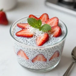 To make Strawberry Coconut Chia Pudding, you will need: - 1 cup coconut milk (canned or carton) - 1 cup almond milk (or any plant-based milk) - 1/4 cup chia seeds - 2 tablespoons maple syrup (or honey) - 1 teaspoon vanilla extract - 1 cup fresh strawberries, hulled and sliced - 1/4 cup unsweetened shredded coconut - Fresh mint leaves for garnish (optional) These ingredients mix well to create a creamy and tasty pudding. The coconut milk gives a rich flavor, while almond milk adds a nice touch. Chia seeds bring texture and nutrition. If you want to change some ingredients, here are some ideas: - Milk: You can use oat milk or soy milk instead of almond milk. - Sweetener: If you prefer, use agave syrup or brown sugar instead of maple syrup. - Fruit: Swap strawberries for blueberries or mango for a different taste. - Coconut: You can leave out the shredded coconut if you don&rsquo;t like it. These swaps keep the pudding delicious while suiting your taste. Chia seeds are tiny but mighty. They pack a lot of nutrition, which makes them great for health. Here are some benefits: - Rich in Fiber: They help keep your tummy happy and full. - High in Omega-3s: These help with heart health and brain function. - Good Protein Source: They provide plant-based protein, beneficial for your muscles. - Loaded with Antioxidants: These help protect your body from damage. By adding chia seeds to your pudding, you boost its health benefits without changing the taste. {{ingredient_image_1}} To start, grab a medium bowl. Pour in 1 cup of coconut milk and 1 cup of almond milk. Whisk these together until they blend well. Next, add 1/4 cup of chia seeds. Stir to mix them in so they don&rsquo;t clump. Then, add 2 tablespoons of maple syrup and 1 teaspoon of vanilla extract. Mix again to combine all the flavors. Cover the bowl with plastic wrap or a lid. Place it in the fridge for at least 4 hours, or even better, overnight. This waiting time allows the chia seeds to soak and expand, creating a thick pudding. Once ready, stir the mixture to ensure a smooth texture before serving. To get the best texture, use fresh chia seeds. Old seeds can lose their ability to thicken. Make sure to stir the mixture well right after adding the chia seeds. This helps prevent clumping. If the pudding seems too thick, add a little more almond milk to loosen it up. If you want it creamier, try using more coconut milk. The right balance between the two milks makes a huge difference. Aim for a pudding-like consistency for the perfect mouthfeel. When you&rsquo;re ready to serve, take out your prepared pudding. Layer it in serving glasses or bowls. Start with a layer of chia pudding, then add a layer of sliced strawberries. Sprinkle some shredded coconut on top. Repeat these layers until you fill the glasses. Finish with a few strawberry slices and a sprinkle of coconut on top. If you like, add fresh mint leaves for a pop of color and flavor. This dish is not only tasty but also looks beautiful when served! To avoid clumping chia seeds, stir them right after adding them to the milk. Chia seeds soak up liquid and expand quickly. If you wait too long, they clump together. Use a whisk for better mixing. After stirring, let the mix sit for a few minutes, then stir again. This will help keep the seeds evenly distributed. To get the best flavor, choose ripe strawberries. Fresh and sweet strawberries make a big difference. The maple syrup adds sweetness, but feel free to adjust it to your taste. You can even use honey if you prefer. Adding vanilla extract gives a warm, sweet note that complements the coconut. Mix well to blend all flavors together. Layering is key for a beautiful presentation. Start with chia pudding in your glass. Then, add a layer of strawberries and a sprinkle of shredded coconut. Repeat until you reach the top. Finish with fresh strawberries and a bit of coconut for a pop of color. If you want, add mint leaves on top for a fresh look. This will make your pudding not just tasty but also lovely to see. Pro Tips Chia Seed Soaking Time: For the best texture, let the chia pudding sit overnight. This allows the seeds to fully expand and create a creamy consistency. Custom Sweetness: Adjust the sweetness to your taste by adding more or less maple syrup or honey. You can also use agave syrup as a substitute. Layering Variations: Get creative with layers! Try adding other fruits like bananas or blueberries along with the strawberries for a colorful presentation. Serving Suggestions: For a fun twist, serve the chia pudding in coconut shells or jars for a tropical feel at your next brunch or gathering. {{image_2}} You can change the fruit in your chia pudding. Try using blueberries, mangoes, or bananas. Each fruit gives a new taste. If you want tartness, use raspberries. For sweetness, peaches work well. Mix and match fruits for fun flavors. Fresh or frozen fruits can both work. Just make sure to adjust the sweetness as needed. This recipe is already vegan and gluten-free! Use plant-based milk like almond or oat. For sweetening, maple syrup is great. If you want to add protein, try a vegan protein powder. Always check your labels to ensure everything is gluten-free. You can enjoy this pudding worry-free! You can boost the flavor of your chia pudding easily. Add a pinch of salt to enhance sweetness. For a tropical twist, try adding pineapple or lime zest. A dash of cinnamon or nutmeg can add warmth. If you love chocolate, mix in cocoa powder. Experiment with your favorite flavors to make it unique! To store your leftover strawberry coconut chia pudding, place it in an airtight container. This keeps it fresh and prevents any odors from your fridge. Make sure to cover it tightly. If you have multiple servings, separate them into individual containers. This way, you can grab a quick snack when you need it. Chia pudding is best served cold, so reheating is not usually needed. If you prefer it warm, heat it gently in a saucepan over low heat. Stir it often to keep it smooth. Avoid boiling, as this can change its texture. You might also add a splash of milk to make it creamier. When stored properly, strawberry coconut chia pudding lasts for about 3 to 5 days in the fridge. Make sure to check for any changes in smell or texture before eating. If you notice anything odd, it&rsquo;s best to toss it out. Enjoy your pudding while it&rsquo;s fresh for the best taste! Yes, you can use any plant-based milk. Almond, oat, or soy milk work well. Each milk adds its own flavor. If you prefer, you can even mix different types of milk. Just ensure it&rsquo;s unsweetened for the best taste. Chia pudding stays fresh for about five days in the fridge. Store it in a sealed container to keep it safe. After a few days, the pudding may thicken more. Just stir it to bring back its creamy texture. Absolutely! Chia pudding is great for meal prep. You can make it ahead for quick breakfasts or snacks. Just prepare the pudding, layer it in jars, and refrigerate. This way, you save time and enjoy it all week long. To sum up, we explored the key ingredients needed for a delicious chia pudding. We discussed substitutions, their health benefits, and detailed steps for perfect preparation. Tips to avoid clumping and enhance flavor were also shared. Remember, you can customize this recipe by choosing different fruits or making it vegan. Finally, proper storage ensures your pudding stays fresh. By following these steps, you can make tasty and healthy chia pudding every time. Enjoy the journey of making and sharing this delightful dish!
