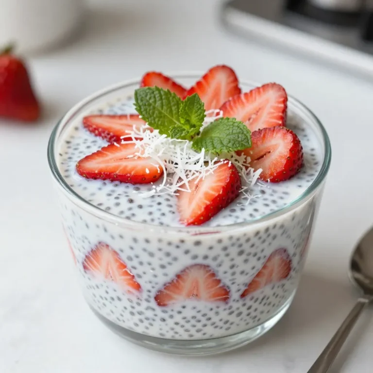 To make Strawberry Coconut Chia Pudding, you will need: - 1 cup coconut milk (canned or carton) - 1 cup almond milk (or any plant-based milk) - 1/4 cup chia seeds - 2 tablespoons maple syrup (or honey) - 1 teaspoon vanilla extract - 1 cup fresh strawberries, hulled and sliced - 1/4 cup unsweetened shredded coconut - Fresh mint leaves for garnish (optional) These ingredients mix well to create a creamy and tasty pudding. The coconut milk gives a rich flavor, while almond milk adds a nice touch. Chia seeds bring texture and nutrition. If you want to change some ingredients, here are some ideas: - Milk: You can use oat milk or soy milk instead of almond milk. - Sweetener: If you prefer, use agave syrup or brown sugar instead of maple syrup. - Fruit: Swap strawberries for blueberries or mango for a different taste. - Coconut: You can leave out the shredded coconut if you don’t like it. These swaps keep the pudding delicious while suiting your taste. Chia seeds are tiny but mighty. They pack a lot of nutrition, which makes them great for health. Here are some benefits: - Rich in Fiber: They help keep your tummy happy and full. - High in Omega-3s: These help with heart health and brain function. - Good Protein Source: They provide plant-based protein, beneficial for your muscles. - Loaded with Antioxidants: These help protect your body from damage. By adding chia seeds to your pudding, you boost its health benefits without changing the taste. {{ingredient_image_1}} To start, grab a medium bowl. Pour in 1 cup of coconut milk and 1 cup of almond milk. Whisk these together until they blend well. Next, add 1/4 cup of chia seeds. Stir to mix them in so they don’t clump. Then, add 2 tablespoons of maple syrup and 1 teaspoon of vanilla extract. Mix again to combine all the flavors. Cover the bowl with plastic wrap or a lid. Place it in the fridge for at least 4 hours, or even better, overnight. This waiting time allows the chia seeds to soak and expand, creating a thick pudding. Once ready, stir the mixture to ensure a smooth texture before serving. To get the best texture, use fresh chia seeds. Old seeds can lose their ability to thicken. Make sure to stir the mixture well right after adding the chia seeds. This helps prevent clumping. If the pudding seems too thick, add a little more almond milk to loosen it up. If you want it creamier, try using more coconut milk. The right balance between the two milks makes a huge difference. Aim for a pudding-like consistency for the perfect mouthfeel. When you’re ready to serve, take out your prepared pudding. Layer it in serving glasses or bowls. Start with a layer of chia pudding, then add a layer of sliced strawberries. Sprinkle some shredded coconut on top. Repeat these layers until you fill the glasses. Finish with a few strawberry slices and a sprinkle of coconut on top. If you like, add fresh mint leaves for a pop of color and flavor. This dish is not only tasty but also looks beautiful when served! To avoid clumping chia seeds, stir them right after adding them to the milk. Chia seeds soak up liquid and expand quickly. If you wait too long, they clump together. Use a whisk for better mixing. After stirring, let the mix sit for a few minutes, then stir again. This will help keep the seeds evenly distributed. To get the best flavor, choose ripe strawberries. Fresh and sweet strawberries make a big difference. The maple syrup adds sweetness, but feel free to adjust it to your taste. You can even use honey if you prefer. Adding vanilla extract gives a warm, sweet note that complements the coconut. Mix well to blend all flavors together. Layering is key for a beautiful presentation. Start with chia pudding in your glass. Then, add a layer of strawberries and a sprinkle of shredded coconut. Repeat until you reach the top. Finish with fresh strawberries and a bit of coconut for a pop of color. If you want, add mint leaves on top for a fresh look. This will make your pudding not just tasty but also lovely to see. Pro Tips Chia Seed Soaking Time: For the best texture, let the chia pudding sit overnight. This allows the seeds to fully expand and create a creamy consistency. Custom Sweetness: Adjust the sweetness to your taste by adding more or less maple syrup or honey. You can also use agave syrup as a substitute. Layering Variations: Get creative with layers! Try adding other fruits like bananas or blueberries along with the strawberries for a colorful presentation. Serving Suggestions: For a fun twist, serve the chia pudding in coconut shells or jars for a tropical feel at your next brunch or gathering. {{image_2}} You can change the fruit in your chia pudding. Try using blueberries, mangoes, or bananas. Each fruit gives a new taste. If you want tartness, use raspberries. For sweetness, peaches work well. Mix and match fruits for fun flavors. Fresh or frozen fruits can both work. Just make sure to adjust the sweetness as needed. This recipe is already vegan and gluten-free! Use plant-based milk like almond or oat. For sweetening, maple syrup is great. If you want to add protein, try a vegan protein powder. Always check your labels to ensure everything is gluten-free. You can enjoy this pudding worry-free! You can boost the flavor of your chia pudding easily. Add a pinch of salt to enhance sweetness. For a tropical twist, try adding pineapple or lime zest. A dash of cinnamon or nutmeg can add warmth. If you love chocolate, mix in cocoa powder. Experiment with your favorite flavors to make it unique! To store your leftover strawberry coconut chia pudding, place it in an airtight container. This keeps it fresh and prevents any odors from your fridge. Make sure to cover it tightly. If you have multiple servings, separate them into individual containers. This way, you can grab a quick snack when you need it. Chia pudding is best served cold, so reheating is not usually needed. If you prefer it warm, heat it gently in a saucepan over low heat. Stir it often to keep it smooth. Avoid boiling, as this can change its texture. You might also add a splash of milk to make it creamier. When stored properly, strawberry coconut chia pudding lasts for about 3 to 5 days in the fridge. Make sure to check for any changes in smell or texture before eating. If you notice anything odd, it’s best to toss it out. Enjoy your pudding while it’s fresh for the best taste! Yes, you can use any plant-based milk. Almond, oat, or soy milk work well. Each milk adds its own flavor. If you prefer, you can even mix different types of milk. Just ensure it’s unsweetened for the best taste. Chia pudding stays fresh for about five days in the fridge. Store it in a sealed container to keep it safe. After a few days, the pudding may thicken more. Just stir it to bring back its creamy texture. Absolutely! Chia pudding is great for meal prep. You can make it ahead for quick breakfasts or snacks. Just prepare the pudding, layer it in jars, and refrigerate. This way, you save time and enjoy it all week long. To sum up, we explored the key ingredients needed for a delicious chia pudding. We discussed substitutions, their health benefits, and detailed steps for perfect preparation. Tips to avoid clumping and enhance flavor were also shared. Remember, you can customize this recipe by choosing different fruits or making it vegan. Finally, proper storage ensures your pudding stays fresh. By following these steps, you can make tasty and healthy chia pudding every time. Enjoy the journey of making and sharing this delightful dish!
