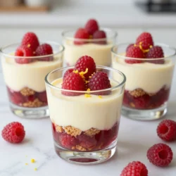- 1 cup graham cracker crumbs - 1/4 cup unsalted butter, melted - 8 oz cream cheese, softened - 1/2 cup powdered sugar - 1 teaspoon vanilla extract - 1 cup heavy whipping cream - 1 cup fresh raspberries (plus extra for garnish) - 2 tablespoons lemon juice - Zest of 1 lemon These ingredients create a tasty and creamy parfait. The graham cracker crumbs provide a nice crunch. The cream cheese adds richness and flavor. Fresh raspberries give a bright, tangy taste that balances the sweetness. Lemon juice and zest enhance the flavor and freshness. - For cream cheese, you can use mascarpone or Greek yogurt. - For whipping cream, try coconut cream for a dairy-free option. - Use gluten-free graham crackers if needed. These substitutions keep the dessert tasty for everyone. You can customize this parfait to fit different diets and preferences. {{ingredient_image_1}} To make the crust, mix graham cracker crumbs with melted butter in a bowl. Stir until the crumbs are evenly coated. This crust will give your parfaits a crunchy base. Next, prepare the cream cheese filling. Beat the softened cream cheese in a bowl until it is smooth. Gradually add powdered sugar and vanilla extract. Mix until it is creamy and well combined. Now, create the raspberry pur&eacute;e. In a small bowl, mash half of the fresh raspberries. Then, add lemon juice and lemon zest to this mixture. Stir well to combine all the flavors. For the parfaits, use clear glasses or parfait cups to show off the layers. Start with a layer of graham cracker crumbs at the bottom. Next, add a layer of the cream cheese mixture. Follow this with a layer of the raspberry pur&eacute;e. Repeat these layers until you fill the glasses. Aim for three to four layers for the best flavor. Finish with a layer of cream cheese on top. This creates a beautiful and tasty finish. Chill the parfaits in the fridge for at least 30 minutes to one hour. This will help the flavors blend and make the parfaits firm. When ready to serve, garnish each parfait with extra fresh raspberries. You can also add a sprinkle of lemon zest for an extra touch. A mint leaf on top adds color and freshness. Enjoy your delicious Raspberry Lemon Cheesecake Parfaits! You can switch up the fruit to create new flavors. Try using strawberries, blueberries, or peaches for your pur&eacute;e. Each fruit adds its own twist. You can also add flavors like almond extract or coconut to the cream cheese mix. A few drops of almond extract can enhance the taste nicely. If you prefer a lighter version, swap cream cheese with yogurt. Greek yogurt works well and adds a tangy flavor. Choosing the right glass can make your parfaits shine. Use mason jars, wine glasses, or clear cups to show off those layers. Transparency adds beauty to the dessert. Garnish your parfaits with fresh mint leaves or a sprinkle of lemon zest. This adds color and freshness. You can also add a few whole raspberries on top for a pretty finish. Pro Tips Use Chilled Ingredients: Ensure that your cream cheese and heavy cream are both chilled for better whipping and a smoother texture in your cheesecake mixture. Graham Cracker Variation: For a twist, try using different cookies like Oreos or digestive biscuits instead of graham crackers for your crust layer. Layering Technique: When layering, use a piping bag to add the cream cheese mixture for a cleaner and more precise layering effect. Chill Before Serving: Allow the parfaits to chill for at least an hour before serving to let the flavors meld and the texture firm up. {{image_2}} To keep your Raspberry Lemon Cheesecake Parfaits fresh, use airtight containers. Glass jars or plastic containers work great. These containers will help keep your parfaits from drying out. Store them in the fridge for up to three days. The cooler temperature helps maintain their creamy texture and bright flavor. You can freeze Raspberry Lemon Cheesecake Parfaits if you want to save them for later. Make sure to use freezer-safe containers. When ready to enjoy, take them out of the freezer. Place them in the fridge overnight to thaw. Avoid using a microwave, as it can change the texture. Enjoy your parfaits once they are fully thawed! Raspberry Lemon Cheesecake Parfaits shine with their sweet and tangy flavors. The raspberries bring a bright sweetness that balances well with the creamy cheese. The cream cheese adds richness and smoothness. Together, they create a delightful layer of taste. The lemon juice and zest play a key role. They add a zesty kick that enhances the sweetness of the raspberries. This bright flavor makes every bite refreshing. The lemon cuts through the creaminess, keeping the parfait light and enjoyable. These parfaits pair well with several desserts and drinks. A light, fruity sorbet complements the flavors nicely. You might also enjoy them with a cup of herbal tea, like chamomile or mint. For a festive touch, serve with sparkling water or lemonade. You can enjoy Raspberry Lemon Cheesecake Parfaits at many events. They are perfect for summer barbecues or birthday parties. They also make a lovely dessert for holiday gatherings. Their colorful layers look beautiful on any table, making them a hit at celebrations. How long do Raspberry Lemon Cheesecake Parfaits last in the fridge? Raspberry Lemon Cheesecake Parfaits stay fresh for 3 to 5 days in the fridge. Keep them in an airtight container. Chilling helps the flavors blend and makes them taste even better. Can I make these parfaits ahead of time? Yes, you can make these parfaits a day in advance. This gives the layers time to set. Just store them in the fridge until you are ready to serve. What is the best way to make these parfaits vegan? To make vegan parfaits, use dairy-free cream cheese and coconut cream instead of heavy cream. Use maple syrup for sweetness instead of powdered sugar. This keeps the flavor rich and tasty. Can I use frozen raspberries for the pur&eacute;e? Yes, frozen raspberries work great for the pur&eacute;e. Just thaw them first and mash them up. They will still give you that fresh, fruity flavor you want in your parfaits. This blog post detailed how to make Raspberry Lemon Cheesecake Parfaits. You learned about the key ingredients, step-by-step instructions, and various tips for perfecting your dessert. Remember, you can swap ingredients to fit your needs. Use different fruits or flavors to get creative. Store these parfaits properly in your fridge or even freeze them for later. The flavors of raspberry and lemon offer a perfect sweet and tart balance. Enjoy these delights for any occasion or just because!