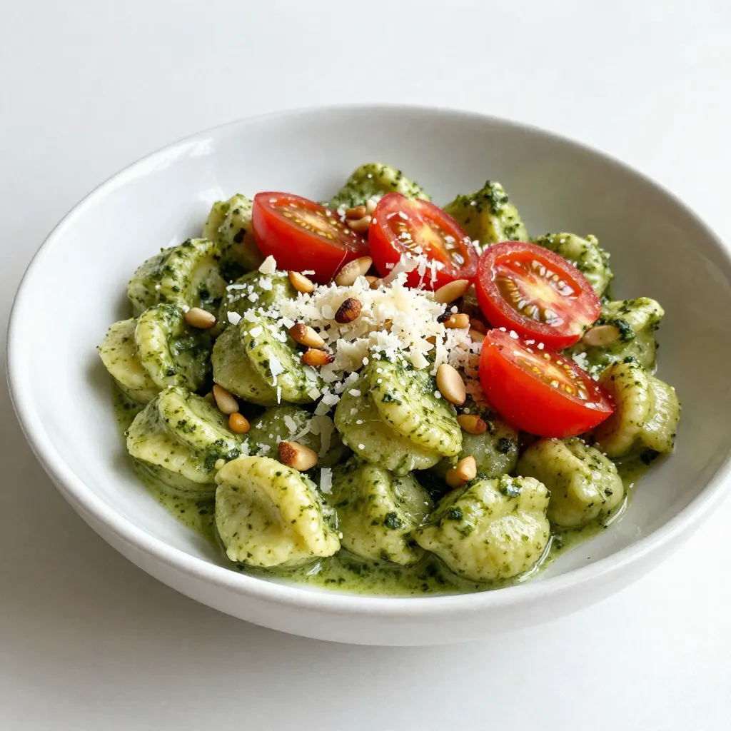 To make creamy pesto gnocchi, you need a few key ingredients that will bring flavor and richness to the dish. Here’s what you will need: - 500g potato gnocchi - 1 cup fresh basil leaves - 1/2 cup grated Parmesan cheese - 1/3 cup pine nuts, toasted - 2 cloves garlic, minced - 1/2 cup heavy cream - 2 tablespoons olive oil - Salt and pepper to taste - Optional: Cherry tomatoes, halved for garnish These ingredients work together to create a dish that is both creamy and full of fresh taste. The potato gnocchi gives a soft texture, while the pesto adds a burst of herb flavor. Toasted pine nuts bring a nice crunch, and the heavy cream makes everything smooth and rich. You can add cherry tomatoes for a pop of color and extra flavor. {{ingredient_image_1}} Combining Ingredients in a Food Processor First, gather your fresh basil leaves, toasted pine nuts, grated Parmesan, and minced garlic. Place these ingredients into a food processor. This step is key for a rich flavor. Blending Process for Smooth Consistency Pulse the mixture until it is finely chopped. Then, while the processor runs, slowly drizzle in the olive oil. This helps mix the oil well. After that, add the heavy cream. Blend it until you have a smooth, creamy sauce. Taste and season with salt and pepper. Boiling Instructions for Perfectly Cooked Gnocchi In a large pot, bring salted water to a boil. Add the potato gnocchi and cook them according to the package instructions, usually 2 to 3 minutes. Watch for them to float to the top. This means they are done! Draining Techniques Once cooked, drain the gnocchi well. Be gentle during this step to keep them intact. Heating the Sauce and Tossing with Gnocchi In a large skillet, gently heat the creamy pesto sauce over medium heat. Add the cooked gnocchi to the skillet. Toss them carefully to coat each piece in the sauce. This mixing is crucial for even flavor. Serve hot, garnished with halved cherry tomatoes and more Parmesan if you like. - Ensuring the Right Texture To get the best creamy pesto, blend the basil, garlic, pine nuts, and cheese until fine. Add the olive oil slowly while blending. This helps the sauce stay smooth. Finally, mix in the heavy cream. This gives the sauce a rich texture that clings to the gnocchi. - Adjusting Seasoning Taste your pesto before mixing it with the gnocchi. If it needs more flavor, add more salt or pepper. You can also add a squeeze of lemon juice for extra brightness. Just a little goes a long way in enhancing the taste. - Cooking Gnocchi Too Long Gnocchi cooks fast, usually in 2-3 minutes. Watch for them to float to the top. If you cook them too long, they can turn mushy. Keep an eye on them to get that perfect texture. - Over-blending the Pesto Blending your pesto too long can make it watery. Stop blending as soon as the ingredients mix well. You want a chunky texture with some bits of basil and nuts for a nice bite. Pro Tips Use Fresh Ingredients: Always opt for fresh basil and quality Parmesan cheese to enhance the flavor of your pesto. Toast Pine Nuts: Toasting the pine nuts before adding them to the pesto gives a deeper, nuttier flavor that elevates the dish. Adjust Creaminess: Feel free to adjust the amount of heavy cream to achieve your desired level of creaminess in the sauce. Add Protein: For a heartier meal, consider adding grilled chicken or shrimp to the gnocchi before serving. {{image_2}} Alternatives for Dairy-Free Options You can easily make this dish dairy-free. Swap the heavy cream with coconut cream. This gives a rich texture and a hint of sweetness. For the cheese, use nutritional yeast. It adds a cheesy flavor without dairy. Vegetables to Add for Added Flavor Want to boost the dish? Add sautéed spinach or kale for greens. Cherry tomatoes add freshness and color, too. You can even toss in roasted zucchini or bell peppers for extra flavor. These veggies mix well with the creamy sauce. Different Herbs for a Unique Pesto Basil is classic, but try other herbs! Use arugula for a peppery kick. Swap in cilantro for a fresh twist. You can also use mint for a bright flavor. Each herb changes the taste and makes the dish fun. Using Other Pasta Types Gnocchi is great, but you can try other pasta. Fusilli or penne work well with creamy sauces. If you want to cut carbs, use zucchini noodles. They soak up the sauce and keep the dish light. Experiment with what you like best! To keep your creamy pesto gnocchi fresh, start by cooling it completely. Then, place it in an airtight container. Store it in the fridge for up to three days. Make sure to label the container with the date. If you want to save it longer, consider freezing. For freezing, use a freezer-safe bag or container. Remove as much air as possible before sealing. This way, your gnocchi stays fresh for up to three months. When you're ready to enjoy your leftovers, reheating is key. To maintain creaminess, use a skillet over low heat. Add a splash of water or cream to help with the texture. Stir gently until hot. Avoid high heat to prevent the sauce from separating. If you prefer the microwave, use a microwave-safe dish. Cover it with a lid or damp paper towel. Heat in short bursts, stirring in between, until warmed through. You can use Pecorino Romano cheese. It has a strong flavor. Nutritional yeast also works for a dairy-free option. It adds a cheesy taste to your dish. Yes, making gnocchi from scratch is easy. You need potatoes, flour, and egg. Boil the potatoes, mash them, and mix in flour and egg. Roll and cut into small pieces. Creamy pesto gnocchi lasts about three days in the fridge. Store it in an airtight container. Reheat gently to keep it creamy. Yes, creamy pesto gnocchi is vegetarian. It contains no meat or fish. Just check the pesto ingredients for added cheese. Absolutely! Store-bought pesto saves time. Choose a high-quality brand for the best flavor. Mix it with cream for a rich sauce. This blog covered how to make creamy pesto gnocchi from start to finish. We explored the ingredients needed and the step-by-step process to create this tasty dish. You learned tips for perfecting your sauce and avoiding common mistakes. Variations and storage methods were also shared to help you customize and enjoy your creation longer. Remember, experimenting can lead to delicious new twists. Enjoy your cooking adventure with creamy pesto gnocchi!