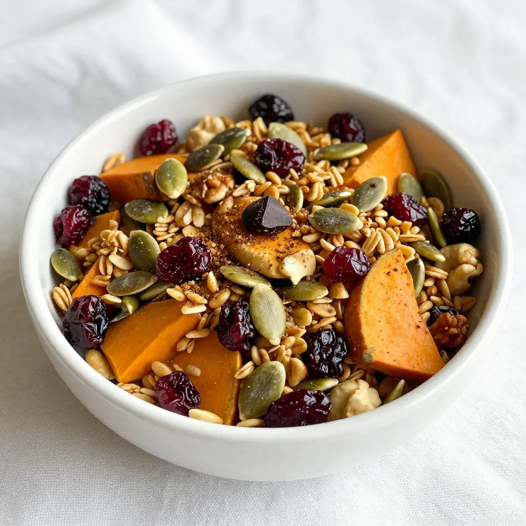 To make the perfect Pumpkin Spice Trail Mix, gather these tasty items: - 1 cup raw pumpkin seeds - 1 cup mixed nuts (almonds, pecans, walnuts) - 1 cup dried cranberries or raisins - 1 cup granola (preferably with oats and honey) - 2 teaspoons pumpkin pie spice - 1 tablespoon maple syrup - 1/4 teaspoon salt - 1/2 cup dark chocolate chips (optional) Each ingredient adds its own flavor and texture. The pumpkin seeds are crunchy and healthy. Mixed nuts offer a nice variety, while dried fruits add sweetness. Granola gives you that chewy bite, and the spice blend brings warmth. Maple syrup enhances the sweetness, and salt balances all the flavors. If you choose to add dark chocolate chips, they introduce a rich, sweet note, making the mix even more delightful. {{ingredient_image_1}} 1. Combining the dry ingredients Start by taking a large mixing bowl. Add 1 cup of raw pumpkin seeds. Then, toss in 1 cup of mixed nuts. Use a mix of almonds, pecans, and walnuts. Next, add 1 cup of dried cranberries or raisins. Finally, stir in 1 cup of granola. I prefer granola with oats and honey for extra flavor. 2. Mixing the spice blend In a small bowl, mix together 2 teaspoons of pumpkin pie spice. Pour in 1 tablespoon of maple syrup and add 1/4 teaspoon of salt. Stir until the mixture is smooth. This spice blend gives your trail mix that warm, cozy flavor. 3. Drizzling and tossing the mixture Drizzle the spice mixture over the nut and seed blend. Make sure to coat everything evenly. Toss well to combine all the ingredients. You want every bit to have that delicious pumpkin spice flavor. If you like chocolate, gently fold in 1/2 cup of dark chocolate chips now. 4. Baking the trail mix Spread the mixture evenly on a parchment-lined baking sheet. Preheat your oven to 350°F (175°C). Bake for about 10-12 minutes. Stir halfway through to ensure even cooking. Look for a lightly golden color and a fragrant smell. Let it cool completely before storing it in an airtight container. These steps will help you create a tasty pumpkin spice trail mix, perfect for fall snacking! To make your pumpkin spice trail mix shine, you can adjust the spice levels. If you love strong flavors, add more pumpkin pie spice. A little pinch goes a long way, so taste as you mix. For sweetness variations, consider using different sweeteners. Honey or agave syrup works great if you want a different taste. You can also add more maple syrup if you like it sweeter. For crunchiness tips, toast your nuts or pumpkin seeds for a warm, nutty flavor. This step makes the mix extra tasty. If you want to substitute ingredients, try sunflower seeds or different nuts. Cashews or hazelnuts can give your mix a new twist. You can also swap out cranberries for other dried fruit like apricots. Pro Tips Store in a Cool Place: Keep your trail mix in a cool, dry location to maintain its freshness and crunchiness. Customize Your Nuts: Feel free to swap in your favorite nuts or seeds to suit your taste preferences or dietary needs. Experiment with Spices: Try adding a pinch of cayenne pepper or cinnamon for an extra layer of flavor in your trail mix. Make Ahead for Convenience: Prepare larger batches in advance to enjoy as a quick snack throughout the week. {{image_2}} You can switch up the nuts and seeds in your trail mix. Instead of pumpkin seeds, try sunflower seeds or even chia seeds. They both add a nice crunch. For nuts, consider cashews or hazelnuts. Both will give a unique taste that works well with pumpkin spice. You can also add seasonal fruits. Dried apples or pears work great in fall. They add natural sweetness and pair well with the spice. If you want a bit of tartness, add some dried cherries. They add a fun twist to the mix. You can even toss in some orange zest for a fresh flavor. If you need gluten-free options, you are in luck. Most nuts, seeds, and dried fruits are gluten-free. Just make sure to check labels on granola. Some brands may use gluten. You can also make your own gluten-free granola at home. For vegan adjustments, skip the dark chocolate chips or choose dairy-free ones. Maple syrup is already vegan, so you are all set there. This trail mix will still taste amazing without any animal products. Enjoy your mix knowing it suits your diet! To keep your pumpkin spice trail mix fresh, use airtight containers. Glass jars or plastic containers work well. Store the mix in a cool, dry place. Avoid direct sunlight and heat. This helps keep the flavors strong. This trail mix stays fresh for about two weeks. After that, it may lose its crunch and flavor. To check for spoilage, look for changes in smell or taste. If it smells off or tastes stale, it’s time to toss it. You can make this trail mix healthier by using less maple syrup. You might also swap out dark chocolate chips for a healthier option, like dried fruits. Another idea is to add more seeds, like sunflower or flax seeds. Using unsweetened granola helps cut added sugar too. Fresh pumpkin is not a good choice for this mix. While fresh pumpkin is tasty, it has a lot of water. This can make your trail mix soggy. It’s best to stick with raw pumpkin seeds for crunch and flavor. When stored in an airtight container, this trail mix lasts up to two weeks. If you want it to last longer, you can freeze it. Just make sure to use a freezer-safe bag or container. This way, you can enjoy your snack even later! This trail mix combines raw pumpkin seeds, nuts, fruits, and spices for a tasty snack. It’s easy to make, and you can adjust flavors to fit your tastes. Remember to store it in airtight containers to keep it fresh. With variations for different diets and seasons, this trail mix is versatile. You can explore healthier options or switch out ingredients easily. Enjoy making your own blend for the perfect snack anytime!