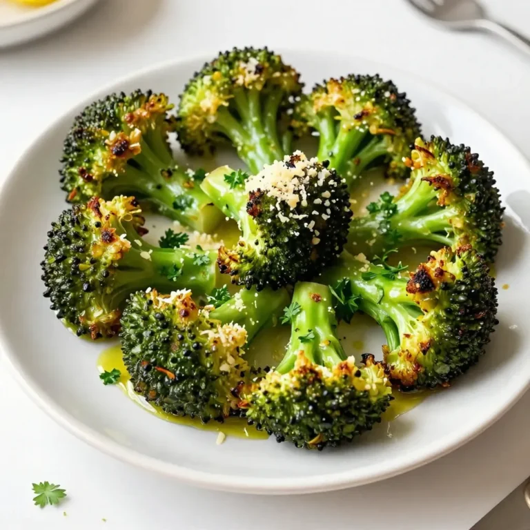 - 1 large head of broccoli, cut into florets - 3 tablespoons olive oil - 4 cloves garlic, minced - 1/2 cup grated Parmesan cheese - 1 teaspoon salt - 1/2 teaspoon black pepper - 1 teaspoon lemon zest - 1 tablespoon lemon juice - 1/4 teaspoon red pepper flakes (optional) - Fresh parsley, chopped (for garnish) You can try adding red pepper flakes for a spicy kick. If you love herbs, sprinkle some thyme or oregano. For extra zest, add a bit of lemon juice or zest. You can even mix in other veggies like carrots or bell peppers for variety. - Broccoli: This green veggie is full of vitamins C and K. It helps keep your bones strong and boosts your immune system. - Olive oil: A great source of healthy fats. It supports heart health and adds flavor. - Garlic: Known for its health benefits, garlic can improve your heart health and boost your immune system. - Parmesan cheese: This cheese adds calcium and protein to your dish. It also gives a rich flavor. - Lemon: The zest and juice add vitamin C and brighten the dish. It enhances flavor and freshness. - Salt and pepper: These seasonings bring out the taste of broccoli and other ingredients. - Red pepper flakes: They add a little heat, which can boost your metabolism. - Parsley: This herb is not just for looks. It offers vitamins A, C, and K, making your dish even healthier. Using these ingredients makes Garlic Parmesan Roasted Broccoli a tasty and healthy side. You get many flavors and health benefits in every bite! {{ingredient_image_1}} Start by preheating your oven to 425°F (220°C). This step is key for a nice roast. Next, take a large bowl and add your broccoli florets. Pour in three tablespoons of olive oil. Add four cloves of minced garlic. Then, season with one teaspoon of salt and a half teaspoon of black pepper. For a zest of flavor, add a teaspoon of lemon zest and, if you like some heat, toss in a quarter teaspoon of red pepper flakes. Mix everything well until the broccoli is coated. This ensures every bite bursts with flavor. Now, spread the broccoli mixture on a baking sheet. Make sure the florets have space. If they are too close together, they will steam instead of roast. Place the baking sheet in the oven for 15 to 20 minutes. Halfway through, stir the broccoli for even cooking. You want it to be tender with crispy edges. The aroma will fill your kitchen and make your mouth water. After roasting, take the baking sheet out of the oven. This is where the magic happens! Sprinkle half a cup of grated Parmesan cheese over the hot broccoli. Put it back in the oven for another three to five minutes. The cheese will melt and get a nice golden color. Finally, drizzle a tablespoon of lemon juice over the broccoli. Give it a gentle toss to mix. To finish, garnish with chopped parsley for a pop of color and freshness. Enjoy your tasty side dish! To get the best roast, start with fresh broccoli. Cut it into small florets. This helps them cook evenly. Use a large bowl to mix the broccoli with olive oil and garlic. Make sure every piece gets a good coat. Spread the florets on a baking sheet. Don't crowd them! Space allows hot air to circulate and gives you that nice crispy edge. Add zest to your broccoli with lemon. The lemon juice brightens the taste. You can also try adding red pepper flakes for a kick. If you want more depth, sprinkle in some smoked paprika. Fresh herbs like thyme or rosemary can also add layers of flavor. For a cheesy twist, mix in different cheeses like feta or cheddar. One mistake is not preheating your oven. Always preheat to 425°F (220°C) for the best roast. Another issue is overcrowding the pan. This can make the broccoli steam instead of roast. Don't skip the tossing step; it ensures even cooking. Lastly, remember to check for doneness. The broccoli should be tender and crisp, not mushy. Pro Tips Choose Fresh Broccoli: Select vibrant green broccoli with firm florets for the best flavor and texture. Don’t Overcrowd the Pan: Spread the broccoli out in a single layer to ensure it roasts evenly and becomes crispy. Adjust Cheese to Taste: Feel free to add more or less Parmesan cheese according to your preference for cheesiness. Experiment with Flavors: Add other seasonings like garlic powder or lemon pepper for a unique twist on the classic recipe. {{image_2}} You can swap the Parmesan cheese for other types. Try using Pecorino Romano for a sharper taste. Aged Gouda adds a nice, nutty flavor. If you want something creamier, use mozzarella. Each cheese gives the broccoli a unique twist. Feel free to mix in other veggies. Cauliflower works great with broccoli. Carrots add a sweet touch. Bell peppers bring color and crunch. Just remember to cut them to similar sizes for even cooking. You can change the flavor easily. Add red pepper flakes for heat. Try crushed garlic for a bolder taste. Fresh herbs like thyme or rosemary can add a nice aroma. For a zesty kick, squeeze more lemon juice on top before serving. To keep Garlic Parmesan Roasted Broccoli fresh, let it cool completely. Use an airtight container to store it. Place parchment paper between layers if you stack the broccoli. This helps avoid sogginess. Store it in the fridge for up to four days. If you want to enjoy it later, follow the next steps. Reheat the broccoli in the oven for the best taste. Set your oven to 350°F (175°C). Spread the broccoli on a baking sheet. Heat it for about 10 minutes, or until hot. You can also use a microwave. Place the broccoli in a safe dish and cover it. Heat for about 1-2 minutes, but the oven method keeps it crispy. Freezing Garlic Parmesan Roasted Broccoli is easy. First, cool it completely. Then, spread it on a baking sheet in a single layer. Freeze for about an hour. This helps keep the pieces separate. Once frozen, transfer the broccoli to freezer bags. Remove as much air as possible. It will last for up to three months. When ready to eat, thaw it overnight in the fridge. Reheat using the oven for the best results. Yes, you can prep the broccoli ahead. Cut the florets and mix them with olive oil, garlic, salt, and pepper. Store the mixture in the fridge for up to one day. When you're ready, just roast it in the oven. This saves time and makes dinner easy. Garlic Parmesan roasted broccoli pairs well with many dishes. You can serve it alongside grilled chicken, fish, or steak. It also works great with pasta or quinoa for a vegetarian meal. Add it to a salad for extra flavor and crunch. Yes, this recipe is perfect for vegetarians. It uses only plant-based ingredients and cheese. You can enjoy it as a side dish or a main course. Feel free to adjust the cheese if you want a vegan option. Just replace Parmesan with a dairy-free cheese. In this post, we explored how to make Garlic Parmesan Roasted Broccoli. We covered the main and optional ingredients, plus their health benefits. You learned step-by-step instructions and tips for perfect roasting. Variations add fun flavors and choices. We discussed storage and answered common questions. By using these methods, you’ll enjoy a tasty dish that's easy to make. Happy cooking!