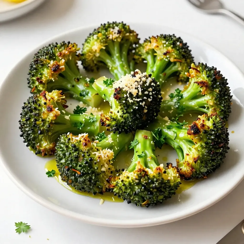 - 1 large head of broccoli, cut into florets - 3 tablespoons olive oil - 4 cloves garlic, minced - 1/2 cup grated Parmesan cheese - 1 teaspoon salt - 1/2 teaspoon black pepper - 1 teaspoon lemon zest - 1 tablespoon lemon juice - 1/4 teaspoon red pepper flakes (optional) - Fresh parsley, chopped (for garnish) You can try adding red pepper flakes for a spicy kick. If you love herbs, sprinkle some thyme or oregano. For extra zest, add a bit of lemon juice or zest. You can even mix in other veggies like carrots or bell peppers for variety. - Broccoli: This green veggie is full of vitamins C and K. It helps keep your bones strong and boosts your immune system. - Olive oil: A great source of healthy fats. It supports heart health and adds flavor. - Garlic: Known for its health benefits, garlic can improve your heart health and boost your immune system. - Parmesan cheese: This cheese adds calcium and protein to your dish. It also gives a rich flavor. - Lemon: The zest and juice add vitamin C and brighten the dish. It enhances flavor and freshness. - Salt and pepper: These seasonings bring out the taste of broccoli and other ingredients. - Red pepper flakes: They add a little heat, which can boost your metabolism. - Parsley: This herb is not just for looks. It offers vitamins A, C, and K, making your dish even healthier. Using these ingredients makes Garlic Parmesan Roasted Broccoli a tasty and healthy side. You get many flavors and health benefits in every bite! {{ingredient_image_1}} Start by preheating your oven to 425°F (220°C). This step is key for a nice roast. Next, take a large bowl and add your broccoli florets. Pour in three tablespoons of olive oil. Add four cloves of minced garlic. Then, season with one teaspoon of salt and a half teaspoon of black pepper. For a zest of flavor, add a teaspoon of lemon zest and, if you like some heat, toss in a quarter teaspoon of red pepper flakes. Mix everything well until the broccoli is coated. This ensures every bite bursts with flavor. Now, spread the broccoli mixture on a baking sheet. Make sure the florets have space. If they are too close together, they will steam instead of roast. Place the baking sheet in the oven for 15 to 20 minutes. Halfway through, stir the broccoli for even cooking. You want it to be tender with crispy edges. The aroma will fill your kitchen and make your mouth water. After roasting, take the baking sheet out of the oven. This is where the magic happens! Sprinkle half a cup of grated Parmesan cheese over the hot broccoli. Put it back in the oven for another three to five minutes. The cheese will melt and get a nice golden color. Finally, drizzle a tablespoon of lemon juice over the broccoli. Give it a gentle toss to mix. To finish, garnish with chopped parsley for a pop of color and freshness. Enjoy your tasty side dish! To get the best roast, start with fresh broccoli. Cut it into small florets. This helps them cook evenly. Use a large bowl to mix the broccoli with olive oil and garlic. Make sure every piece gets a good coat. Spread the florets on a baking sheet. Don't crowd them! Space allows hot air to circulate and gives you that nice crispy edge. Add zest to your broccoli with lemon. The lemon juice brightens the taste. You can also try adding red pepper flakes for a kick. If you want more depth, sprinkle in some smoked paprika. Fresh herbs like thyme or rosemary can also add layers of flavor. For a cheesy twist, mix in different cheeses like feta or cheddar. One mistake is not preheating your oven. Always preheat to 425°F (220°C) for the best roast. Another issue is overcrowding the pan. This can make the broccoli steam instead of roast. Don't skip the tossing step; it ensures even cooking. Lastly, remember to check for doneness. The broccoli should be tender and crisp, not mushy. Pro Tips Choose Fresh Broccoli: Select vibrant green broccoli with firm florets for the best flavor and texture. Don’t Overcrowd the Pan: Spread the broccoli out in a single layer to ensure it roasts evenly and becomes crispy. Adjust Cheese to Taste: Feel free to add more or less Parmesan cheese according to your preference for cheesiness. Experiment with Flavors: Add other seasonings like garlic powder or lemon pepper for a unique twist on the classic recipe. {{image_2}} You can swap the Parmesan cheese for other types. Try using Pecorino Romano for a sharper taste. Aged Gouda adds a nice, nutty flavor. If you want something creamier, use mozzarella. Each cheese gives the broccoli a unique twist. Feel free to mix in other veggies. Cauliflower works great with broccoli. Carrots add a sweet touch. Bell peppers bring color and crunch. Just remember to cut them to similar sizes for even cooking. You can change the flavor easily. Add red pepper flakes for heat. Try crushed garlic for a bolder taste. Fresh herbs like thyme or rosemary can add a nice aroma. For a zesty kick, squeeze more lemon juice on top before serving. To keep Garlic Parmesan Roasted Broccoli fresh, let it cool completely. Use an airtight container to store it. Place parchment paper between layers if you stack the broccoli. This helps avoid sogginess. Store it in the fridge for up to four days. If you want to enjoy it later, follow the next steps. Reheat the broccoli in the oven for the best taste. Set your oven to 350°F (175°C). Spread the broccoli on a baking sheet. Heat it for about 10 minutes, or until hot. You can also use a microwave. Place the broccoli in a safe dish and cover it. Heat for about 1-2 minutes, but the oven method keeps it crispy. Freezing Garlic Parmesan Roasted Broccoli is easy. First, cool it completely. Then, spread it on a baking sheet in a single layer. Freeze for about an hour. This helps keep the pieces separate. Once frozen, transfer the broccoli to freezer bags. Remove as much air as possible. It will last for up to three months. When ready to eat, thaw it overnight in the fridge. Reheat using the oven for the best results. Yes, you can prep the broccoli ahead. Cut the florets and mix them with olive oil, garlic, salt, and pepper. Store the mixture in the fridge for up to one day. When you're ready, just roast it in the oven. This saves time and makes dinner easy. Garlic Parmesan roasted broccoli pairs well with many dishes. You can serve it alongside grilled chicken, fish, or steak. It also works great with pasta or quinoa for a vegetarian meal. Add it to a salad for extra flavor and crunch. Yes, this recipe is perfect for vegetarians. It uses only plant-based ingredients and cheese. You can enjoy it as a side dish or a main course. Feel free to adjust the cheese if you want a vegan option. Just replace Parmesan with a dairy-free cheese. In this post, we explored how to make Garlic Parmesan Roasted Broccoli. We covered the main and optional ingredients, plus their health benefits. You learned step-by-step instructions and tips for perfect roasting. Variations add fun flavors and choices. We discussed storage and answered common questions. By using these methods, you’ll enjoy a tasty dish that's easy to make. Happy cooking!
