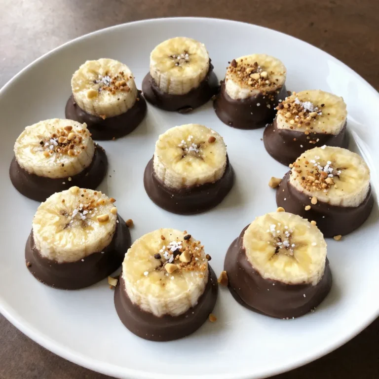 - 2 ripe bananas - 1 cup dark chocolate chips - 1 tablespoon coconut oil - 1/4 cup crushed nuts (e.g., walnuts or almonds) - 1/4 cup shredded coconut (optional) - Sea salt, for sprinkling You can use many toppings to make your banana bites special. Try crushed nuts like walnuts or almonds for a crunchy bite. Shredded coconut adds a nice tropical flavor. For a twist, you can use sprinkles or mini chocolate chips. The choice is yours! Chocolate covered banana bites are a fun treat. Each bite has fiber from the bananas. Dark chocolate offers antioxidants. A single bite has about 80 calories. They also provide healthy fats from coconut oil. Enjoy them as a sweet snack or dessert! {{ingredient_image_1}} Start by peeling the ripe bananas. Use a sharp knife to cut them into 1-inch thick rounds. The slices should be uniform to ensure even coating. Place the banana slices on a parchment-lined baking sheet. This step keeps them from sticking and makes cleanup easy. Next, grab a microwave-safe bowl. Add 1 cup of dark chocolate chips and 1 tablespoon of coconut oil. The coconut oil helps the chocolate melt smoothly. Microwave the bowl in 30-second intervals. Stir after each interval until the chocolate is fully melted and smooth. Be careful not to overheat, as chocolate can burn quickly. Now comes the fun part! Dip each banana slice into the melted chocolate, making sure it gets fully coated. Use a fork to lift the banana from the chocolate. Let any excess chocolate drip back into the bowl. Place the coated banana back on the parchment-lined baking sheet. While the chocolate is still wet, sprinkle crushed nuts or shredded coconut on top. This adds great flavor and crunch. Finally, sprinkle a pinch of sea salt over each bite for a sweet and salty twist. Once done, freeze the banana bites for at least 1 hour. This will set the chocolate and make them firm. Enjoy your tasty treats! To get a great chocolate coating, start with ripe bananas. Slice them into 1-inch rounds. This size works best for dipping. Melt dark chocolate with coconut oil in a bowl. Use short bursts in the microwave, stirring often. This keeps the chocolate smooth. When you dip each banana slice, make sure to cover it fully. Use a fork to lift the banana, letting excess chocolate drip off. This helps avoid clumps. If you want a cool look, add toppings right after dipping. Crushed nuts or shredded coconut stick better when the chocolate is wet. These bites shine on a platter. Drizzle extra melted chocolate on top for a fancy touch. You can serve them frozen or let them sit for a few minutes. Thawing softens the bites but keeps them delightful. Try pairing them with fresh fruit or yogurt for a fun dessert. To keep your chocolate-covered banana bites fresh, store them in the freezer. Use an airtight container to prevent freezer burn. They can last for up to two months. When you want to eat them, take out only what you need. Let the bites thaw for about five minutes before enjoying for the best taste. Pro Tips Use Ripe Bananas: The riper the bananas, the sweeter and creamier they will be, enhancing the overall flavor of the bites. Choose High-Quality Chocolate: Opt for a good quality dark chocolate to ensure a rich, satisfying taste that perfectly complements the bananas. Experiment with Toppings: Feel free to mix and match toppings like different nuts, seeds, or even sprinkles for a fun twist! Store Properly: Keep the banana bites in an airtight container in the freezer to maintain their texture and flavor for longer. {{image_2}} You can change the flavor by using different chocolates. Dark chocolate gives a rich taste. Milk chocolate is sweeter and creamier. White chocolate adds a fun, sweet twist. Each type will change the taste. You might find a new favorite! Toppings can make your banana bites unique. Try crushed nuts like walnuts or almonds. They add crunch and flavor. Shredded coconut gives a tropical touch. You could also use sprinkles for fun colors. For a spicy kick, try a dash of cayenne pepper. Be creative and mix in your favorites! Want a healthier option? Use dark chocolate with high cocoa content. It has less sugar and more health benefits. You can also skip the chocolate and dip in yogurt. This keeps the treat light and refreshing. Add a drizzle of honey for sweetness. These swaps keep it tasty and good for you! To keep your chocolate covered banana bites fresh, store them in the freezer. Place the bites in an airtight container. You can also use a freezer bag. Make sure to separate layers with parchment paper to prevent sticking. This way, they stay nice and neat. When you're ready to enjoy your bites, take them out of the freezer. Let them sit at room temperature for 5 to 10 minutes. This makes them softer and easier to eat. If you prefer, you can also microwave them for 10 to 15 seconds. Just be careful not to melt the chocolate again. Chocolate covered banana bites stay tasty for about two months in the freezer. After that, they may lose some flavor or texture. Always check for ice crystals, as they can affect the taste. For the best experience, try to eat them within the first month. Yes, you can use milk chocolate. It will give a sweeter taste. Milk chocolate melts well, like dark chocolate. However, it has more sugar and less cocoa. This change can make the bites less rich. Feel free to mix and match as you like. Chocolate covered bananas can last about 1 month in the freezer. Keep them in an airtight container. If left in the fridge, they last only a few days. The chocolate may become soft if stored outside. For best taste, eat them straight from the freezer! Chocolate covered banana bites can be a healthy snack. Bananas are rich in potassium and fiber. Dark chocolate offers antioxidants. However, they have sugar from chocolate. Enjoy them in moderation for a balanced treat. Adding nuts boosts protein and healthy fats too. In this blog post, we explored how to make delicious chocolate-covered banana bites. We covered the ingredients, step-by-step instructions, and tips for perfect results. You learned about variations, storage tips, and answered common questions. Chocolate-covered bananas are a fun treat that anyone can make. Try different chocolates and toppings to find your favorite. Enjoy your tasty bites, and remember, they’re great for any occasion!