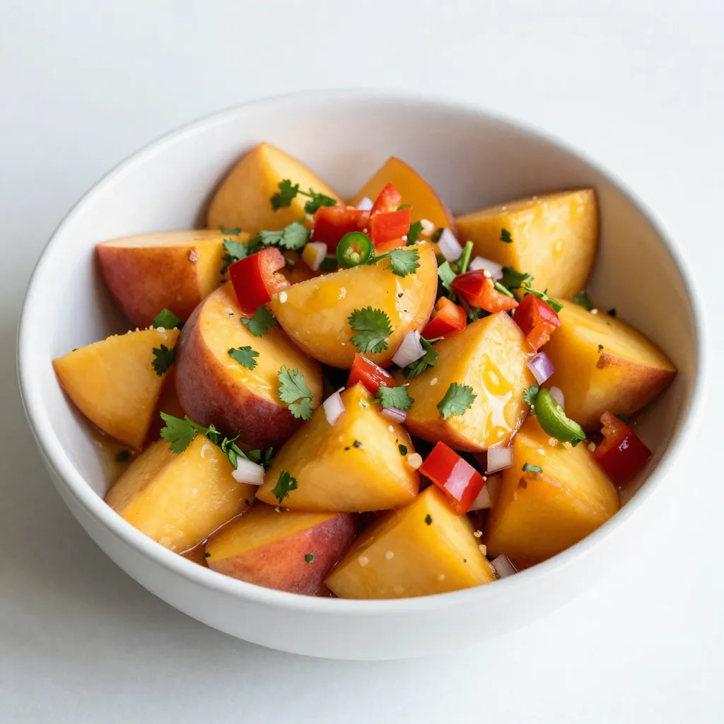 - 2 ripe peaches, diced - 1 ripe mango, diced - 1/2 red bell pepper, finely chopped - 1 small red onion, finely chopped - 1 jalapeño pepper, deseeded and minced - 1/4 cup fresh cilantro, chopped - Juice of 1 lime - Salt to taste - 1 tablespoon honey (optional for sweetness) Fresh fruits are key for this salsa. Ripe peaches and mangoes bring sweet and juicy flavors. When selecting peaches, look for ones that yield slightly to pressure. This shows they are ripe. For mangoes, choose ones that are fragrant and have some give when pressed gently. Next, we have vegetables and herbs. The red bell pepper adds crunch and color. The red onion gives a mild bite. The jalapeño adds heat, so adjust to your taste. Fresh cilantro brings a bright, herbal note that balances the sweetness. Flavor enhancers are simple but vital. Lime juice adds acidity, brightening the dish. Salt brings out all the flavors. If you like it sweet, add honey. It can help balance the heat from the jalapeño. Gather these ingredients, and you’ll have a vibrant salsa that is fresh and flavorful! {{ingredient_image_1}} - Start by washing the peaches and mango under cool water. - Dice the peaches into small, even pieces. - Dice the mango the same way, making sure they match in size. - Next, finely chop half of a red bell pepper. - Finely chop a small red onion. - Remove the seeds from the jalapeño and mince it finely. - Take a large mixing bowl and add the diced peaches and mango. - Toss in the chopped red bell pepper and red onion. - Add the minced jalapeño for a spicy kick. - Fold in a quarter cup of chopped cilantro. - The cilantro brings a fresh flavor to the mix. - Squeeze the juice of one lime over everything. - Add a pinch of salt to enhance the taste. - If you like it sweet, drizzle in one tablespoon of honey. - Gently toss all the ingredients together until they mix well. - Taste the salsa and adjust the salt or lime juice if needed. To make your peach mango salsa just right, you can adjust its sweetness. If you want a sweeter taste, drizzle in some honey. Start with one tablespoon and mix it in. Taste it after mixing. Add more if you like it sweeter. For spice, jalapeños are your friend. If you want a milder salsa, use less jalapeño. If you crave heat, add more! Remember to remove the seeds for less heat. Mince it finely and mix it well with the other ingredients. Peach mango salsa pairs well with many dishes. It is great with grilled chicken or fish. You can also serve it with tacos or on top of a fresh salad. For a nice display, serve the salsa in a colorful bowl. Place tortilla chips on the side for dipping. You can garnish the salsa with extra cilantro leaves on top for a pop of color. When making salsa, uniform dicing is key. Chop the peaches and mango into small, even pieces. This gives a nice texture when you eat it. Always choose ripe fruits for the best flavor. Look for peaches that give slightly when you press them. For mangoes, choose those with a sweet aroma and slight give. Ripe fruits will make your salsa taste fresh and tasty. Pro Tips Choose Ripe Fruits: Make sure your peaches and mangoes are perfectly ripe for the best flavor and sweetness in your salsa. Adjust Spice Level: If you prefer a milder salsa, remove all the seeds and membranes from the jalapeño, or omit it altogether. Chill Before Serving: Refrigerate the salsa for at least 30 minutes before serving to enhance the flavors and allow them to meld together. Use Fresh Ingredients: Opt for fresh lime juice and freshly chopped herbs to elevate the taste of your salsa significantly. {{image_2}} You can switch fruits to change the flavor. Instead of peaches and mangoes, try using ripe pineapple or kiwi. Pineapple adds a tropical twist, while kiwi gives a tart touch. You can also mix in berries like strawberries or blueberries. These will add color and a burst of sweetness to your salsa. If you like heat, add different peppers. Try serrano or habanero for a fiery kick. You can also mix in spices like cumin or smoked paprika. These spices add depth and warmth to the dish. Adjust the heat to match your taste. Making salsa vegan is simple. Just stick to the fruits, veggies, and lime juice. For a low-carb option, skip the honey. This keeps the salsa fresh and zesty without added sugars. Everyone can enjoy this salsa, no matter their diet! To keep your peach mango salsa fresh, store it in a sealed container. This helps to prevent air exposure and keeps it flavorful. Place it in the fridge right after making it. Properly stored, peach mango salsa lasts about 3 to 5 days. Always check for freshness before serving. You can freeze peach mango salsa for longer storage. Start by placing it in an airtight freezer bag. Squeeze out as much air as possible. This prevents freezer burn. Salsa can stay fresh for up to 3 months in the freezer. When ready to use, thaw it in the fridge overnight. Once thawed, stir well before serving. To keep your salsa fresh longer, use fresh ingredients. Avoid letting it sit out for too long. If you notice liquid forming at the bottom, give it a gentle stir. Signs of spoilage include a sour smell or changes in color. If it looks off, it's best to toss it. To make your peach mango salsa spicier, add more jalapeños. You can also use different peppers. Start with one minced jalapeño. Taste it, then decide if you want more heat. If you want extra spice, try adding a dash of cayenne pepper or hot sauce. Yes, you can make peach mango salsa ahead of time. Just prepare it and store it in the fridge. The salsa tastes even better after sitting for a few hours. This allows the flavors to mix well. I suggest making it a few hours in advance for best results. Peach mango salsa is great with many dishes. Serve it with tortilla chips for a tasty snack. It pairs well with grilled meats like chicken or fish. You can also add it to salads for a fresh twist. The bright flavors enhance any meal! You learned how to make a fresh and vibrant peach mango salsa, perfect for summer. We covered the ingredients, step-by-step instructions, and tips for customization. Remember to choose ripe fruits and adjust flavors to fit your taste. This salsa is versatile, pairing well with many dishes. Store it correctly to keep it fresh longer. With your newfound skills, you can impress friends and family with this tasty treat. Enjoy the process and the delight it brings to your meals!