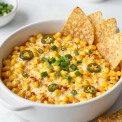 - 2 cups canned corn, drained (or fresh corn kernels) - 1 cup cream cheese, softened - 1 cup sharp cheddar cheese, shredded - 1/2 cup mayonnaise - 1/2 cup sour cream - 2 fresh jalape&ntilde;os, diced (seeds removed for less heat) - 1 teaspoon garlic powder - 1 teaspoon onion powder - 1/2 teaspoon smoked paprika - Salt and pepper to taste The main ingredients in this dip are key to its creamy and spicy flavor. I love using canned corn because it's quick and easy. Fresh corn works great too if you have it. The cream cheese, mayonnaise, and sour cream create a rich base. Sharp cheddar adds a nice punch. The spices, like garlic powder and smoked paprika, give it that extra kick. - 1/4 cup green onions, chopped (for garnish) - Tortilla chips or sliced baguette (for serving) For garnish, I like to add green onions on top. They add freshness and color. Serving the dip with tortilla chips or baguette makes it fun to eat. You can scoop or spread it easily. This dip is a crowd-pleaser and perfect for sharing! {{ingredient_image_1}} 1. Preheating the oven: Start by setting your oven to 350&deg;F (175&deg;C). This warm-up helps cook the dip evenly. 2. Preparing the base mixture: In a large bowl, mix together the softened cream cheese, mayonnaise, and sour cream. Stir until it is smooth and creamy. This blend creates a rich base for your dip. 1. Combining ingredients: Now, add the shredded cheddar cheese, drained corn, and diced jalape&ntilde;os to the bowl. Sprinkle in garlic powder, onion powder, smoked paprika, salt, and pepper. Mix all the ingredients well. You want every bite to be full of flavor. 2. Transferring to the baking dish: Grab an 8x8 inch baking dish and spread the mixture evenly in it. Make sure the dip is flat on top for even cooking. 3. Baking process: Place the dish in your preheated oven. Bake for 20-25 minutes. Look for a bubbly and golden-brown top. This shows the dip is ready. 1. Cooling and garnishing: When the dip is done, take it out of the oven and let it cool for a few minutes. This helps prevent burns. Then, sprinkle chopped green onions on top for a fresh touch. 2. Serving recommendations: Serve the dip warm with tortilla chips or sliced baguette. These sides are perfect for scooping up the creamy goodness. Enjoy every bite! To get the best texture for your jalape&ntilde;o cheddar corn dip, you want it creamy and smooth. Mix your softened cream cheese with mayonnaise and sour cream well. This makes a nice base. Use a hand mixer for a fluffier dip if you like. If you want to change the spice level, start with fewer jalape&ntilde;os. Taste the dip after mixing in the jalape&ntilde;os. If you want it spicier, add more. You can also keep the seeds in for extra heat. For sides, tortilla chips are a classic choice. They add a nice crunch. You can also use sliced baguette for a different twist. Both pair well with the dip. Get creative with how you serve the dip. Use small bowls or a large platter. Add colorful veggies around the dip for a fun look. This makes it more inviting and adds flavor. Pro Tips Fresh Corn for a Sweet Touch: If using fresh corn, grill or roast the ears first to enhance the sweetness and add a smoky flavor to your dip. Adjust the Heat Level: If you prefer a milder dip, remove all the seeds and membranes from the jalape&ntilde;os, or use a milder pepper like poblano. Make-Ahead Magic: Prepare the dip a day in advance and store it in the refrigerator. Just bake it before serving for a quick and easy appetizer. Garnish for Visual Appeal: Enhance the presentation by adding a sprinkle of smoked paprika or a few slices of fresh jalape&ntilde;o on top before serving. {{image_2}} You can make this dip even better with easy swaps. If you want a lighter dip, try low-fat cream cheese. It keeps the flavor but cuts some calories. You can also use Greek yogurt instead of sour cream for a tangy twist. Cheese lovers can play with different types of cheese. Try pepper jack for extra heat or mozzarella for a milder taste. Mixing cheeses can create fun flavor layers. Add some flair with toppings and mix-ins. Chopped cilantro or diced tomatoes can brighten the dip. For crunch, sprinkle some crushed tortilla chips on top before serving. You can adjust the spice level to fit your taste. If you love heat, leave some jalape&ntilde;o seeds in. For a milder dip, remove all the seeds. You can also add a pinch of cayenne or hot sauce for a kick. After you enjoy your jalape&ntilde;o cheddar corn dip, store leftovers in an airtight container. This helps keep the dip fresh. You can also cover the dish tightly with plastic wrap. Always refrigerate the dip within two hours of serving to avoid spoilage. For best quality, eat the dip within three to five days. This ensures the flavors stay vibrant and the texture remains creamy. If you notice any off smells or changes in color, it&rsquo;s best to toss it. To enjoy the dip again, reheating is key. You can use an oven, microwave, or stovetop. For the oven, preheat it to 350&deg;F (175&deg;C). Place the dip in an oven-safe dish and heat for about 15 minutes. This gives a nice warm texture. If you choose the microwave, use a microwave-safe bowl. Heat in 30-second intervals, stirring in between, until warm. This method is quick and easy. When reheating, avoid overheating. Too much heat can change the dip's texture and flavor. Stir in a little sour cream or cream cheese if it seems dry after reheating. Enjoy your tasty dip just like it was fresh! Can I prepare this dip in advance? Yes, you can prepare the dip a day ahead. Just mix all the ingredients and place them in a baking dish. Cover it and store it in the fridge. When you are ready, bake it for about 25 minutes at 350&deg;F (175&deg;C). This saves time and makes your party stress-free. What are the best dips for parties? Some great party dips include guacamole, spinach artichoke dip, and buffalo chicken dip. Each dip brings its own flavor and style. You can also serve this jalape&ntilde;o cheddar corn dip for a tasty twist. It&rsquo;s creamy, cheesy, and has a fun kick! Why is my dip too watery? If your dip is watery, it may have too much liquid from the corn or dairy. To fix this, make sure to drain the canned corn well. You can also add a bit more cream cheese or cheese to thicken it up. Mixing it longer helps, too. How can I make it vegetarian-friendly? This dip is already vegetarian! Just check that your cheese and mayo do not have animal rennet or other animal products. You can also add more veggies like bell peppers or black beans for extra flavor and texture. This blog post walked you through making a tasty dip. You learned about key ingredients, like corn, cream cheese, and spices. We covered preparation, baking, and the best garnishes. I shared tips for perfecting your dip's texture and flavor, plus creative ideas for serving it. Remember, you can customize it to fit your taste preferences. Keeping leftovers fresh is important, and I provided storage tips too. Now, you're ready to create this delicious dip for any occasion! Enjoy every bite with your friends and family.