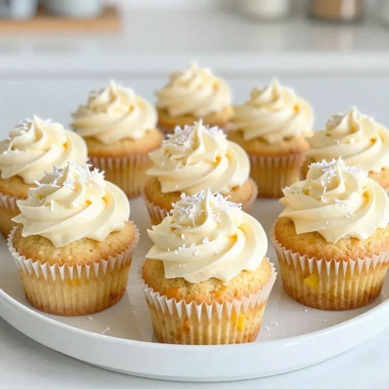 - 1 ½ cups all-purpose flour - 1 cup granulated sugar - ½ cup unsweetened shredded coconut - ½ cup crushed pineapple (drained) - ½ cup unsweetened coconut milk - 1/3 cup vegetable oil - 2 large eggs - 1 teaspoon baking powder - ½ teaspoon baking soda - ½ teaspoon salt - 1 teaspoon vanilla extract - ½ cup cream cheese (for frosting) - 1 cup powdered sugar (for frosting) - 2 tablespoons fresh pineapple juice (for frosting) - Extra shredded coconut (for garnish) I love using unsweetened shredded coconut for a real coconut taste. It adds texture without extra sugar. The crushed pineapple gives a juicy burst of flavor. Make sure to drain it well to avoid a soggy batter. Coconut milk adds richness, making these cupcakes moist. Use fresh eggs for the best rise and fluffiness. If you need a gluten-free option, try almond flour instead of all-purpose flour. For a dairy-free treat, use a dairy-free cream cheese for frosting. You can swap vegetable oil with melted coconut oil for a stronger coconut flavor. If you want a different taste, use orange juice instead of pineapple juice in the frosting. {{ingredient_image_1}} To make coconut pineapple cupcakes, start by gathering all your ingredients. You will need flour, sugar, coconut, crushed pineapple, coconut milk, oil, eggs, baking powder, baking soda, salt, and vanilla. For the frosting, have cream cheese, powdered sugar, and fresh pineapple juice ready. Preheat your oven to 350°F (175°C) and line your cupcake pan with liners. 1. Mix Dry Ingredients: In a big bowl, combine 1 ½ cups flour, 1 cup sugar, ½ cup shredded coconut, 1 teaspoon baking powder, ½ teaspoon baking soda, and ½ teaspoon salt. Stir well. 2. Combine Wet Ingredients: In another bowl, whisk together ½ cup coconut milk, ⅓ cup vegetable oil, 2 eggs, and 1 teaspoon vanilla. Make sure it is smooth. 3. Combine Mixtures: Add the wet mix to the dry mix slowly. Stir gently until just blended. Avoid overmixing; the batter should be lumpy. 4. Fold in Pineapple: Carefully add ½ cup crushed pineapple to the batter. Gently fold it in until mixed. 5. Fill Cupcake Liners: Using a spoon or scoop, fill each liner about ⅔ full with batter. 6. Bake: Place the pan in the oven. Bake for 18-20 minutes. Check with a toothpick. It should come out clean. 7. Cool Down: After baking, let the cupcakes cool in the pan for 5 minutes. Transfer them to a wire rack to cool completely. 1. Prepare the Frosting: In a bowl, mix ½ cup cream cheese with an electric mixer until smooth. Gradually add 1 cup powdered sugar and 2 tablespoons fresh pineapple juice. Mix until creamy. 2. Frost the Cupcakes: Once the cupcakes are cool, use a piping bag or knife to frost them with the cream cheese mix. 3. Garnish: Sprinkle extra shredded coconut on top for a fun, tropical look. Enjoy your delightful coconut pineapple cupcakes! To bake great cupcakes, start with room temperature ingredients. This helps the batter mix well. Always preheat your oven to 350°F (175°C) before baking. It ensures even cooking. Use a whisk to mix your dry ingredients well. This helps distribute the baking powder and baking soda. When filling the cupcake liners, fill them about ⅔ full. This gives enough room for rising. Keep an eye on your cupcakes while they bake. They usually take 18-20 minutes. A toothpick should come out clean when done. You can make these cupcakes your own! Try adding chopped nuts like macadamia or pecans for a crunchy twist. Substitute the crushed pineapple with fresh chunks for a juicier bite. For a richer flavor, mix in a bit of coconut extract. If you want a lighter frosting, swap the cream cheese for whipped cream. You can also add food coloring to your frosting for fun designs. Use different toppings like toasted coconut or sprinkles to match any theme. If your cupcakes come out flat, check if your baking powder is fresh. Old baking powder may not rise well. If they sink in the middle, you might have overmixed the batter. This can lead to dense cupcakes. If the tops are too brown, lower the oven temperature by 25°F (about 15°C). If they stick to the liners, let them cool longer before removing. Always ensure your oven temperature is accurate with an oven thermometer for best results. Pro Tips Use Fresh Ingredients: For the best flavor, use fresh pineapple and high-quality coconut milk. This will enhance the tropical taste of your cupcakes. Don’t Overmix: When combining the wet and dry ingredients, mix just until combined. Overmixing can lead to dense cupcakes. Cool Completely: Ensure the cupcakes are completely cooled before frosting. This prevents the frosting from melting and losing its shape. Frosting Texture: Adjust the consistency of your cream cheese frosting by adding more powdered sugar for thickness or pineapple juice for a lighter texture. {{image_2}} Frosting can change the whole cupcake vibe. You can use many fun frostings. Try a classic buttercream for a sweet twist. Mix some lime zest into the buttercream for a zesty kick. You can also make a coconut whipped cream. Just whip heavy cream with coconut extract and sugar. It adds a light and airy feel. For a tropical twist, use a pineapple cream cheese frosting. Blend cream cheese, powdered sugar, and pineapple juice for a fruity flavor. Add-ins can make your cupcakes even more special. Try chopped macadamia nuts for a crunchy texture. They pair well with coconut and pineapple. Diced fresh pineapple can also add juiciness. Just make sure to drain it well. You could also add chocolate chips for a sweet surprise. They melt in your mouth and add depth. For a spicy touch, sprinkle in some cinnamon or nutmeg. This gives the cupcakes a cozy flavor. You can enjoy these cupcakes even if you follow special diets. For gluten-free cupcakes, use a gluten-free flour blend. Make sure it has xanthan gum for better texture. To make them vegan, swap out the eggs. Use flaxseed meal mixed with water instead. For the milk, simply use almond or oat milk. Replace the cream cheese frosting with a vegan cream cheese alternative. This way, everyone can enjoy these tasty treats! To keep your Coconut Pineapple Cupcakes fresh, place them in an airtight container. This helps maintain their moisture and flavor. If you have leftover cupcakes, wait until they cool completely. Then, store them at room temperature for up to two days. If you want them to last longer, you can store them in the fridge. Just make sure to cover them well to avoid drying out. Freezing is a great way to save cupcakes for later. First, let the cupcakes cool completely. Then, wrap each cupcake tightly in plastic wrap. Place them in a freezer-safe bag or container. This keeps them fresh for about three months. When you're ready to eat them, thaw them overnight in the fridge. You can frost them after they thaw if you prefer! Coconut Pineapple Cupcakes have a good shelf life. If stored properly at room temperature, they can last for two days. In the fridge, they can stay fresh for about a week. If frozen, they can last up to three months. Always check for signs of spoilage, like changes in smell or texture, before enjoying them. Keeping these tips in mind will help you savor every bite! To keep your cupcakes moist, focus on a few key steps. First, do not overmix the batter. Mix just until combined to avoid dense cupcakes. Second, use the correct amount of wet ingredients. The coconut milk and crushed pineapple add moisture, so measure carefully. Third, bake them at the right temperature. An oven that is too hot can dry them out. Finally, let your cupcakes cool properly. They will stay soft and moist if you allow them to cool in the pan for a bit before moving them. Yes, you can use fresh pineapple! Just make sure to chop it finely and drain any excess juice. Fresh pineapple adds a bright taste and texture. You may need to adjust the amount of sugar if your pineapple is very sweet. This can make the cupcakes even more delicious! Decorating your cupcakes can be fun and easy! Start with a smooth layer of cream cheese frosting. Use a piping bag for a fancy look. Next, sprinkle extra shredded coconut on top. This adds a tropical feel. You can also add small pineapple slices or colorful sprinkles for a festive touch. If you want a more themed look, try using tropical decorations or fun cupcake toppers. Your guests will love the eye-catching designs! This blog post shared all you need for delicious coconut pineapple cupcakes. You learned about ingredients, easy steps, and helpful tips. Customizing your cupcakes adds fun and flavor. You can store them well to keep them fresh. Plus, the FAQs answered your burning questions on moisture and decoration. With this knowledge, you can bake cupcakes that impress everyone. Enjoy the process and share your tasty creations with friends and family. Happy baking!