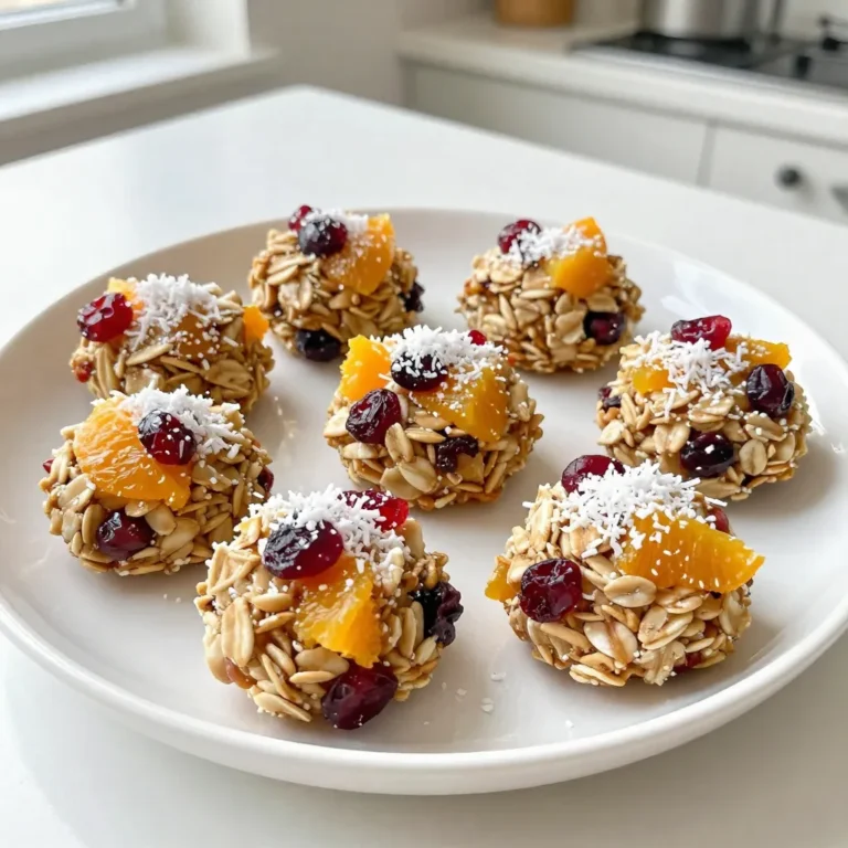 - 1 cup rolled oats - 1/2 cup almond butter (or peanut butter) - 1/3 cup honey or maple syrup - 1/2 cup dried cranberries, chopped - Zest of 1 orange - 1/4 cup unsweetened shredded coconut - 1 tablespoon chia seeds (optional) - Pinch of salt Each serving of these energy bites has about 120 calories. They mainly comprise: - Carbohydrates: 15g - Protein: 3g - Fat: 6g Benefits of cranberries: Cranberries are rich in antioxidants. They may help prevent infections and support heart health. Advantages of almond butter: Almond butter provides healthy fats and protein. It can keep you full and satisfied longer. Advantages of chia seeds: Chia seeds are high in fiber. They may help with digestion and provide omega-3 fatty acids. {{ingredient_image_1}} First, gather all your ingredients. This makes the process smooth and fun. In a large mixing bowl, combine the rolled oats, almond butter, and honey or maple syrup. Stir these dry ingredients until they mix well. Next, add the chopped dried cranberries, orange zest, shredded coconut, and chia seeds. Mix again until you see all the bits spread evenly. Now it’s time to shape your energy bites. Take small amounts of the mixture in your hands. Roll them into balls about 1 inch in size. This size is perfect for snacking. Place each ball on a baking sheet lined with parchment paper. Make sure the bites don’t touch each other. Chilling is crucial. Put the baking sheet in the refrigerator for at least 30 minutes. This helps the bites firm up and hold their shape. After chilling, transfer the energy bites to an airtight container. You can store them in the fridge for up to one week. Enjoy your tasty snack anytime! You can easily switch nut butters in this recipe. Almond butter works great, but peanut butter is just as good. If you want a different flavor, try sunflower seed butter or cashew butter. Each choice gives a unique taste to your energy bites. For sweeteners, you have options too. Honey adds a rich sweetness, while maple syrup gives a nice maple flavor. You can even use agave syrup if you want a vegan choice. Just remember that the flavor will change a bit with each sweetener. To keep your energy bites fresh, store them in an airtight container. This will help prevent them from drying out. You can line the container with parchment paper for extra protection. If you want them to last longer, keep them in the fridge. They stay fresh for up to a week. You can also freeze these bites. Just place them in a freezer-safe bag or container. They can last for up to three months in the freezer. When you’re ready to eat, let them thaw in the fridge overnight. These energy bites are great on their own, but you can make them even better. Pair them with fresh fruits like apples or bananas for a balanced snack. They also taste amazing with a cup of tea or coffee. For portion sizes, aim for one to two bites per snack. This gives you a nice boost of energy without overdoing it. You can also pack them for lunch or take them on a hike for a healthy treat. Pro Tips Use Fresh Ingredients: For the best flavor, use fresh dried cranberries and organic orange zest. Quality ingredients enhance the overall taste of your energy bites. Customize Your Nuts: Feel free to substitute almond butter with your favorite nut butter, such as cashew or sunflower seed butter, for varied flavors and textures. Add Protein: Boost the nutritional value by adding a scoop of your favorite protein powder to the mixture. This makes the bites even more filling and energizing. Longer Storage: For longer shelf life, store the energy bites in the freezer. They can last for up to three months, making them a perfect grab-and-go snack. {{image_2}} You can easily change the taste of your energy bites. Adding chocolate chips gives a sweet twist. Just mix in about a half cup of mini chocolate chips. They make each bite even more enjoyable! You can also spice things up. Try adding a pinch of cinnamon or nutmeg. These spices add warmth and depth. They make your bites taste cozy and festive. If you need a gluten-free option, use gluten-free oats. They work the same as regular oats. You can enjoy a tasty snack without the gluten! For those with nut allergies, consider nut-free alternatives. Sunflower seed butter is a great choice. It gives the same creamy texture without the nuts. You can make these bites vegan. Instead of honey, use maple syrup. It keeps the sweetness while being plant-based. If you want a low-sugar version, reduce the sweetener. You can also use a sugar substitute. This way, you can enjoy the bites with less sugar. To keep your cranberry orange energy bites fresh, store them in the fridge. Place them in an airtight container after they chill. This helps them stay firm and tasty. They last up to one week in the refrigerator. If you want them to keep longer, consider freezing them. Freezing energy bites is easy. First, arrange the bites in a single layer on a baking sheet. Freeze them for about two hours until firm. Once frozen, transfer them to a freezer-safe bag. Remove as much air as you can before sealing. To thaw, just take them out and let them sit at room temperature for 15 to 20 minutes. You can also microwave them for a few seconds if you're in a hurry. Use airtight containers to keep your energy bites fresh. Glass jars work well, but plastic containers are fine too. Make sure they are clean and dry before adding the bites. This helps prevent moisture and keeps them tasty for longer. Cranberry Orange Energy Bites stay fresh for about one week in the fridge. Store them in an airtight container. This keeps them soft and tasty. After a week, they may lose flavor and texture. Yes, you can make these energy bites in advance. They chill well, so you can prepare them ahead of time. This is great for busy days or snacks on the go. Just roll them, chill, and store them in the fridge. Absolutely! Cranberry Orange Energy Bites are very kid-friendly. Kids love the sweet taste and chewy texture. They make a healthy snack for lunchboxes or after school. Plus, they are easy to grab and eat. You can customize these energy bites in many fun ways. Try adding chocolate chips for a sweeter flavor. You can also mix in nuts or seeds for extra crunch. If you want more spice, add a pinch of cinnamon or nutmeg. Cranberry Orange Energy Bites offer a tasty snack packed with nutrition. We discussed the key ingredients, how to make them, and creative ways to customize. Remember to store them properly for freshness. These bites fit many diets and are easy to share. As you try this recipe, enjoy making it your own. Healthy snacks can be fun and simple!