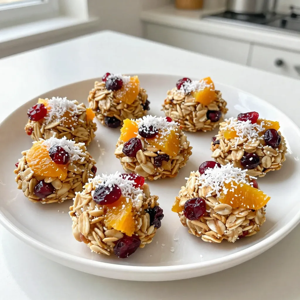 - 1 cup rolled oats - 1/2 cup almond butter (or peanut butter) - 1/3 cup honey or maple syrup - 1/2 cup dried cranberries, chopped - Zest of 1 orange - 1/4 cup unsweetened shredded coconut - 1 tablespoon chia seeds (optional) - Pinch of salt Each serving of these energy bites has about 120 calories. They mainly comprise: - Carbohydrates: 15g - Protein: 3g - Fat: 6g Benefits of cranberries: Cranberries are rich in antioxidants. They may help prevent infections and support heart health. Advantages of almond butter: Almond butter provides healthy fats and protein. It can keep you full and satisfied longer. Advantages of chia seeds: Chia seeds are high in fiber. They may help with digestion and provide omega-3 fatty acids. {{ingredient_image_1}} First, gather all your ingredients. This makes the process smooth and fun. In a large mixing bowl, combine the rolled oats, almond butter, and honey or maple syrup. Stir these dry ingredients until they mix well. Next, add the chopped dried cranberries, orange zest, shredded coconut, and chia seeds. Mix again until you see all the bits spread evenly. Now it’s time to shape your energy bites. Take small amounts of the mixture in your hands. Roll them into balls about 1 inch in size. This size is perfect for snacking. Place each ball on a baking sheet lined with parchment paper. Make sure the bites don’t touch each other. Chilling is crucial. Put the baking sheet in the refrigerator for at least 30 minutes. This helps the bites firm up and hold their shape. After chilling, transfer the energy bites to an airtight container. You can store them in the fridge for up to one week. Enjoy your tasty snack anytime! You can easily switch nut butters in this recipe. Almond butter works great, but peanut butter is just as good. If you want a different flavor, try sunflower seed butter or cashew butter. Each choice gives a unique taste to your energy bites. For sweeteners, you have options too. Honey adds a rich sweetness, while maple syrup gives a nice maple flavor. You can even use agave syrup if you want a vegan choice. Just remember that the flavor will change a bit with each sweetener. To keep your energy bites fresh, store them in an airtight container. This will help prevent them from drying out. You can line the container with parchment paper for extra protection. If you want them to last longer, keep them in the fridge. They stay fresh for up to a week. You can also freeze these bites. Just place them in a freezer-safe bag or container. They can last for up to three months in the freezer. When you’re ready to eat, let them thaw in the fridge overnight. These energy bites are great on their own, but you can make them even better. Pair them with fresh fruits like apples or bananas for a balanced snack. They also taste amazing with a cup of tea or coffee. For portion sizes, aim for one to two bites per snack. This gives you a nice boost of energy without overdoing it. You can also pack them for lunch or take them on a hike for a healthy treat. Pro Tips Use Fresh Ingredients: For the best flavor, use fresh dried cranberries and organic orange zest. Quality ingredients enhance the overall taste of your energy bites. Customize Your Nuts: Feel free to substitute almond butter with your favorite nut butter, such as cashew or sunflower seed butter, for varied flavors and textures. Add Protein: Boost the nutritional value by adding a scoop of your favorite protein powder to the mixture. This makes the bites even more filling and energizing. Longer Storage: For longer shelf life, store the energy bites in the freezer. They can last for up to three months, making them a perfect grab-and-go snack. {{image_2}} You can easily change the taste of your energy bites. Adding chocolate chips gives a sweet twist. Just mix in about a half cup of mini chocolate chips. They make each bite even more enjoyable! You can also spice things up. Try adding a pinch of cinnamon or nutmeg. These spices add warmth and depth. They make your bites taste cozy and festive. If you need a gluten-free option, use gluten-free oats. They work the same as regular oats. You can enjoy a tasty snack without the gluten! For those with nut allergies, consider nut-free alternatives. Sunflower seed butter is a great choice. It gives the same creamy texture without the nuts. You can make these bites vegan. Instead of honey, use maple syrup. It keeps the sweetness while being plant-based. If you want a low-sugar version, reduce the sweetener. You can also use a sugar substitute. This way, you can enjoy the bites with less sugar. To keep your cranberry orange energy bites fresh, store them in the fridge. Place them in an airtight container after they chill. This helps them stay firm and tasty. They last up to one week in the refrigerator. If you want them to keep longer, consider freezing them. Freezing energy bites is easy. First, arrange the bites in a single layer on a baking sheet. Freeze them for about two hours until firm. Once frozen, transfer them to a freezer-safe bag. Remove as much air as you can before sealing. To thaw, just take them out and let them sit at room temperature for 15 to 20 minutes. You can also microwave them for a few seconds if you're in a hurry. Use airtight containers to keep your energy bites fresh. Glass jars work well, but plastic containers are fine too. Make sure they are clean and dry before adding the bites. This helps prevent moisture and keeps them tasty for longer. Cranberry Orange Energy Bites stay fresh for about one week in the fridge. Store them in an airtight container. This keeps them soft and tasty. After a week, they may lose flavor and texture. Yes, you can make these energy bites in advance. They chill well, so you can prepare them ahead of time. This is great for busy days or snacks on the go. Just roll them, chill, and store them in the fridge. Absolutely! Cranberry Orange Energy Bites are very kid-friendly. Kids love the sweet taste and chewy texture. They make a healthy snack for lunchboxes or after school. Plus, they are easy to grab and eat. You can customize these energy bites in many fun ways. Try adding chocolate chips for a sweeter flavor. You can also mix in nuts or seeds for extra crunch. If you want more spice, add a pinch of cinnamon or nutmeg. Cranberry Orange Energy Bites offer a tasty snack packed with nutrition. We discussed the key ingredients, how to make them, and creative ways to customize. Remember to store them properly for freshness. These bites fit many diets and are easy to share. As you try this recipe, enjoy making it your own. Healthy snacks can be fun and simple!