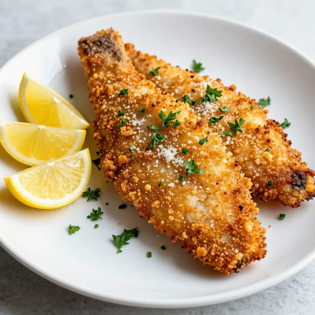 To make Parmesan crusted tilapia, gather these ingredients: - 4 tilapia fillets - 1/2 cup grated Parmesan cheese - 1/2 cup breadcrumbs (panko for extra crunch) - 1 teaspoon garlic powder - 1 teaspoon dried oregano - 1/2 teaspoon paprika - 1/4 teaspoon salt - 1/4 teaspoon black pepper - 2 large eggs - 2 tablespoons milk - Olive oil, for drizzling - Fresh lemon wedges, for garnish (optional) - Fresh parsley, chopped, for garnish (optional) I recommend using high-quality brands for the best taste. For cheese, try Kraft or BelGioioso. These brands offer a rich flavor that makes a difference. For breadcrumbs, look for Progresso or Ian's. Panko breadcrumbs give your crust an amazing crunch. You can add more flavor with these optional ingredients: - Fresh herbs like thyme or basil - A pinch of cayenne pepper for heat - Grated lemon zest for brightness - A splash of hot sauce for a kick Feel free to mix and match these options to suit your taste! {{ingredient_image_1}} First, you need to get your oven ready. Preheat it to 400°F (200°C). This step is key for a crispy crust. Next, take a baking sheet and line it with parchment paper. This makes cleanup easy. Lightly grease the paper with cooking spray or drizzle olive oil on it. This helps the fish not stick. Now, let's make the tasty topping. In a shallow bowl, mix together the grated Parmesan cheese and breadcrumbs. I like to use panko for extra crunch. Add in garlic powder, dried oregano, paprika, salt, and black pepper. Stir well so that all the flavors blend together. This mixture will give your tilapia a crisp and savory crust. It's time to coat the fish. In a separate bowl, whisk together two large eggs and milk until smooth. Take each tilapia fillet and dip it into the egg mixture. Make sure it’s fully coated. Then, dredge the fillet in the Parmesan-breadcrumb mixture. Press down lightly to help it stick well. Place the coated fillets on the baking sheet. Drizzle a little olive oil over each fillet to help it crisp up. Now, your tilapia is ready for the oven! To get that perfect crispy crust on your tilapia, start with the right breading. I like to use panko breadcrumbs. They create a light and crunchy texture. Mix the panko with grated Parmesan cheese for more flavor. Make sure to coat the tilapia well. Dip the fillets in the egg mixture first. Then, press them into the breadcrumb mix firmly. This helps the crust stick. A drizzle of olive oil on top will help with crisping too. Bake at 400°F for 15-20 minutes. Check for a golden brown color for the best result. When cooking fish, always use fresh fillets. Look for tilapia that smells like the ocean and has firm flesh. Before cooking, pat the fish dry with a paper towel. This helps remove excess moisture and allows for better browning. Use a baking sheet lined with parchment paper. This makes cleanup easy. Keep an eye on the cooking time. The fish should flake easily with a fork when ready. If you have a food thermometer, aim for an internal temperature of 145°F. For serving, I like to place the tilapia on a bright plate. This makes the dish pop. Squeeze fresh lemon juice over the top for a zing. Adding lemon wedges beside the fish looks nice and adds flavor. Garnish with fresh parsley for color and freshness. You can serve this dish with a side of steamed veggies or a light salad. It pairs well with rice or quinoa for a hearty meal. Enjoy your crispy Parmesan crusted tilapia! Pro Tips Choose the Right Fish: Fresh tilapia fillets should have a mild scent, and the flesh should be firm and translucent. Avoid any fillets that have a strong fishy smell or are discolored. Perfecting the Crust: For an even crispier coating, consider using a mix of panko breadcrumbs and regular breadcrumbs. Panko provides extra crunch while regular breadcrumbs help bind the coating. Enhancing Flavor: Marinate the tilapia fillets in a mixture of lemon juice, olive oil, and herbs for about 30 minutes before coating for an added burst of flavor. Serving Suggestions: Serve with a side of roasted vegetables or a fresh salad to complement the dish. A drizzle of balsamic reduction can also elevate the overall presentation. {{image_2}} You can mix up the flavor of your Parmesan crusted tilapia by adding herbs and spices. Try using dill, thyme, or basil. Each herb brings its own taste. For a spicy kick, add cayenne pepper or crushed red pepper flakes. Just remember to adjust the amount based on your taste. While tilapia is popular, you can use other fish too. Cod, haddock, or catfish work well with this recipe. Each fish varies in taste and texture. Cod has a mild flavor, while haddock is slightly sweeter. Choose the fish you like best, and follow the same steps in the recipe. If you need a gluten-free option, you can easily swap out the bread crumbs. Use gluten-free panko or crushed cornflakes instead. Both options create a great crunch. Be sure to check the labels to ensure they are certified gluten-free. This way, everyone can enjoy this tasty dish. To keep your Parmesan crusted tilapia fresh, store it in an airtight container. Allow the fish to cool completely before sealing it. Place a layer of paper towels in the container. This helps absorb extra moisture and keeps the crust crispy. You can store the leftovers in the fridge for up to three days. When you are ready to enjoy your leftovers, preheat your oven to 350°F (175°C). Place the tilapia on a baking sheet lined with parchment paper. Heat for about 10-15 minutes or until it's warm all the way through. This method keeps the crust crispy and the fish moist. Avoid using the microwave, as it can make the fish soggy. You can freeze the cooked tilapia for later. Wrap each fillet in plastic wrap, then place them in a freezer-safe bag. Remove as much air as possible before sealing. This helps prevent freezer burn. You can freeze the tilapia for up to three months. To cook from frozen, thaw it in the fridge overnight. Then, reheat it in the oven as mentioned above for the best results. You can pair Parmesan crusted tilapia with many sides. Here are some great options: - Steamed vegetables: Broccoli, green beans, or asparagus work well. - Rice or quinoa: A simple side of white or brown rice complements the fish nicely. - Salad: A fresh garden salad adds a crisp touch. - Potatoes: Mashed or roasted potatoes bring a comforting feel. - Pasta: A light pasta with olive oil and garlic fits perfectly. These sides make your meal colorful and tasty. Yes, you can use frozen tilapia fillets. Here’s how to do it: 1. Thaw the fillets: Place them in the fridge overnight or use the microwave on the defrost setting. 2. Cook as usual: Once thawed, follow the same steps in the recipe. Using frozen fillets is a great option for convenience. They still taste fresh when cooked right. You can tell tilapia is done by checking a few things: - Color: The flesh should turn from translucent to opaque. - Flaking: Use a fork to test. If it flakes easily, it’s ready. - Temperature: The fish should reach an internal temperature of 145°F (63°C). These signs help ensure your tilapia is cooked perfectly every time. You now have a clear path to making delicious Parmesan Crusted Tilapia. We covered the key ingredients, easy steps, and helpful tips for a crispy crust. I shared ways to add your personal twist with different flavors. Remember the right storage and reheating methods for leftovers. Enjoy this tasty dish that’s simple yet impressive. Your family and friends will love it! Try it out and make it your own. This recipe can become a favorite at any meal.