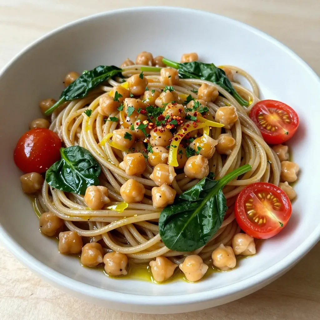 - 8 oz whole wheat pasta (e.g., spaghetti or penne) - 1 can (15 oz) chickpeas, rinsed and drained - 2 tablespoons olive oil - Juice and zest of 2 lemons - 2 cloves garlic, minced - 1 teaspoon red pepper flakes (adjust to taste) - 1 cup cherry tomatoes, halved - 1 cup spinach leaves, roughly chopped - 1/4 cup fresh parsley, chopped - 2 tablespoons nutritional yeast (for cheesy flavor) - Salt and black pepper to taste This recipe bursts with flavor. Each ingredient plays a key role. Whole wheat pasta gives you a hearty base. The chickpeas add protein and texture. Olive oil brings richness and helps meld the flavors. Lemons brighten the dish. You’ll use both juice and zest for a strong lemon taste. Garlic adds warmth. Red pepper flakes give a nice kick, but you can adjust this to fit your spice level. Fresh tomatoes and spinach bring color and nutrients. They make the dish look great and taste fresh. Finally, parsley adds a pop of green and a fresh finish. Consider adding nutritional yeast for a cheesy flavor. It’s a good option if you want to skip dairy. Season with salt and black pepper to make the dish perfect. Gather these ingredients, and you will create a vibrant, zesty meal. {{ingredient_image_1}} To cook whole wheat pasta, bring a pot of salted water to a boil. Add 8 oz of pasta, and cook it until it is al dente. This means it should be firm to the bite, not mushy. Once cooked, reserve 1/2 cup of the pasta water. This water has starch, which helps to thicken your sauce. After reserving, drain the pasta and set it aside. In a large skillet, heat 2 tablespoons of olive oil over medium heat. Once hot, add 2 minced garlic cloves and 1 teaspoon of red pepper flakes. Cook this mix for about 1 minute. You want the garlic to be fragrant but not burnt. Burnt garlic can ruin the dish’s flavor. Next, stir in the drained chickpeas and the juice and zest of 2 lemons. Let this cook for about 3 to 4 minutes. This step warms the chickpeas and infuses them with zesty flavor. After that, toss in 1 cup of halved cherry tomatoes. Cook for another 2 to 3 minutes until the tomatoes soften. Finally, add in 1 cup of roughly chopped spinach. The spinach will wilt quickly, adding a fresh touch. Now it’s time to mix in the cooked pasta. Toss everything together until the pasta is coated with the sauce. If it looks dry, add a bit of the reserved pasta water. This helps to reach your desired consistency. Season the dish with salt and black pepper to taste. If you want a cheesy flavor, sprinkle in 2 tablespoons of nutritional yeast. Mix well. Remove the skillet from heat and fold in 1/4 cup of chopped fresh parsley for added brightness. Using fresh ingredients makes a big difference. Fresh lemons give bright flavor. Fresh garlic adds depth. I always choose ripe cherry tomatoes. They burst with sweetness when cooked. Adjust spice levels to fit your taste. If you love heat, add more red pepper flakes. If you prefer mild, use less. Sauté garlic at medium heat. This keeps it from burning, which makes it bitter. Stir it often for even cooking. When cooking pasta, aim for al dente. It should be firm but not hard. Reserve some pasta water before draining. This water helps create a saucy mix. Serve the pasta in shallow bowls to show off its colors. Garnish with extra lemon zest. This brightens up the dish. Fresh parsley adds a nice touch too. For a pop of color, place some halved cherry tomatoes on top. A beautiful plate makes every meal feel special. Pro Tips Perfect Pasta: Always cook your pasta until al dente to maintain a nice texture and avoid it becoming mushy when combined with the sauce. Chickpea Prep: For extra flavor, try roasting the chickpeas in the oven with spices before adding them to the dish. Fresh Ingredients: Using fresh lemon juice and zest will elevate the dish’s brightness compared to bottled lemon juice. Customize the Heat: Adjust the amount of red pepper flakes based on your spice tolerance; you can also add fresh chili for a different heat profile. {{image_2}} You can switch up the protein in your Zesty Lemon Chickpea Pasta. Chickpeas are great, but other beans work too. Black beans or kidney beans can add a different taste. If you want meat, try grilled chicken or shrimp. Just cook them separately, then mix them in at the end. This adds a savory touch that many enjoy. Seasonal veggies can boost flavor and nutrition. Think about adding bell peppers, zucchini, or broccoli. These veggies are easy to cook and add great color. You can also use leftovers from other meals. Stir in roasted veggies or whatever you have on hand. This way, you reduce waste and get creative. If you need a gluten-free option, many pastas fit the bill. Brown rice pasta or chickpea pasta are excellent choices. They cook well and taste great with the lemon sauce. Whole grain pasta is another option. It adds fiber and nutrients while still being satisfying. Choose what works best for your diet and enjoy the fresh flavors! To keep your Zesty Lemon Chickpea Pasta fresh, store it in an airtight container. Place it in the fridge within two hours after cooking. This helps keep the flavors bright and the pasta safe to eat. When stored properly, this dish lasts about 3 to 5 days in the fridge. When reheating, use a skillet over low heat. Add a splash of water or olive oil to help keep it moist. Stir often to prevent sticking. You can also use a microwave, but cover the dish to keep moisture in. Reheat in short bursts for about 1 to 2 minutes, stirring in between. To freeze this pasta, start by letting it cool completely. Divide it into meal-sized portions. Use freezer-safe containers or bags, removing as much air as possible. Label each bag with the date and contents. This dish freezes well for up to 3 months. Consider that textures may change slightly when thawed and reheated. Yes, this recipe is already vegan. To keep it vegan, use nutritional yeast instead of cheese. If you want a creamier texture, add a splash of almond milk or coconut cream. Both options work great and keep the dish plant-based. To make this dish gluten-free, choose gluten-free pasta. Look for options made from rice, quinoa, or chickpeas. These alternatives cook well and still offer a great texture. Make sure to check the package for cooking times. This pasta pairs well with a fresh green salad. You can also serve it with garlic bread or roasted vegetables. For added protein, consider grilled tofu or chicken on the side. These options enhance the meal and bring new flavors. Yes, using canned chickpeas is a great choice. They save time and are ready to use. Canned chickpeas also have a smooth texture and soak up flavors well. If using dried chickpeas, soak and cook them ahead of time. To adjust the spice level, modify the amount of red pepper flakes. Start with a small amount, like 1/2 teaspoon, if you prefer less heat. You can always add more as you cook. Taste your dish along the way to find the right balance for you. This blog post covered how to make Zesty Lemon Chickpea Pasta. You learned about the main ingredients, flavor enhancers, and fresh additions. I shared tips for cooking, enhancing flavors, and storing leftovers. Variations give you options to customize the dish. Enjoy experimenting with this easy, healthy recipe. By using fresh ingredients, you'll create a tasty meal. I encourage you to try it and share your results. You’ll love how simple and delicious it can be.