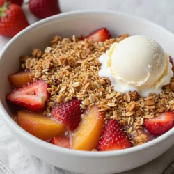 - 2 cups strawberries, hulled and quartered - 2 cups peaches, diced (fresh or frozen) Strawberries bring sweetness and color. Peaches add juiciness and more flavor. Use ripe fruit for the best taste. - 1/2 cup granulated sugar - 1 tablespoon lemon juice - 1 teaspoon vanilla extract Granulated sugar balances the tartness of the fruit. Lemon juice brightens the flavors, while vanilla adds warmth. - 1 cup rolled oats - 1/2 cup all-purpose flour - 1/2 cup brown sugar, packed - 1/2 teaspoon cinnamon - 1/4 teaspoon nutmeg - 1/3 cup cold butter, cubed - A pinch of salt Rolled oats give a nice crunch. All-purpose flour helps bind the topping. Brown sugar adds a rich flavor, and spices like cinnamon and nutmeg offer warmth. Cold butter helps create the perfect crumb. Salt enhances all the flavors in this dish. {{ingredient_image_1}} To start, get a large bowl. In this bowl, combine 2 cups of hulled and quartered strawberries with 2 cups of diced peaches. Add 1/2 cup of granulated sugar, 1 tablespoon of lemon juice, and 1 teaspoon of vanilla extract. Toss gently to coat the fruit. Let it sit for about 10 minutes. This step helps the flavors meld together, making every bite delicious. While the fruit sits, prepare the crisp topping. Grab another bowl and mix 1 cup of rolled oats, 1/2 cup of all-purpose flour, 1/2 cup of packed brown sugar, 1/2 teaspoon of cinnamon, and 1/4 teaspoon of nutmeg. Don&rsquo;t forget a pinch of salt for flavor. Now, add 1/3 cup of cold, cubed butter. Use your fingers or a pastry cutter to mix until it looks like coarse crumbs. Now it&rsquo;s time to put it all together. Grease a 9x13-inch baking dish. Spread the fruit mixture evenly across the bottom. Next, sprinkle the oat topping over the fruit. Make sure to cover all the fruit. Preheat your oven to 350&deg;F (175&deg;C) and bake for 30 to 35 minutes. Keep an eye on it! You want the topping to turn golden brown and the fruit to bubble. Once done, take it out and let it cool slightly before serving. Enjoy your tasty strawberry peach crisp! To make a great crisp topping, use cold butter. Cold butter helps create a nice crumb. When you mix it with the dry ingredients, it stays in small pieces. This keeps the topping flaky. Achieve the right crumb texture by mixing well. Use your fingers or a pastry cutter. You want the mixture to look like coarse crumbs. Do not overmix, or the topping may become dense. Serve the crisp warm for the best taste. I love serving it in individual bowls. This makes each serving special. Top it with a scoop of vanilla ice cream. The cold ice cream melts into the warm fruit. You can also add whipped cream for a creamy touch. Bake your crisp for 30 to 35 minutes. The topping should turn golden brown. The fruit should bubble around the edges. To check for doneness, stick a knife in the topping. If it comes out clean, it&rsquo;s ready! This ensures you have a perfectly baked crisp every time. Pro Tips Use Fresh Ingredients: For the best flavor, opt for fresh strawberries and peaches when they're in season. This will enhance the sweetness and overall taste of your crisp. Experiment with Spices: Feel free to add additional spices like ginger or cardamom to the topping for a unique flavor profile that complements the fruit. Make It Ahead: You can prepare the fruit filling and topping separately in advance. Assemble and bake when you're ready to serve for a warm dessert. Serving Suggestions: Serve your crisp warm with a scoop of vanilla ice cream or a dollop of whipped cream to add a creamy texture that contrasts beautifully with the crisp topping. {{image_2}} You can mix fruits for your crisp. Try blueberries or blackberries for a twist. Adding these fruits gives new flavors and colors. In summer, use fresh berries. In winter, frozen fruits work great. Each season brings a chance to change the taste. Want a gluten-free option? Use gluten-free oats and flour. This way, everyone can enjoy it. For a healthier dish, swap granulated sugar with honey or maple syrup. These options keep the sweetness but cut added sugar. Boost the flavor with spices. Try adding ginger or allspice to the topping. A splash of almond extract can also add a nice touch. Want some crunch? Add chopped nuts like almonds or walnuts. Seeds like sunflower can add texture too. These changes bring new life to your crisp. To store leftovers, cool the crisp to room temperature. Place it in an airtight container. Make sure to cover it tightly. This keeps it fresh longer. The best containers are glass or plastic with a good seal. They help keep moisture in and odors out. You can freeze the crisp before or after baking. If freezing before baking, assemble it in a freezer-safe dish. Cover tightly with plastic wrap, then foil. This protects it from frost. To freeze after baking, let it cool first. Then, slice it into portions and wrap each piece. For reheating frozen crisp, bake it at 350&deg;F (175&deg;C) for about 30 minutes. Check that it&rsquo;s heated through and bubbly. In the fridge, the crisp lasts about 3 to 5 days. In the freezer, it can last up to 3 months. After thawing, enjoy it within a week for the best taste. To use frozen fruit, start by thawing it. Place the frozen strawberries and peaches in a bowl. Let them sit for about 30 minutes. This helps them soften. After thawing, drain excess liquid. You might need to reduce the sugar. Frozen fruit is often sweeter. Start with 1/3 cup of sugar, then taste. Adjust as needed. Follow the rest of the recipe as usual. Your crisp will still turn out delicious! Yes, you can adjust the recipe easily. If you need fewer servings, cut the ingredients in half. Use 1 cup of strawberries and 1 cup of peaches. Also, halve the sugar and the rest of the ingredients. This makes about four servings. You can also use a smaller baking dish. A 9x9-inch dish works well for this size. Just watch the baking time. It may need a little less time in the oven. Strawberry Peach Crisp has tasty and satisfying nutrition. One serving has about 220 calories. It offers around 5 grams of fat, mainly from the butter. Each serving provides about 37 grams of carbs. You also get around 3 grams of fiber, thanks to the fruit and oats. The sugars come from the fruit and added sugar. This dessert is best enjoyed in moderation for a sweet treat! This blog post covered how to make a delicious Strawberry Peach Crisp. You learned about fresh fruits, sweeteners, and the crisp topping ingredients needed for great taste. I shared step-by-step instructions for preparing the fruit, mixing the topping, and baking it perfectly. Remember to try different fruits and adjust for dietary needs. Your crisp will shine when served warm with ice cream. Make sure to store leftovers correctly for later enjoyment. With these tips and tricks, you can create charm in every bite. Enjoy your cooking!