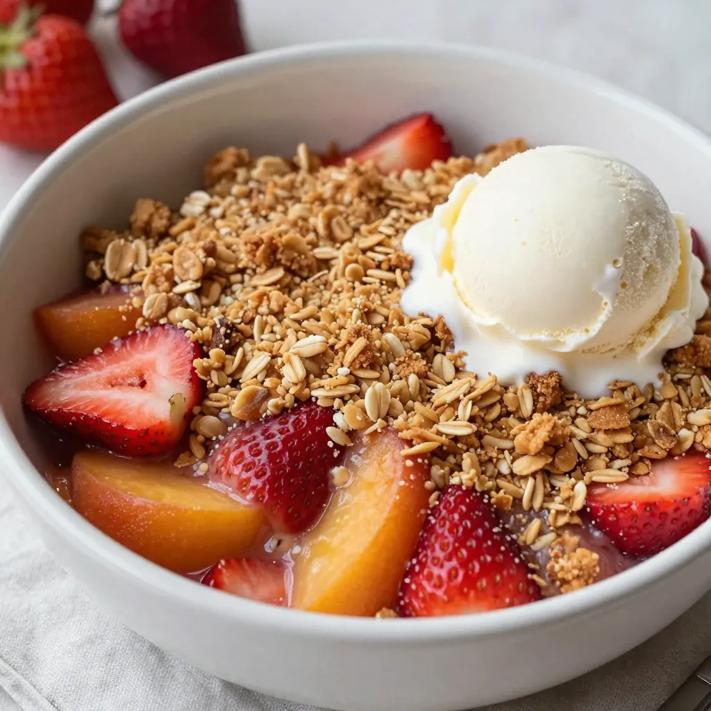 - 2 cups strawberries, hulled and quartered - 2 cups peaches, diced (fresh or frozen) Strawberries bring sweetness and color. Peaches add juiciness and more flavor. Use ripe fruit for the best taste. - 1/2 cup granulated sugar - 1 tablespoon lemon juice - 1 teaspoon vanilla extract Granulated sugar balances the tartness of the fruit. Lemon juice brightens the flavors, while vanilla adds warmth. - 1 cup rolled oats - 1/2 cup all-purpose flour - 1/2 cup brown sugar, packed - 1/2 teaspoon cinnamon - 1/4 teaspoon nutmeg - 1/3 cup cold butter, cubed - A pinch of salt Rolled oats give a nice crunch. All-purpose flour helps bind the topping. Brown sugar adds a rich flavor, and spices like cinnamon and nutmeg offer warmth. Cold butter helps create the perfect crumb. Salt enhances all the flavors in this dish. {{ingredient_image_1}} To start, get a large bowl. In this bowl, combine 2 cups of hulled and quartered strawberries with 2 cups of diced peaches. Add 1/2 cup of granulated sugar, 1 tablespoon of lemon juice, and 1 teaspoon of vanilla extract. Toss gently to coat the fruit. Let it sit for about 10 minutes. This step helps the flavors meld together, making every bite delicious. While the fruit sits, prepare the crisp topping. Grab another bowl and mix 1 cup of rolled oats, 1/2 cup of all-purpose flour, 1/2 cup of packed brown sugar, 1/2 teaspoon of cinnamon, and 1/4 teaspoon of nutmeg. Don’t forget a pinch of salt for flavor. Now, add 1/3 cup of cold, cubed butter. Use your fingers or a pastry cutter to mix until it looks like coarse crumbs. Now it’s time to put it all together. Grease a 9x13-inch baking dish. Spread the fruit mixture evenly across the bottom. Next, sprinkle the oat topping over the fruit. Make sure to cover all the fruit. Preheat your oven to 350°F (175°C) and bake for 30 to 35 minutes. Keep an eye on it! You want the topping to turn golden brown and the fruit to bubble. Once done, take it out and let it cool slightly before serving. Enjoy your tasty strawberry peach crisp! To make a great crisp topping, use cold butter. Cold butter helps create a nice crumb. When you mix it with the dry ingredients, it stays in small pieces. This keeps the topping flaky. Achieve the right crumb texture by mixing well. Use your fingers or a pastry cutter. You want the mixture to look like coarse crumbs. Do not overmix, or the topping may become dense. Serve the crisp warm for the best taste. I love serving it in individual bowls. This makes each serving special. Top it with a scoop of vanilla ice cream. The cold ice cream melts into the warm fruit. You can also add whipped cream for a creamy touch. Bake your crisp for 30 to 35 minutes. The topping should turn golden brown. The fruit should bubble around the edges. To check for doneness, stick a knife in the topping. If it comes out clean, it’s ready! This ensures you have a perfectly baked crisp every time. Pro Tips Use Fresh Ingredients: For the best flavor, opt for fresh strawberries and peaches when they're in season. This will enhance the sweetness and overall taste of your crisp. Experiment with Spices: Feel free to add additional spices like ginger or cardamom to the topping for a unique flavor profile that complements the fruit. Make It Ahead: You can prepare the fruit filling and topping separately in advance. Assemble and bake when you're ready to serve for a warm dessert. Serving Suggestions: Serve your crisp warm with a scoop of vanilla ice cream or a dollop of whipped cream to add a creamy texture that contrasts beautifully with the crisp topping. {{image_2}} You can mix fruits for your crisp. Try blueberries or blackberries for a twist. Adding these fruits gives new flavors and colors. In summer, use fresh berries. In winter, frozen fruits work great. Each season brings a chance to change the taste. Want a gluten-free option? Use gluten-free oats and flour. This way, everyone can enjoy it. For a healthier dish, swap granulated sugar with honey or maple syrup. These options keep the sweetness but cut added sugar. Boost the flavor with spices. Try adding ginger or allspice to the topping. A splash of almond extract can also add a nice touch. Want some crunch? Add chopped nuts like almonds or walnuts. Seeds like sunflower can add texture too. These changes bring new life to your crisp. To store leftovers, cool the crisp to room temperature. Place it in an airtight container. Make sure to cover it tightly. This keeps it fresh longer. The best containers are glass or plastic with a good seal. They help keep moisture in and odors out. You can freeze the crisp before or after baking. If freezing before baking, assemble it in a freezer-safe dish. Cover tightly with plastic wrap, then foil. This protects it from frost. To freeze after baking, let it cool first. Then, slice it into portions and wrap each piece. For reheating frozen crisp, bake it at 350°F (175°C) for about 30 minutes. Check that it’s heated through and bubbly. In the fridge, the crisp lasts about 3 to 5 days. In the freezer, it can last up to 3 months. After thawing, enjoy it within a week for the best taste. To use frozen fruit, start by thawing it. Place the frozen strawberries and peaches in a bowl. Let them sit for about 30 minutes. This helps them soften. After thawing, drain excess liquid. You might need to reduce the sugar. Frozen fruit is often sweeter. Start with 1/3 cup of sugar, then taste. Adjust as needed. Follow the rest of the recipe as usual. Your crisp will still turn out delicious! Yes, you can adjust the recipe easily. If you need fewer servings, cut the ingredients in half. Use 1 cup of strawberries and 1 cup of peaches. Also, halve the sugar and the rest of the ingredients. This makes about four servings. You can also use a smaller baking dish. A 9x9-inch dish works well for this size. Just watch the baking time. It may need a little less time in the oven. Strawberry Peach Crisp has tasty and satisfying nutrition. One serving has about 220 calories. It offers around 5 grams of fat, mainly from the butter. Each serving provides about 37 grams of carbs. You also get around 3 grams of fiber, thanks to the fruit and oats. The sugars come from the fruit and added sugar. This dessert is best enjoyed in moderation for a sweet treat! This blog post covered how to make a delicious Strawberry Peach Crisp. You learned about fresh fruits, sweeteners, and the crisp topping ingredients needed for great taste. I shared step-by-step instructions for preparing the fruit, mixing the topping, and baking it perfectly. Remember to try different fruits and adjust for dietary needs. Your crisp will shine when served warm with ice cream. Make sure to store leftovers correctly for later enjoyment. With these tips and tricks, you can create charm in every bite. Enjoy your cooking!