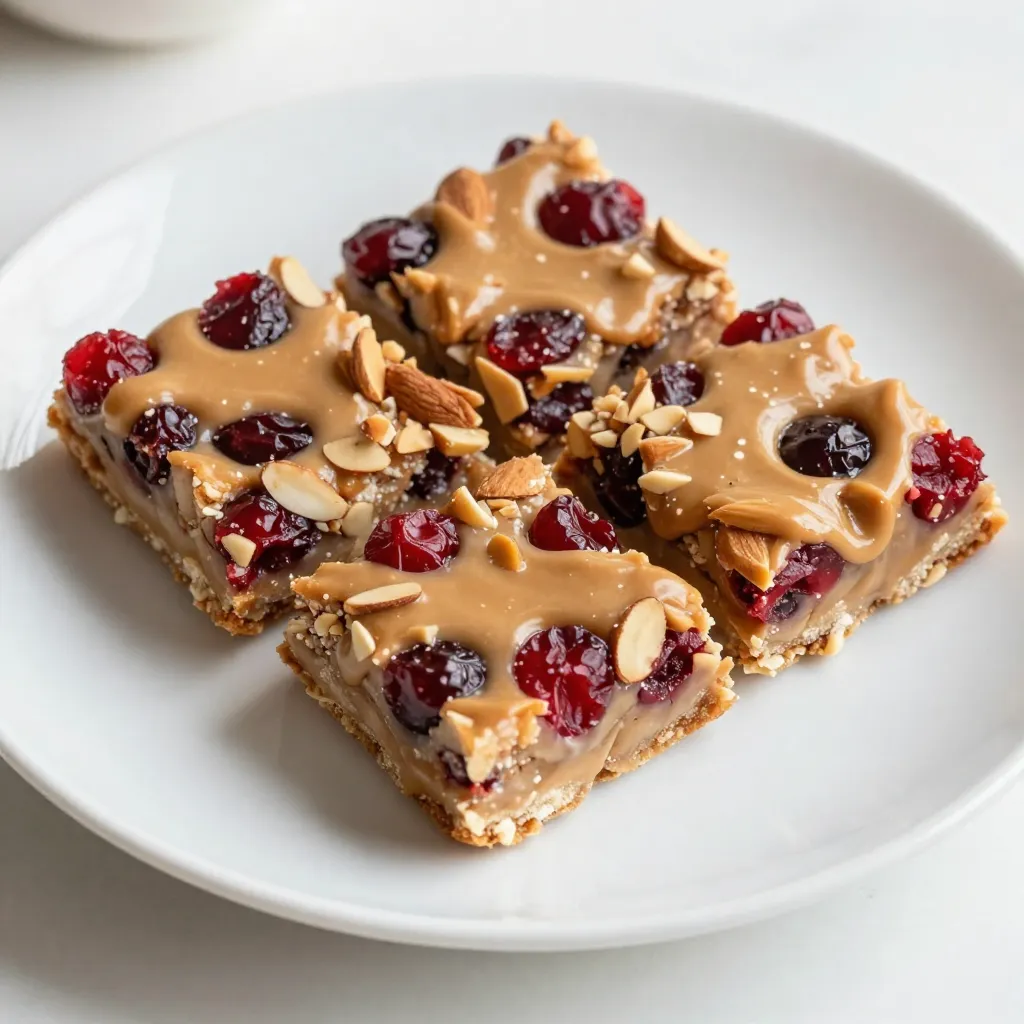 To make Cherry Almond Energy Bars, gather these ingredients: - 1 cup dried cherries, chopped - 1 cup raw almonds, chopped - 1 cup rolled oats - ½ cup almond butter - ¼ cup honey or maple syrup - ½ teaspoon vanilla extract - ¼ teaspoon salt - ¼ teaspoon cinnamon - ¼ cup flaxseeds (optional) These ingredients blend to create a tasty, healthy snack. The dried cherries add sweetness and chewiness. Raw almonds provide crunch and healthy fats. Rolled oats give the bars a hearty base. Almond butter serves as a creamy binder. Honey or maple syrup sweetens the mix. Vanilla extract enhances the flavor. Salt and cinnamon add depth. Flaxseeds boost nutrition and texture. If you're out of almonds, try walnuts or cashews. They work well in this recipe. For sweeteners, agave syrup or brown rice syrup can replace honey or maple syrup. Both options keep the bars sweet. If you need a nut-free choice, use sunflower seed butter instead of almond butter. It still binds the bars while adding a different flavor. These swaps help you customize the recipe to your taste. {{ingredient_image_1}} 1. Start by preheating your oven to 350°F (175°C). 2. Line an 8x8 inch baking pan with parchment paper. Leave some overhang to help lift the bars later. 3. In a large mixing bowl, combine the chopped dried cherries, chopped almonds, and rolled oats. Stir well to mix. 1. In a small saucepan, melt the almond butter and honey (or maple syrup) over low heat. Stir until smooth. 2. Remove the pan from heat. Add the vanilla extract, salt, and cinnamon. Mix well to combine all the flavors. 1. Pour the almond butter mixture over the dry ingredients. Mix thoroughly until everything is well coated. 2. If you want to add flaxseeds, fold them in at this stage. 3. Transfer the mixture to the prepared baking pan. Press down firmly to make an even layer. 4. Bake in the preheated oven for 15-20 minutes. Look for a lightly golden edge as a sign it’s ready. 5. Once baked, remove the pan from the oven. Let it cool completely on a wire rack before lifting it out with the parchment paper. 6. Cut into squares or bars. Store in an airtight container at room temperature for a week or in the fridge for up to two weeks. Bars too crumbly If your bars fall apart, try adding more almond butter or honey. These ingredients help bind the mix. You may also press the mixture down more firmly in the pan. This creates a denser bar. Bars too moist If your bars are too wet, bake them a little longer. Check them around the 15-minute mark. You can also add more oats to soak up extra moisture. This will help firm them up. Adding spices To boost flavor, consider adding spices like nutmeg or ginger. These spices pair well with cherries and almonds. A pinch can make a big difference. Incorporating extra ingredients Feel free to get creative! Add dark chocolate chips for a sweet twist. Chia seeds can also boost nutrition. Just remember to adjust the other ingredients if needed. Best serving suggestions Serve your energy bars on a wooden board. Drizzle some almond butter on top for extra flavor. Fresh cherries on the side add a nice touch, too. Storage tips for freshness Store your bars in an airtight container. They will stay fresh at room temperature for about a week. If you want them to last longer, keep them in the fridge for up to two weeks. Pro Tips Use Fresh Ingredients: The quality of your dried cherries and almonds will significantly affect the taste of your energy bars. Opt for fresh, high-quality nuts and fruits for the best flavor. Customize Your Sweetness: Adjust the amount of honey or maple syrup according to your taste preferences. You can also substitute with a sugar-free alternative if desired. Experiment with Add-ins: Feel free to add other ingredients like chocolate chips, coconut flakes, or different seeds to personalize your energy bars and enhance their nutritional profile. Storage Tips: For longer shelf life, store the energy bars in the refrigerator, where they can stay fresh for up to two weeks. You can also freeze them for up to three months for a quick snack anytime. {{image_2}} You can make your Cherry Almond Energy Bars even more exciting! Here are two tasty ideas: - Adding chocolate chips: Stir in ½ cup of dark chocolate chips. This adds rich flavor and sweetness. Plus, chocolate pairs well with cherries and almonds. - Incorporating other dried fruits: Try adding ½ cup of chopped dried apricots or cranberries. This gives your bars different tastes and colors. Mix and match to find your favorite combination! You can also adjust the recipe to fit your diet! Here are a few easy swaps: - Vegan-friendly substitutions: Replace honey with maple syrup. Use a nut-free butter like sunflower seed butter instead of almond butter. These changes make the bars vegan and just as delicious. - Gluten-free variations: Ensure your oats are certified gluten-free. This way, the bars are safe for those sensitive to gluten. You can also swap regular oats with gluten-free oats. If you're looking for new ways to enjoy these bars, consider these fun options: - Energy bites alternative: Roll the mixture into small balls instead of bars. This makes perfect bite-sized snacks for on-the-go. Just adjust the baking time or skip it entirely! - No-bake versions: Mix the ingredients and let them chill in the fridge. Once firm, cut them into squares. This method is quick and easy and keeps all the flavors intact. These variations make your Cherry Almond Energy Bars versatile and fun. Enjoy experimenting with flavors and dietary needs! To keep your Cherry Almond Energy Bars fresh, store them in an airtight container. This will help lock in moisture and flavor. You can keep them at room temperature for a week. If you want them to last longer, store them in the refrigerator. This will keep them fresh for up to two weeks. When stored at room temperature, the bars stay good for about a week. In the fridge, they last up to two weeks. This makes it easy to grab a tasty snack anytime you need energy. If you want to save some for later, you can freeze the bars. Wrap each bar in plastic wrap or foil, then place them in a freezer bag. This method keeps them fresh for about three months. To enjoy, take them out and let them thaw in the fridge overnight. You can also microwave them for 10-15 seconds to warm them up. Enjoy your energy boost! Cherry Almond Energy Bars are a tasty and healthy snack. They mix dried cherries, almonds, and oats. You make them using almond butter and honey for sweetness. These bars are great for a quick energy boost. They are easy to make and perfect for on-the-go. You can easily change the recipe to fit your taste. Here are some ideas: - Add chocolate chips for a sweet touch. - Mix in other nuts like walnuts or pecans. - Try different dried fruits such as apricots or cranberries. - Use different nut butters like peanut or cashew butter. - Add spices like nutmeg or ginger for extra flavor. These options let you create your perfect energy bar. You can find Cherry Almond Energy Bars at many stores. Check local grocery stores or health food shops. Popular brands often sell them. You can also order online. Homemade bars are better for you. They use fresh ingredients, and you control what goes in. Store-bought bars can have extra sugar and preservatives. Making them at home means you enjoy a wholesome snack made just for you. You learned how to make Cherry Almond Energy Bars using simple ingredients. We discussed main ingredients, substitutions, and preparation steps. With tips on flavor and storage, you can craft the perfect snack. Remember, these bars are easy to customize for your taste or dietary needs. Enjoy these delicious treats anytime. With the right mix and a bit of practice, you'll become an expert. Get creative in the kitchen and have fun!