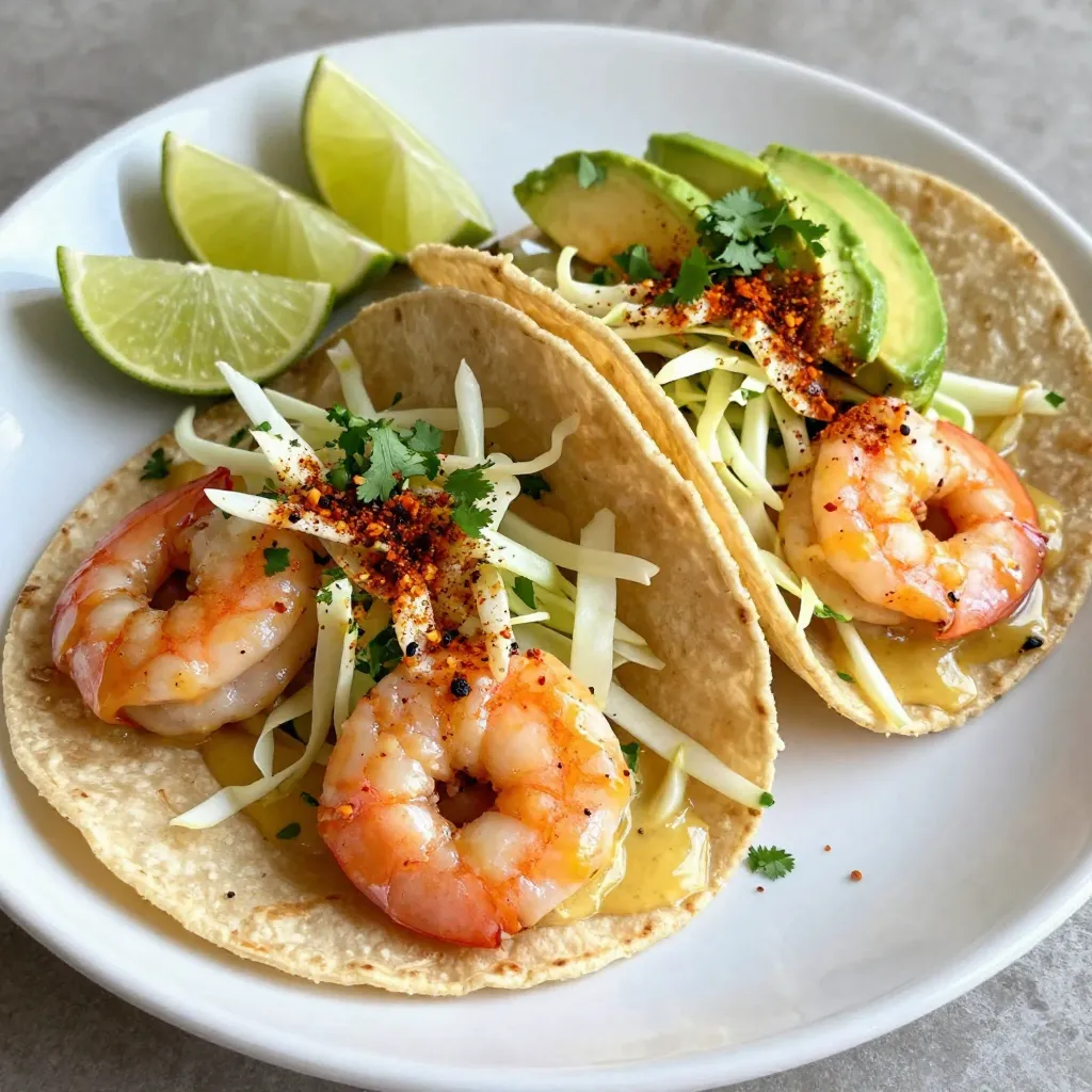 - 1 pound large shrimp, peeled and deveined - 4 tablespoons unsalted butter - 4 cloves garlic, minced Large shrimp give these tacos a sweet and juicy bite. I love using fresh shrimp, but frozen works too. Just make sure to thaw them well. The unsalted butter adds richness. It helps the garlic brown nicely, creating a tasty base. Garlic is the star here, bringing its bold flavor to the dish. - 1 teaspoon smoked paprika - 1 teaspoon cayenne pepper (adjust for spice level) - Salt and pepper to taste Smoked paprika gives a warm, earthy taste. It pairs well with shrimp. Cayenne pepper adds heat. You can adjust it based on your spice level. I suggest starting low and adding more if you like it hot. Salt and pepper enhance all these flavors, making each bite pop. - 8 small corn or flour tortillas - 1 cup cabbage, shredded - 1 avocado, sliced For the tacos, I prefer corn tortillas. They add a nice texture. Flour tortillas are softer, but you can use either. Shredded cabbage adds crunch and freshness. I love the color it brings. Sliced avocado gives a creamy finish to each bite. It's a wonderful contrast to the garlic shrimp. {{ingredient_image_1}} To start, you need to melt the butter in a large skillet over medium heat. Once the butter melts, add the minced garlic. Sauté the garlic for about 30 seconds. Be careful not to burn the garlic. It should smell fragrant. Next, add the shrimp to the skillet. Sprinkle smoked paprika, cayenne pepper, salt, and pepper over the shrimp. Cook the shrimp for 2 to 3 minutes on each side. You want them to turn pink and opaque. Once done, squeeze lime juice over the shrimp and stir to mix well. While the shrimp cooks, you can warm the tortillas. You have a few options here. You can use a dry skillet on the stove or the microwave. Heat them until they are pliable. This step makes the tortillas easier to fold. Now comes the fun part: assembling the tacos! Start by placing a few pieces of shrimp in the center of each tortilla. Next, add shredded cabbage and avocado slices on top. Finish with fresh cilantro for a pop of color and flavor. Serve the tacos right away with lime wedges on the side for that extra zing. Enjoy your delicious garlic butter shrimp tacos! To cook shrimp just right, heat your skillet to medium. It should be hot enough for a good sear. Cook the shrimp for 2-3 minutes on each side. They should turn pink and opaque. This shows they are done. If you overcook them, they become rubbery. You want tender, juicy shrimp. Always keep an eye on the clock. Remember, shrimp cooks quickly. Choosing the right tortilla matters. Corn tortillas have a nice, earthy flavor. They are also gluten-free. Flour tortillas are softer and more pliable. They hold more filling. Both work well, but the choice is yours. If you want a classic taco feel, go with corn. If you prefer a soft bite, choose flour. Warm them up before using. This makes them easier to fold. Toppings can elevate your tacos. Shredded cabbage adds crunch and freshness. Sliced avocado brings creaminess. Fresh cilantro gives great flavor. You can also add salsa for some heat. Consider diced tomatoes or pickled onions for more color. Lime wedges are great for squeezing on top. Feel free to mix and match your favorite toppings. The more, the merrier! Pro Tips Freshness is Key: Use the freshest shrimp you can find for the best flavor and texture. Look for shrimp that are firm and have a mild ocean scent. Control the Heat: Adjust the cayenne pepper to your desired spice level, or substitute with a milder pepper if preferred. Tortilla Technique: Warm your tortillas on a dry skillet for a few seconds on each side for a better texture. This helps them stay pliable and enhances their flavor. Garnish for Greatness: Fresh cilantro and lime wedges are not just for decoration; they add brightness and balance to your tacos, so don’t skip them! {{image_2}} You can switch up this meal by using chicken or fish. If you choose chicken, cut it into small pieces. Cook it in the same way as the shrimp. For fish, I love using tilapia or cod. They cook quickly and taste great with garlic butter. Just make sure to adjust the cooking time so they stay tender. If you want a meat-free meal, you can swap the shrimp with veggies. Try using bell peppers, zucchini, or mushrooms. You can sauté them in the garlic butter just like the shrimp. This will add a nice flavor to your tacos. You can also use beans for protein. Black beans or chickpeas work well. Don't be afraid to play with flavors! You can add different spices or herbs to change the taste. Try cumin for a warm touch or oregano for a fresh vibe. Fresh herbs like parsley or dill can brighten the dish. If you like heat, add more cayenne pepper or jalapeños. The more you experiment, the more fun your tacos will be! After enjoying your garlic butter shrimp tacos, store any leftovers in the fridge. Use an airtight container to keep them fresh. It's best to eat them within two days for the best taste. If you have extra shrimp, keep them separate from the tortillas. This helps keep the tortillas from getting soggy. To reheat your shrimp tacos, use a skillet over medium heat. Warm the shrimp for about one to two minutes until heated through. You can also reheat the tortillas. Place them in a dry skillet for 30 seconds on each side. This way, they stay soft and tasty. Yes, you can freeze shrimp tacos, but it's better to freeze the shrimp separately. Place the shrimp in a freezer-safe bag. You can keep them in the freezer for up to three months. When ready to eat, thaw them overnight in the fridge. Then, reheat as mentioned above and enjoy! Making garlic butter shrimp tacos is quick and easy. It takes about 10 minutes to prep. Cooking takes another 10 minutes. So, the total time is 20 minutes. You can enjoy this meal in no time! Yes, you can prep some parts ahead. Cook the shrimp and store it in the fridge. You can also warm the tortillas and chop the toppings. Just keep everything in separate containers. This way, you can quickly assemble the tacos when ready to eat. These tacos pair well with many sides. Here are some great options: - Mexican rice for a filling side. - Black beans for added protein. - A fresh salad for a light touch. - Chips with salsa for a crunchy option. - Grilled corn on the cob for a sweet taste. Feel free to mix and match to find your favorite pairings! You learned how to make garlic butter shrimp tacos. We covered key ingredients like shrimp, butter, and spices. I shared step-by-step cooking tips and how to assemble your tacos. You can choose between corn or flour tortillas and add fresh toppings like avocado. These tacos are fast and full of flavor. They can fit any meal plan and please many tastes. Enjoy experimenting with variations and garnishes. Finally, store your leftovers wisely to keep them fresh. Make shrimp tacos your go-to dish for easy meals!
