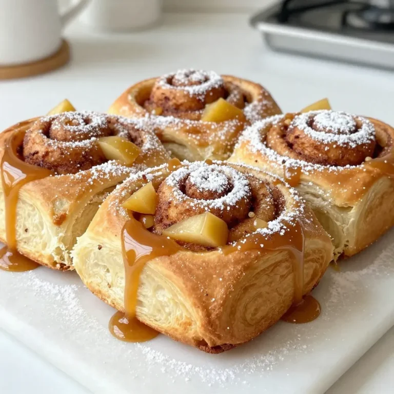 - 2 cups all-purpose flour - 2 tablespoons sugar - 1 packet (2 ¼ teaspoons) instant yeast - ½ teaspoon salt - ½ cup warm milk (110°F) - 2 tablespoons unsalted butter, melted - 1 large egg - 1 teaspoon vanilla extract - 1 tablespoon ground cinnamon - ½ cup packed brown sugar - 1 large apple, peeled and diced (preferably Granny Smith) - ½ cup caramel sauce (store-bought or homemade) - Extra flour for dusting - Optional: powdered sugar for dusting The main star here is the apple. I recommend using Granny Smith apples. They add a nice tartness that balances the sweetness. The brown sugar mixes perfectly with cinnamon, giving the filling a warm, cozy flavor. Instant yeast helps the dough rise quickly. It makes the process easier and faster. The all-purpose flour binds everything together. It creates a soft, fluffy texture. Warm milk activates the yeast. It also enriches the dough, making it tender. Unsalted butter adds richness and flavor, while the egg gives structure to the rolls. You can add a dash of nutmeg or ginger for a spice kick. For more sweetness, use extra caramel sauce. If you love a bit of crunch, consider adding chopped nuts like pecans or walnuts. A dusting of powdered sugar on top adds a lovely, sweet touch before serving. {{ingredient_image_1}} To start, combine warm milk, sugar, and yeast in a mixing bowl. Make sure the milk is about 110°F. Let the mixture sit for 5 minutes. You want to see bubbles forming on top. This shows the yeast is alive and ready to work. In another bowl, mix flour and salt. Once the yeast is frothy, stir in melted butter, egg, and vanilla. Blend this well. Next, add the flour mixture slowly. Stir until the dough forms a soft ball. Dust your counter with extra flour and knead the dough for 5 to 7 minutes. It should feel smooth and elastic. Now, place it in a greased bowl. Cover it and let it rise in a warm spot for about 1 hour. While the dough rises, you can prepare the filling. In a small bowl, mix brown sugar and ground cinnamon. This blend will give your rolls that warm, sweet flavor. Set this mixture aside for later. Once the dough has doubled in size, punch it down gently. Roll it out into a rectangle of about 12x18 inches. Spread the cinnamon and sugar mixture evenly over the dough. Then, scatter the diced apples on top. Starting from one long edge, roll the dough tightly into a log. Pinch the seams to seal it. Slice the log into 12 equal rolls. Place the rolls in a greased baking dish. Leave some space between them. Cover and let them rise for another 30 minutes. Preheat your oven to 375°F. Bake the rolls for 20 to 25 minutes. They should look golden brown when done. As soon as they come out of the oven, drizzle warm caramel sauce over the rolls. You can dust with powdered sugar for an extra sweet touch if you like. Enjoy your homemade treats! To get the best dough, start with warm milk. It should feel warm, not hot. Mix the yeast and sugar in the milk. Let it sit for five minutes. It should get frothy. If it doesn’t, your yeast might be old. When mixing flour and salt, add them slowly. This helps you avoid a lumpy dough. Knead the dough for five to seven minutes. It should feel smooth and elastic. If it's too sticky, add a little flour. The right texture makes rolling easier. If you have any rolls left, store them well. Keep them in an airtight container. They stay fresh in the fridge for three days. To reheat, use the microwave for about 15 seconds. This keeps them soft. You can also use the oven. Wrap them in foil and heat at 350°F for about 10 minutes. This method keeps the outside nice and warm. For extra flavor, try adding spices. A pinch of nutmeg or ginger can add depth. You can also swap apples for pears. They give a different taste but are just as good. Want a gooey center? Add more caramel sauce inside the rolls. Drizzle it over the top too. It makes for a sweet surprise! Pro Tips Check Dough Temperature: Ensure that your milk is warm, around 110°F, to activate the yeast effectively without killing it. Choose the Right Apples: Opt for tart apples like Granny Smith for the best flavor contrast against the sweetness of the caramel. Seal the Rolls Well: When rolling the dough, pinch the seams tightly to prevent the filling from leaking out during baking. Serve Warm: These rolls are best enjoyed fresh out of the oven while still warm, allowing the caramel to be gooey and delicious. {{image_2}} You can have fun with themed flavors for your caramel apple cinnamon rolls. - Pumpkin Spice: Add pumpkin puree and spice mix. Use cinnamon, nutmeg, and ginger for a fall twist. - Chocolate Chip: Sprinkle mini chocolate chips over the cinnamon sugar filling. The sweet chocolate pairs well with apples. These variations keep the rolls exciting and cater to different tastes. You can also adapt this recipe to fit dietary needs. - Vegan: Replace the egg with a flax egg. Use plant-based milk and vegan butter to keep it dairy-free. - Gluten-Free: Use a gluten-free flour blend. Check that your ingredients are certified gluten-free for safety. These adaptations ensure everyone can enjoy these tasty rolls. Toppings can enhance your rolls even more. - Cream Cheese Icing: Mix cream cheese, powdered sugar, and a splash of vanilla. Drizzle it over warm rolls for a rich flavor. - Nut Topping: Sprinkle chopped pecans or walnuts for a crunchy finish. You can even mix and match these ideas to create your perfect treat. To keep your caramel apple cinnamon rolls fresh, store them in an airtight container. This helps prevent them from drying out. If you have a lot, layer them with parchment paper. This keeps them from sticking together. Place the container in a cool, dry place. If it is warm, you might want to refrigerate them. However, this can make them a bit dry. You can freeze these rolls for later enjoyment! First, let them cool completely. After cooling, wrap each roll in plastic wrap. Then, place them in a freezer bag or airtight container. Make sure to remove as much air as possible. You can freeze them for up to three months. When you are ready to eat, simply thaw them overnight in the fridge. Reheat them in the oven for a warm treat. When stored properly, your rolls will stay good for about 3 to 5 days at room temperature. If refrigerated, they can last up to a week. If you freeze them, remember to enjoy them within three months for the best taste. Always check for any off smells or changes in texture before eating. To keep your caramel apple cinnamon rolls soft, store them in an airtight container. This helps prevent them from drying out. If you plan to eat them later, you can warm them briefly in the microwave. Just 10-15 seconds will do the trick. Adding a slice of bread to the container can also help maintain moisture. Yes, you can use different types of apples! While Granny Smith apples work well for their tartness, feel free to try Fuji or Honeycrisp. These apples add sweetness and a nice crunch. Just make sure to peel and dice them before adding to the rolls. If you want to substitute the caramel sauce, try using a homemade version made from brown sugar, butter, and cream. You can also use a simple glaze made from powdered sugar and milk. This will still provide sweetness but with a different flavor profile. To check if your rolls are fully baked, look for a golden-brown color on top. You can also insert a toothpick into the center of a roll. If it comes out clean, your rolls are done. They should feel firm yet springy to the touch. In this post, we explored how to make caramel apple cinnamon rolls. We covered ingredients, step-by-step instructions, and tips to make them perfect. You learned about variations, storage, and answered common questions. Making these rolls is fun and rewarding. Try different flavors and enjoy. Remember, practice makes perfect. Keep your rolls soft and tasty with the right tips. Enjoy your baking adventure!