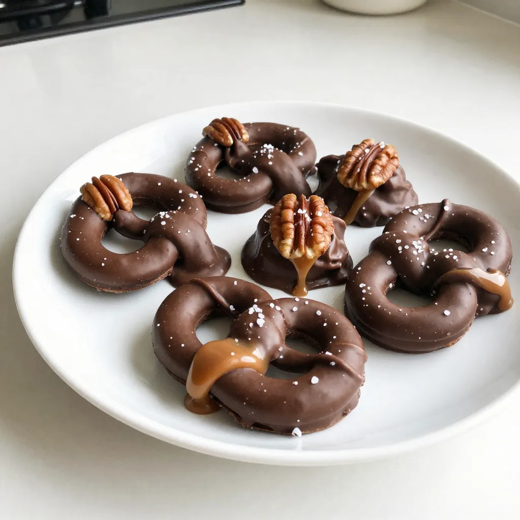 Here’s what you need to make Chocolate Covered Pretzel Turtles: - 15-20 small pretzels (wavy shape preferred) - 15-20 soft caramel candies - 1 cup pecans (halved) - 1 cup semi-sweet chocolate chips - Sea salt (for sprinkling) Each ingredient plays a key role in the taste and texture. The small pretzels give a great crunch. They also have a nice salty taste that balances the sweet caramel. Soft caramel candies melt just right and hold the pecans in place. I love using halved pecans because they add a lovely nutty flavor. Semi-sweet chocolate chips bring richness to the treat. Finally, a sprinkle of sea salt on top adds a burst of flavor. These ingredients work well together. They create a sweet and salty snack that is hard to resist. You can find most of these items at your local store. If you love salty sweets, this treat is for you! {{ingredient_image_1}} First, preheat your oven to 350°F (175°C). This step makes sure your turtles bake evenly. Next, line a baking sheet with parchment paper. This helps with easy cleanup later. Now, place the pretzels on the lined baking sheet. Make sure to space them out evenly. Each pretzel needs its own room. Top each pretzel with a piece of soft caramel candy. Once done, bake the pretzels in the oven for about 5 minutes. You want the caramel to soften, not melt. After baking, take the sheet out of the oven. Gently press a halved pecan onto each caramel-topped pretzel. This adds great flavor and crunch. To melt the chocolate, use a microwave-safe bowl. Put the chocolate chips in the bowl. Heat them in 30-second intervals, stirring in between. This keeps the chocolate smooth. Once fully melted, you can drizzle or dip each pretzel turtle into the chocolate. Make sure to cover them generously. After coating, place the pretzel turtles back on the parchment paper. Sprinkle a light pinch of sea salt on top. This adds a nice contrast to the sweet chocolate. Allow the turtles to cool. If you want to speed things up, pop them in the fridge for 10-15 minutes. Enjoy your delicious treats! To get a smooth chocolate coat, start with melted chocolate. Use semi-sweet chocolate chips for the best flavor. Melt them in a bowl, stirring every 30 seconds. This helps prevent burning. When dipping, make sure each pretzel turtle is fully covered. You can also drizzle the chocolate over them. This gives a nice look and keeps it fun. Avoid clumping by not overloading the chocolate. If it clumps, just reheat it gently. Softening caramel evenly is key to great taste. Bake the caramel-topped pretzels for just five minutes. This warms the caramel but doesn’t melt it. Then, place a halved pecan right on top. Press gently so it sticks to the caramel. This adds crunch and flavor. You can also use other nuts if you like. Almonds or walnuts work well too. For serving, arrange the pretzel turtles on a colorful platter. This makes them look more inviting. You can garnish with extra pecans or crushed pretzels. This adds texture and makes it fun. A sprinkle of sea salt on top gives a nice contrast. It enhances the chocolate flavor. Enjoy these tasty treats with friends or family! Pro Tips Choose the Right Pretzels: Opt for wavy pretzels as their shape holds the caramel and chocolate better, creating a perfect bite. Don’t Overbake: Keep an eye on the caramel while baking; it should be just soft enough to press the pecan into without melting completely. Melting Chocolate: Use a microwave-safe bowl and melt the chocolate in short bursts to prevent burning. Stir well after each interval for a smooth consistency. Sea Salt Finish: A light sprinkle of sea salt enhances the flavor and adds a delightful contrast to the sweetness of the chocolate and caramel. {{image_2}} You can switch up the flavor with different chocolate types. Dark chocolate gives a rich taste. White chocolate adds a sweet twist. Milk chocolate works well for classic flavor. Each choice brings its own fun. You can also change the nuts or toppings. Try almonds or walnuts for a new crunch. If you're feeling adventurous, add crushed candies or sprinkles. Each variation makes these treats unique. If you need gluten-free options, use gluten-free pretzels. They taste just as good. You won’t lose any crunch or flavor! For vegan substitutes, switch to dairy-free chocolate. You can also use vegan caramel. These changes keep the treat delicious and friendly for everyone. To keep your chocolate covered pretzel turtles fresh, use an airtight container. This container helps keep moisture out and preserves crunchiness. Line the container with parchment paper to prevent sticking. Store them in a cool, dry place, away from direct sunlight. Avoid the fridge if you can, as cold air can make the chocolate dull. Chocolate covered pretzel turtles last about one week at room temperature. If you store them properly, they can last longer. Check for signs of spoilage. If the chocolate looks cloudy or the pretzels feel stale, toss them out. Freshness matters for taste and texture. Enjoy these treats while they are still at their best! Yes, you can use store-bought caramel. It saves time and works well. Look for soft caramel candies. These melt nicely on the pretzels. You can also use caramel sauce. Just drizzle it on after baking. If you can't find wavy pretzels, don't worry! You can use regular pretzels instead. The shape is not as important. The flavor will still be delicious. Just make sure to space them out well on the baking sheet. To make these tasty treats ahead, prepare them as directed. After cooling, store them in an airtight container. Keep them in a cool, dry place. They stay fresh for up to a week. You can also freeze them for longer storage. Thaw them in the fridge before serving. You can find pre-made Chocolate Covered Pretzel Turtles at many stores. Look in the candy aisle or bakery section. Online retailers also sell them. Check local gourmet shops for unique flavors. In this blog post, we explored how to make tasty chocolate-covered pretzel turtles. You learned about the key ingredients, simple steps, and helpful tips to perfect your treat. We also shared fun flavor and dietary variations, plus how to store them well. Pretzel turtles are fun to make and share. Try them out and enjoy every bite!