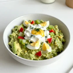 - 4 large eggs - 1 ripe avocado - 2 tablespoons Greek yogurt - 1 tablespoon Dijon mustard - 1 tablespoon lemon juice - 2 tablespoons chopped fresh dill (or parsley) - Salt and pepper to taste - Optional: 1/4 cup diced celery for crunch - Optional: 1/4 cup chopped red bell pepper for color When you make creamy avocado egg salad, you need some key ingredients. First, eggs are the star of the dish. They provide protein and a nice texture. Next, ripe avocado adds a smooth, creamy taste that makes the salad rich. Greek yogurt is another must-have. It brings tanginess and keeps the salad light. Dijon mustard adds a little kick. Lemon juice brightens the flavors and keeps the avocado fresh. Fresh herbs, like dill or parsley, give it a burst of color and taste. You can add salt and pepper to fit your taste. For some crunch, you might want to toss in diced celery. Red bell pepper can add a pop of color and sweetness. These optional add-ins are great but not necessary. Each ingredient plays a part in making this salad tasty. Enjoy the mix of flavors and textures in every bite! {{ingredient_image_1}} To make the best creamy avocado egg salad, start with perfect boiled eggs. Place four large eggs in a saucepan. Cover them with cold water, about an inch above the eggs. Bring the water to a boil over medium-high heat. Once it boils, cover the pan and remove it from heat. Let the eggs sit for 12 minutes. This method ensures soft yet firm eggs. After 12 minutes, it&rsquo;s time to cool those eggs. Fill a large bowl with cold water and ice. Carefully transfer the eggs to the ice bath. Let them cool for about 5-7 minutes. This step makes peeling easier and stops the cooking process. Next, it&rsquo;s time to prepare the avocado. Choose a ripe avocado by gently squeezing it. It should feel slightly soft but not mushy. Cut the avocado in half and remove the pit. Use a spoon to scoop out the flesh and place it in a large mixing bowl. Now, let&rsquo;s mash! Use a fork to mash the avocado until it&rsquo;s creamy. You want some texture, so don&rsquo;t overdo it. A few small lumps add character to your salad. Now, we combine everything for the best flavor. Peel the cooled eggs and chop them into small pieces. Add the chopped eggs to the mashed avocado. Next, stir in two tablespoons of Greek yogurt, one tablespoon of Dijon mustard, and one tablespoon of lemon juice. These ingredients add creaminess and tang. If you want extra crunch and color, add optional diced celery and chopped red bell pepper. Stir gently until all ingredients are well combined. Finally, season with salt and pepper to taste. For serving, you can enjoy this egg salad on whole grain bread, in lettuce wraps, or simply on its own. Each option offers a tasty experience! For a great egg salad, focus on seasoning. Start with salt and pepper. They bring out flavors. If you want, add a pinch of garlic powder or paprika for warmth. The texture matters too. Aim for a creamy mix. Mash the avocado well. It should blend smoothly with the eggs. You can customize the ingredient ratios. If you love avocado, add more. Want it tangy? Increase the Dijon mustard or lemon juice. Experiment with fresh herbs. Dill gives a bright taste, but parsley works well too. Store your egg salad in an airtight container. This keeps it fresh for longer. It lasts about 3 days in the fridge. If you added crunchy veggies, they may lose crispness. For best results, eat it within two days. To keep leftovers good, avoid mixing in all the ingredients at once. Store the egg salad base and add any crunchy bits just before serving. This keeps everything fresh and tasty. Egg salad pairs well with whole grain bread. It also tastes great in lettuce wraps. Want something fun? Try serving it in avocado halves. This adds color and makes a pretty plate. You can also use it as a dip. Serve with crackers or veggie sticks for a fun snack. For a twist, add it to a salad for extra protein. The options are endless! Pro Tips Use Fresh Ingredients: Always opt for ripe avocados and fresh herbs to enhance the flavor of your egg salad. Adjust Creaminess: Customize the creaminess by adding more or less Greek yogurt based on your preference. Perfectly Cooked Eggs: For easy peeling, use older eggs instead of fresh ones, as they tend to peel more easily. Meal Prep Friendly: This salad can be made ahead of time and stored in the refrigerator for up to 2 days. Just add fresh herbs before serving! {{image_2}} You can easily swap Greek yogurt for cottage cheese or silken tofu. These choices still keep the creaminess but change the flavor. If you want fresh taste, try using sour cream instead. For herbs, fresh basil or cilantro can add a unique twist. You can also try using smoked paprika instead of Dijon mustard for a smoky flavor. Adding vegetables can take your egg salad to new heights. Chopped green onions or diced pickles give great crunch. You can also mix in some grated carrots or even corn for extra sweetness. If you love cheese, consider stirring in crumbled feta or shredded cheddar. Both add a rich taste that blends well with the avocado. To make this salad vegan, replace the eggs with chickpeas. Mash them like you would the avocado. For an egg-free option, use firm tofu to mimic the texture. If you're low-carb, skip the bread and serve it in lettuce wraps. For gluten-free needs, just make sure your mustard and any seasoning are certified gluten-free. This way, everyone can enjoy a delicious meal! Each serving of creamy avocado egg salad has about 250 calories. Here&rsquo;s how the macronutrients break down: - Protein: 12 grams - Fat: 20 grams - Carbohydrates: 10 grams This dish is rich in healthy fats from avocado and eggs. It also provides key vitamins and minerals like: - Vitamin E - Vitamin K - Folate - Potassium These nutrients support heart health and boost immunity. Avocados are superfoods. They contain good fats that can lower bad cholesterol. Eggs are protein powerhouses. They provide essential amino acids for muscle growth and repair. Greek yogurt adds creaminess and protein. It also has probiotics, which support gut health. This salad combines all these benefits into one tasty dish. For a filling meal, a serving size is about one cup. This recipe serves four, making it perfect for a family. If you have specific dietary needs, feel free to adjust. You can reduce the portion for a snack or add more eggs for protein. Yes, you can make egg salad in advance. It saves time on busy days. To prepare ahead, follow these tips: - Boil the eggs and cool them as usual. - Mash the avocado and mix it with yogurt and mustard. - Add the eggs right before serving. This keeps the eggs fresh. - Store the salad in an airtight container in the fridge. - Use it within two days for the best taste. Creamy avocado egg salad lasts about 2-3 days in the fridge. Always check for signs of spoilage. Look for: - A change in color or texture. - An off smell that doesn&rsquo;t smell fresh. - Excess liquid in the container. If you notice any of these signs, it&rsquo;s best to discard the salad. Freezing avocado egg salad is not recommended. Avocados become mushy when frozen. However, here are some tips: - If you must freeze it, leave out the avocado until you thaw it. - Store the salad in a freezer-safe container. - Thaw it in the fridge overnight before serving. - Mix in fresh avocado just before you eat it. This keeps the salad tasty and fresh. This blog post covered how to make a creamy avocado egg salad. We explored key ingredients like eggs, avocado, and Greek yogurt. I shared step-by-step instructions for boiling eggs and preparing the salad. You learned tips for perfecting the dish and how to store it. We also discussed various healthy swaps and dietary options. In conclusion, this recipe offers a tasty, nutritious choice. You can easily customize it to suit your tastes. Now, bring your creativity to the kitchen and enjoy the process!