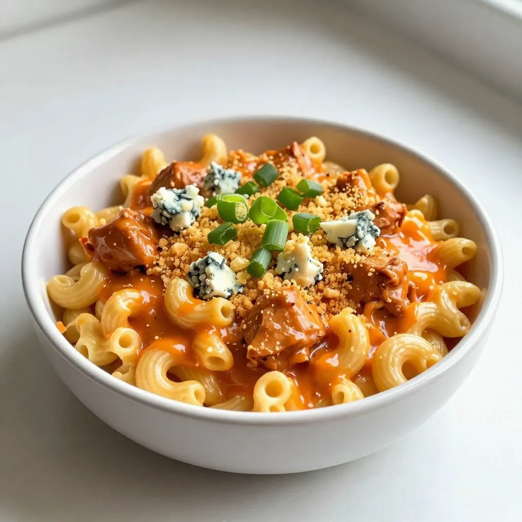 - 8 oz elbow macaroni - 2 cups cooked chicken, shredded - 1 cup buffalo sauce - 4 cups sharp cheddar cheese, grated - 1 cup mozzarella cheese, grated - 1 cup milk - 1/2 cup cream cheese, softened - 1/4 cup blue cheese crumbles (optional) The main ingredients create a cheesy and spicy dish. The elbow macaroni gives it a great texture. Shredded chicken adds protein and makes it filling. Buffalo sauce gives it that signature kick. Cheese is key for creaminess, with cheddar and mozzarella blending perfectly. Cream cheese adds richness, while blue cheese crumbles can boost flavor. - 1/4 cup green onions, chopped - 2 tablespoons butter - 1 teaspoon garlic powder - 1 teaspoon onion powder - Salt and pepper to taste Adding these ingredients enhances the taste. Green onions lend freshness and color. Butter helps to sauté the spices, making them fragrant. Garlic and onion powder add depth. Salt and pepper round out the flavor, so adjust to your liking. - 1/2 cup panko breadcrumbs - Drizzle of olive oil or melted butter Panko breadcrumbs give a crunchy topping that contrasts with the creamy mac and cheese. A drizzle of olive oil or melted butter helps them brown nicely in the oven. This topping adds a delightful texture and makes the dish look appealing. {{ingredient_image_1}} - Step 1: Cook the elbow macaroni. In a large pot, bring salted water to a boil. Add 8 oz of elbow macaroni. Cook according to the package until al dente. Stir occasionally to keep them from sticking. - Step 2: Drain and set aside. Once the macaroni is cooked, drain it in a colander. Make sure to shake off excess water, then set it aside. - Step 3: Melt butter and sauté spices. In a large saucepan, melt 2 tablespoons of butter over medium heat. Add 1 teaspoon of garlic powder and 1 teaspoon of onion powder. Sauté for about 30 seconds. This step wakes up the spices and makes them fragrant. - Step 4: Incorporate cream cheese and milk. Stir in 1/2 cup of softened cream cheese. Mix until melted and smooth. Then, gradually add 1 cup of milk while stirring. This creates a creamy base for our cheese sauce. - Step 5: Add cheeses to the sauce. Once the cream and cheese are well mixed, add 4 cups of sharp cheddar cheese and 1 cup of mozzarella cheese. Stir until completely melted. The sauce should be creamy and cheesy. - Step 6: Combine chicken and buffalo sauce. Add 2 cups of shredded cooked chicken and 1 cup of buffalo sauce to the cheese mix. Stir well to coat everything. Season with salt and pepper to taste. - Step 7: Fold in macaroni and optional blue cheese. Gently fold the cooked macaroni into the cheese and chicken mixture. If you want a kick, add 1/4 cup of blue cheese crumbles now. - Step 8: Preheat the oven. Set your oven to 350°F (175°C). This will ensure it’s ready when we finish mixing. - Step 9: Transfer to baking dish and add topping. Grease a baking dish, then spoon the mixture into the dish. In a small bowl, mix 1/2 cup of panko breadcrumbs with a drizzle of olive oil. Sprinkle evenly over the mac and cheese for a crispy topping. - Step 10: Bake until golden and bubbling. Place the dish in the oven and bake for 20-25 minutes. You want the top to be golden brown and bubbly. - Step 11: Garnish and serve. When done, take it out and let it cool slightly. Garnish with chopped green onions before serving. Enjoy your tasty Buffalo Chicken Mac and Cheese! To make the best cheese sauce, I use a mix of cheeses. Sharp cheddar gives a strong flavor. Mozzarella adds great creaminess. You need to ensure a smooth consistency. Start by melting butter and adding spices. Then, mix in cream cheese and milk, stirring well. Add the cheeses slowly, mixing until everything melts together. This keeps your sauce from clumping. Buffalo sauce can be hot. To adjust the spice level, add less buffalo sauce at first. Taste your sauce as you go. If you want it milder, try these options: - Use less buffalo sauce. - Mix in some ranch dressing for a creamy touch. - Choose a mild buffalo sauce brand. Presentation matters! Garnishing adds flair to your dish. I love to sprinkle chopped green onions on top. It adds color and freshness. You can serve Buffalo Chicken Mac and Cheese in individual bowls. Drizzle extra buffalo sauce on top. For a classic touch, add celery sticks as a side. This gives a crunchy contrast to your creamy dish. Pro Tips Adjust the Spice Level: If you prefer a milder dish, reduce the amount of buffalo sauce or use a milder sauce. You can also add more cheese to balance the heat. Texture Variation: For added texture, consider mixing in some sautéed vegetables like bell peppers or spinach to the mac and cheese before baking. Make-Ahead Tip: This dish can be prepared a day in advance. Assemble the mac and cheese, cover, and refrigerate. Bake it fresh the next day for a quick meal! Save Some Cheese: Reserve a bit of the cheddar and mozzarella to sprinkle on top before baking for an extra cheesy crust. {{image_2}} You can change the protein in your Buffalo Chicken Mac and Cheese. - Using rotisserie chicken: This option saves you time. Just shred the chicken and mix it in. It’s juicy and adds great flavor. - Substituting with smoked chicken: Smoked chicken brings a unique taste. The smoky flavor pairs well with the spicy buffalo sauce. This twist makes the dish even more exciting. The cheese you choose can change your dish a lot. - Using pepper jack for extra heat: If you like spice, try pepper jack cheese. It gives an extra kick to the mac and cheese. - Combining with other cheese varieties: Mixing different cheeses can improve texture and taste. You might use gouda or fontina for creaminess. Experiment to find your favorite mix! Adding extras can make your meal more fun and healthy. - Adding vegetables (e.g., spinach, broccoli): You can sneak in some greens. Spinach adds color and nutrients. Broccoli gives a nice crunch. Just steam them first and mix them in. - Incorporating bacon for flavor: Bacon makes everything taste better! Cook it until crispy, then crumble it over the top. The salty, smoky taste will elevate your dish. To store leftovers, let the Buffalo Chicken Mac and Cheese cool first. Then, place it in an airtight container. This keeps the flavors fresh and tasty. You can store it in the fridge for up to three days. For longer storage, consider freezing it. Just portion it into smaller containers. This makes it easy to heat later. To reheat, the oven works best. Preheat it to 350°F (175°C). Place the mac and cheese in a baking dish. Cover it with foil to keep it moist. Bake for about 20 minutes. Stir it halfway through to heat evenly. You can also use the microwave. Heat in short bursts to avoid drying out. Add a splash of milk if it looks too thick. In the fridge, expect your dish to last about three days. If you freeze it, it can last up to three months. Look for signs of spoilage. If it smells off or shows mold, it’s time to toss it. Always trust your senses when checking food safety. Can I make Buffalo Chicken Mac and Cheese ahead of time? Yes, you can make this dish ahead. Cook it fully, then store it in the fridge. Before serving, just reheat it in the oven. This keeps it creamy and tasty. How can I make it spicier? To add more heat, use extra buffalo sauce. You can also mix in hot sauce or use spicy cheese. Adjust to your taste for the right kick. Is there a vegetarian version of this recipe? Yes, you can create a vegetarian version. Simply skip the chicken and use plant-based chicken. You can add vegetables like broccoli or bell peppers for more flavor. Can I use gluten-free pasta? Absolutely! Gluten-free elbow macaroni works great in this dish. Cook it according to the package directions, and follow the rest of the recipe as is. What are the best sides to serve with Buffalo Chicken Mac and Cheese? Great sides include celery sticks, carrot sticks, or a fresh salad. These add crunch and balance the creamy mac and cheese. You can also serve it with garlic bread for a filling meal. Buffalo Chicken Mac and Cheese combines creamy cheese with spicy chicken for a great dish. You learned about the main ingredients, step-by-step cooking methods, and tips to perfect this recipe. Experiment with cheese options and add your favorite veggies for a twist. Proper storage and reheating tips ensure your meal stays tasty. Enjoy this fun and tasty meal with friends or family. Now, grab your ingredients and make it!