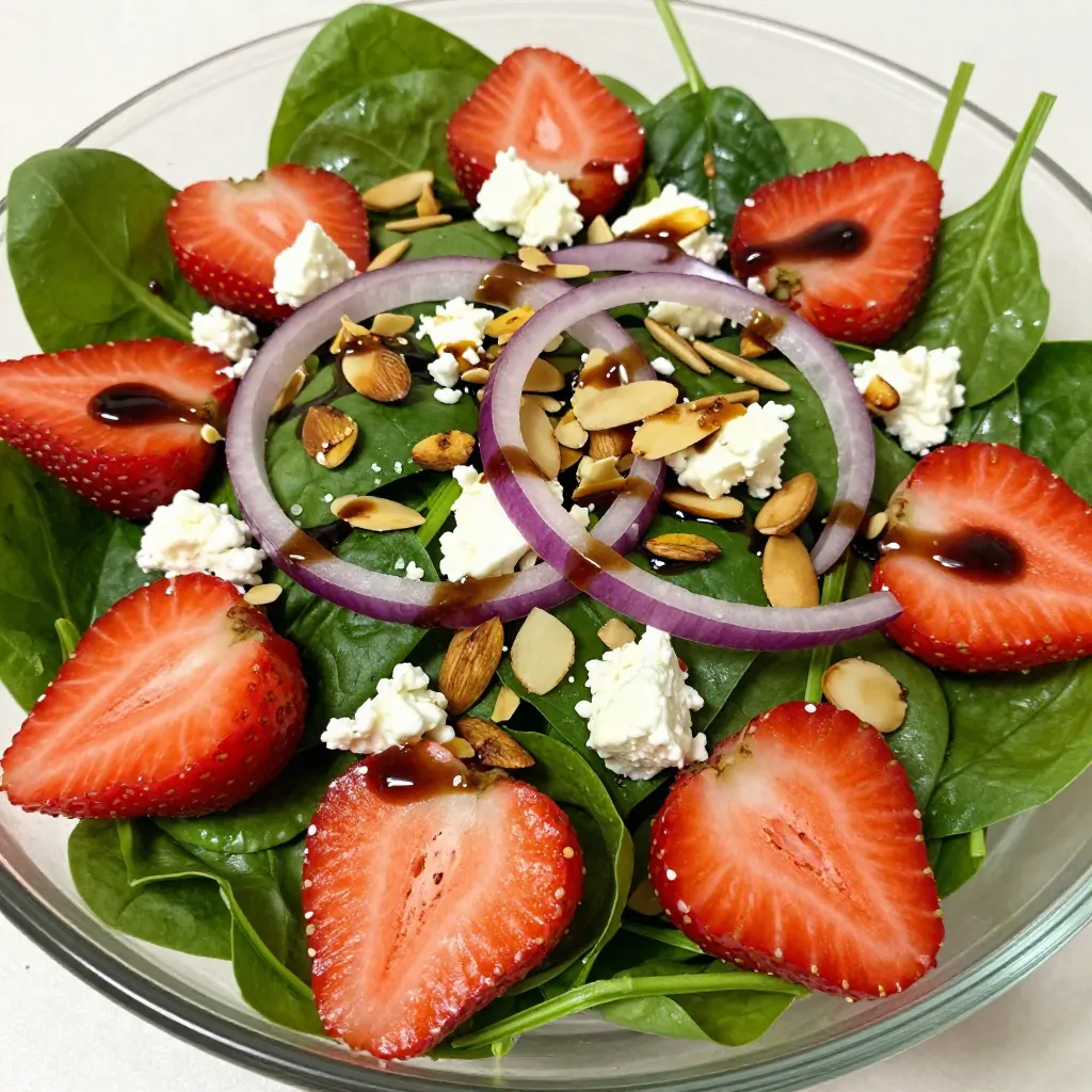 You need 4 cups of fresh spinach leaves. Wash and dry them well. Spinach adds a bright color and a healthy crunch. It is rich in vitamins and minerals, making this salad both tasty and nutritious. Use 1 cup of strawberries. Make sure to hull and slice them. Strawberries bring a sweet and juicy flavor that pairs well with spinach. Their vibrant red color makes your salad pop. Add ½ cup of sliced almonds. Toast them for extra flavor. Almonds give this salad a nice crunch and a nutty taste. They also provide healthy fats and protein. Include ½ cup of crumbled feta cheese. Feta adds a creamy, tangy touch. It balances the sweetness of the strawberries perfectly. This cheese also boosts the salad's flavor profile. Slice ¼ of a red onion thinly. Red onion gives a sharp taste that contrasts nicely with the other ingredients. It adds a nice bite and a hint of color. For the dressing, you need: - 2 tablespoons balsamic vinegar - 2 tablespoons olive oil - 1 teaspoon honey - Salt and pepper to taste Whisk these ingredients together in a small bowl. The dressing ties all the flavors together. Balsamic vinegar adds a sweet acidity, while honey balances it out. {{ingredient_image_1}} To start, take a small bowl. In it, whisk together the balsamic vinegar, olive oil, honey, salt, and pepper. This mixture is your dressing. Make sure it’s smooth and well-blended. Set it aside for now; it will add great flavor to your salad. Next, grab a large salad bowl. Add the fresh spinach leaves to the bowl. Then, toss in the sliced strawberries. The bright red color will pop against the green spinach. After that, add the toasted sliced almonds, crumbled feta cheese, and thinly sliced red onion. Each ingredient adds its own taste and texture. Now it’s time to mix. Drizzle the dressing over the salad. Use tongs or a large spoon to gently toss everything together. Make sure all the ingredients get coated with the dressing. This step is key for flavor. You want every bite to be delicious! After tossing, take a moment to taste the salad. This helps you know if it needs more salt or pepper. If you think it could use a bit more flavor, sprinkle in more salt and pepper. Toss again to mix. Trust your taste buds; they know what you like! For a stunning salad, use a clear bowl. This lets the bright colors shine. Start with a layer of spinach, then add strawberries. Next, sprinkle on the feta and almonds. Finish with red onion on top. To impress, garnish with whole strawberries or a sprig of mint. This adds a lovely touch. To toast almonds, first, heat a dry pan on medium. Add the sliced almonds and spread them out in one layer. Stir them often with a spatula. Watch closely; they can burn fast! In about 3 to 5 minutes, they will turn golden brown and smell nutty. Remove from heat and let them cool. Toasted almonds add a great crunch to your salad. Once you mix your dressing, taste it! If it’s too tangy, add a bit more honey. For more flavor, try adding a dash of salt or pepper. If you prefer a creamier dressing, add a bit of yogurt. You can also tweak the balsamic or olive oil. Make it your own! Pro Tips Fresh Ingredients: Always use fresh spinach and ripe strawberries for the best flavor and texture in your salad. Toasting Almonds: Toast the almonds in a dry skillet over medium heat for 3-5 minutes, stirring frequently to enhance their nutty flavor. Make Ahead: Prepare the dressing in advance and store it in the refrigerator. Just give it a good shake before drizzling over the salad. Season to Taste: Always taste your salad before serving and adjust the seasoning with salt, pepper, or even more honey for sweetness. {{image_2}} You can swap spinach for other greens. Try kale or arugula for a new twist. Both have a strong taste that pairs well with strawberries. If you like a milder flavor, use baby lettuce or mixed greens. These will keep the salad light and fresh. Fruits add fun and color to your salad. You can use blueberries or mandarin oranges instead of strawberries. Both add sweetness and a nice pop. For nuts, walnuts or pecans will work well. They give a crunchy texture and a rich flavor that complements the salad. Want a vegan version? Skip the feta cheese and use avocado for creaminess. You can also add chickpeas for protein. They are tasty and will keep you full longer. For the dressing, use maple syrup instead of honey to keep it plant-based. To keep your Almond Strawberry Spinach Salad fresh, store it in an airtight container. Place any leftover salad in the fridge. It will stay good for up to two days. However, the longer it sits, the soggier it may get. If you can, separate the dressing from the salad. This keeps the spinach and strawberries crisp. To keep your ingredients fresh, store spinach and strawberries separately. Wrap fresh spinach in a damp paper towel. Place it in a plastic bag, then in the fridge. For strawberries, keep them in a container with holes. This allows air to flow, keeping them fresh. You can also wash strawberries right before using them. You do not need to reheat this salad. It tastes best cold. If you want to serve it later, toss in the dressing right before eating. This keeps everything fresh and flavorful. If you do not have time, serve it as is. The flavors will still shine, making it a tasty option. Yes, you can prepare this salad ahead of time. To keep it fresh, store the dressing separately. Mix the salad ingredients without the dressing. Refrigerate both. Add the dressing just before serving. This keeps the spinach crisp and the strawberries fresh. Spinach is rich in vitamins A, C, and K. It has iron and calcium, which help your bones and blood. Strawberries are full of antioxidants and vitamin C. They help boost your immune system and keep your skin healthy. Together, they make a nutritious duo! You can change the dressing to suit your taste. Try using lemon juice instead of balsamic vinegar for a zesty flavor. For creaminess, add yogurt or mayo. You can also add herbs like basil or dill for extra flavor. Make it your own! Many ingredients work well in this salad. Try adding sliced apples or pears for sweetness. Walnuts or pecans add a crunchy texture. Avocado gives creaminess, while grilled chicken makes it a meal. Mix and match to find your perfect flavor! This blog post explored a tasty spinach and strawberry salad. We looked at fresh spinach, strawberries, almonds, feta cheese, and red onion. We also covered how to make the dressing. Next, we shared tips for presentation and toasting almonds. You can customize with different nuts and fruits. For storage, keep leftovers fresh and ready to eat. This salad is simple, fresh, and healthy. Enjoy experimenting with your flavors and ingredients!