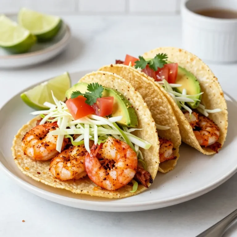 To make Spicy Cajun Shrimp Tacos, you need fresh and tasty ingredients. Here is the list: - 1 pound large shrimp, peeled and deveined - 2 tablespoons Cajun seasoning - 1 tablespoon olive oil - 1 teaspoon garlic powder - 1 teaspoon onion powder - 1/2 teaspoon smoked paprika - Salt and pepper to taste - 6 small corn tortillas - 1 cup shredded cabbage - 1/2 cup diced tomatoes - 1/4 cup sliced red onion - 1 avocado, sliced - Fresh cilantro for garnish - Lime wedges for serving Each ingredient plays a key role in the flavor. The shrimp give a lovely seafood taste. Cajun seasoning adds a nice kick. Olive oil helps cook the shrimp without sticking. Garlic and onion powders offer depth. Smoked paprika brings a slight smokiness. Tortillas hold all the yummy fillings. Cabbage gives a nice crunch. Diced tomatoes and red onion add freshness. The avocado brings creaminess. Cilantro adds brightness. Lastly, lime juice brings all the flavors together. Enjoy this delicious mix! {{ingredient_image_1}} - In a large bowl, combine 1 pound of shrimp, 2 tablespoons of Cajun seasoning, and 1 tablespoon of olive oil. - Add 1 teaspoon of garlic powder, 1 teaspoon of onion powder, and 1/2 teaspoon of smoked paprika. - Sprinkle in salt and pepper to taste. Toss until the shrimp are coated evenly with the spices. - Heat a skillet over medium-high heat. - Add the shrimp in a single layer. Cook for 2 to 3 minutes on each side. The shrimp will turn pink and slightly charred. - While the shrimp cooks, warm 6 small corn tortillas in a separate skillet. - Heat them for about 30 seconds on each side until they are soft and pliable. - Once the shrimp is cooked, remove it from the skillet and let it rest for a minute. - To assemble the tacos, place a handful of shredded cabbage on each tortilla. - Add a few shrimp on top, then layer with 1/2 cup of diced tomatoes, 1/4 cup of sliced red onion, and slices of avocado. - Garnish with fresh cilantro. - Serve with lime wedges on the side for squeezing over the tacos. To ensure shrimp are perfectly cooked, pay close attention to the color. Shrimp should turn pink and opaque. This usually takes about 2-3 minutes on each side. Avoid overcooking, as this can make them tough. Achieving the right char is key for flavor. Use a hot skillet and add shrimp in a single layer. This helps them get that nice, crispy edge. Don't crowd the pan. If needed, cook in batches. To modify Cajun seasoning, start with less than the recipe calls for. You can always add more later. If you want a milder taco, mix in some extra garlic powder or onion powder. This will balance the heat. If you crave more heat, try adding cayenne pepper or hot sauce. Mix these into the shrimp before cooking for a spicy kick. Just remember, taste as you go! For the best ways to serve tacos, stack them neatly on a plate. Use colorful toppings to make them pop. A mix of shredded cabbage, tomatoes, and avocado looks great. Garnishes that enhance flavor include fresh cilantro and lime wedges. The lime adds brightness. Squeeze it over the tacos right before eating for extra zing. Pro Tips Marinate for More Flavor: Let the shrimp marinate in the Cajun seasoning for at least 30 minutes before cooking. This enhances the flavor and ensures the spices penetrate the shrimp more effectively. Perfectly Warm Tortillas: To keep your tortillas warm and pliable, wrap them in a clean kitchen towel immediately after heating. This will prevent them from drying out. Customize Your Toppings: Feel free to add or substitute toppings like diced jalapeños, sour cream, or a spicy aioli for an extra kick! Freshness is Key: Use fresh, high-quality shrimp for the best flavor and texture. Check for a firm texture and a mild ocean scent when selecting your shrimp. {{image_2}} You can swap out shrimp for different proteins. Chicken or fish can work well here. Tofu is a great vegetarian option. It soaks up flavor and adds a nice texture. Salsas and sauces can elevate your tacos. Try a zesty mango salsa or a creamy avocado sauce. Both add new layers of flavor. You can also play around with toppings. Fresh jalapeños give heat, while sour cream adds creaminess. Pair your tacos with side dishes for a full meal. Rice and beans are classic choices. A fresh salad or corn on the cob also complements the flavors. For drinks, a cold beer or a fruity mocktail works great. They balance the spice and enhance the dining experience. To keep your shrimp tacos fresh, store them in the fridge. Place the shrimp and toppings in separate airtight containers. This helps prevent the tortillas from getting soggy. Leftover shrimp can last up to three days in the fridge. Always check for any off smells before eating. You can freeze the shrimp and some toppings. For freezing, let the shrimp cool completely. Place them in a freezer-safe bag and remove as much air as possible. You can also freeze diced tomatoes and sliced onions. However, avoid freezing the tortillas and cabbage, as they do not thaw well. When you’re ready to enjoy leftovers, reheat the shrimp in a skillet. Heat them on medium until warmed through. This keeps them juicy. Warm the tortillas in a dry skillet for about 30 seconds. This will make them soft and pliable again. Serve with fresh toppings for the best taste. Can I make shrimp tacos ahead of time? Yes, you can prep the shrimp and toppings in advance. Store them in the fridge. Cook the shrimp just before serving for the best taste. What can I use instead of corn tortillas? You can use flour tortillas or lettuce wraps. Both options work well and add a nice twist. How do I know when shrimp are cooked? Shrimp cook fast. They turn pink and curl up when done. They should be firm but not rubbery. What is the best Cajun seasoning? The best Cajun seasoning is a mix of spices that suit your taste. Look for blends with paprika, garlic powder, and cayenne. You can also make your own. Can I substitute shrimp for chicken? Yes, you can use chicken instead of shrimp. Just cut it into small pieces and adjust the cooking time. Cook until the chicken is no longer pink. What sides go well with shrimp tacos? Pair shrimp tacos with black beans or a fresh salad. Rice also makes a great side dish. Can I make these tacos spicy? Yes, you can make these tacos spicy! Add more Cajun seasoning or include jalapeños for a heat boost. You can also serve hot sauce on the side. This blog post covered shrimp tacos from start to finish. We listed the ingredients, detailed preparation steps, and shared helpful cooking tips. You learned how to customize the flavors and make variations. Remember, you can swap ingredients to fit your taste. Don't forget to store leftovers properly to enjoy later. Making shrimp tacos is simple and fun. Now, gather your ingredients and get cooking. Enjoy your meal!