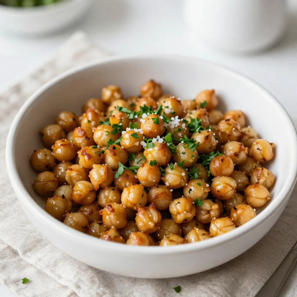 - 1 can (15 oz) chickpeas, drained and rinsed - 2 tablespoons olive oil - 4 cloves garlic, minced - 1 teaspoon dried oregano - 1 teaspoon smoked paprika - 1/2 teaspoon salt - 1/4 teaspoon black pepper - 1/4 teaspoon red chili flakes (optional) - Fresh parsley, chopped (for garnish) You need just a few ingredients to make Garlic Herb Roasted Chickpeas. Chickpeas are the main star. They add a great texture and are full of protein. Olive oil brings richness and helps the spices stick. Garlic adds a nice kick, while oregano and smoked paprika give a warm, herby flavor. Salt and black pepper enhance all the tastes. If you like heat, add some red chili flakes. Don’t forget the parsley! It adds color and freshness to your dish. - Calories per serving: Approximately 120 - Rich in fiber and protein This snack is not only tasty but also healthy. One serving has around 120 calories. You get a good amount of fiber, too. Fiber helps with digestion and keeps you full. Plus, chickpeas are a great source of protein. They support muscle growth and keep your energy up. - Oven - Baking sheet - Parchment paper - Large mixing bowl You will need a few kitchen tools. Start with an oven for roasting. A baking sheet is a must for even cooking. Line it with parchment paper for easy cleanup. Finally, a large mixing bowl helps combine all the ingredients. With these tools, you’re set to make a crunchy and flavorful snack! {{ingredient_image_1}} Start by draining the can of chickpeas. Rinse them under cool water. This removes the canning liquid. After rinsing, pat the chickpeas dry with a kitchen towel. Drying is key for crispiness when roasting. Next, grab a large mixing bowl. Add 2 tablespoons of olive oil to the bowl. Then, add 4 minced garlic cloves, 1 teaspoon of dried oregano, and 1 teaspoon of smoked paprika. Sprinkle in 1/2 teaspoon of salt, 1/4 teaspoon of black pepper, and optional 1/4 teaspoon of red chili flakes for heat. Whisk these ingredients together until well mixed. Spread the seasoned chickpeas evenly on a baking sheet. Make sure they sit in a single layer. This helps them roast evenly. Preheat your oven to 400°F (200°C). Roast the chickpeas for 25 to 30 minutes. Stir halfway through cooking. When they turn golden brown and crispy, they are ready. Remove them from the oven and let them cool slightly. They will get crispier as they cool. Enjoy your tasty snack! To get that perfect crunch, start by drying your chickpeas well. After rinsing them, use a clean kitchen towel to pat them dry. This step makes a big difference in crispiness. Next, remember to stir the chickpeas halfway through roasting. This helps them cook evenly and gets all sides nice and crispy. When serving your garlic herb roasted chickpeas, think about fun ways to present them. Use a rustic bowl and garnish with extra parsley. A sprinkle of sea salt on top adds a nice touch too. You can also serve them in small cups for a cool appetizer. For pairing, these chickpeas work great with dips like hummus or yogurt sauce. They also make a tasty snack on their own or as a side with salads. If you have leftovers, store them in an airtight container. They can last for up to three days at room temperature. To keep them crispy, avoid the fridge. If you want to reheat them, pop them back in a hot oven for a few minutes. This will help bring back that crunch you love. Pro Tips Dry Chickpeas Thoroughly: Make sure to pat the chickpeas dry after rinsing. This step is crucial for achieving that perfect crispiness during roasting. Use Fresh Garlic: For the best flavor, always opt for fresh garlic instead of garlic powder. Fresh garlic gives a more robust and aromatic taste to the chickpeas. Experiment with Spices: Feel free to customize the spice blend! Try adding cumin, turmeric, or even a dash of cinnamon for a unique flavor profile. Serve Immediately: These roasted chickpeas are best enjoyed fresh out of the oven when they are still warm and crispy. They can lose their crunch if left out for too long. {{image_2}} You can easily change the flavor of your Garlic Herb Roasted Chickpeas. For a spicy kick, add cayenne pepper or extra red chili flakes. This will heat things up! If you love herbs, try rosemary or thyme instead of oregano. Both give a fresh taste. You can also mix different spices. Consider cumin or curry powder for a new twist. These swaps keep your snack exciting! If you want to try different cooking methods, use an air fryer. Preheat the air fryer to 400°F (200°C). Toss the seasoned chickpeas in the basket. Cook for about 15-20 minutes. Shake the basket halfway through for even crispiness. You can also roast them on the stovetop. Use a skillet over medium heat. Stir often for about 10-15 minutes until they are brown and crunchy. Both methods work well! Garlic Herb Roasted Chickpeas are naturally gluten-free and vegan. This makes them a great snack for everyone. If you need more protein, mix in some nuts or seeds. You can also use different oils like avocado oil for a unique flavor. Just make sure to check all labels to avoid gluten. Your snacks can be both tasty and healthy! Garlic Herb Roasted Chickpeas last about 3 to 5 days in an airtight container. To keep them crispy, store them at room temperature. If you put them in the fridge, they may get soft. Yes, you can use dried chickpeas! First, soak them overnight and cook them until tender. This takes more time but makes a great snack. Remember to dry them well before roasting. You can enjoy roasted chickpeas in many ways. Here are some ideas: - Snack on them straight from the bowl. - Toss them into salads for crunch. - Use them as a topping for soups. - Mix them with nuts for a trail mix. - Serve them at parties as a fun appetizer. These chickpeas are tasty and versatile! - Prep time: 10 minutes - Cook time: 30 minutes - Total time: 40 minutes - Servings: 4 The prep time for Garlic Herb Roasted Chickpeas is quick and easy. You only need 10 minutes to get everything ready. The cooking part takes about 30 minutes in the oven. In 40 minutes total, you will have a tasty snack. This recipe serves four people, making it great for sharing or enjoying alone. Each serving is packed with flavor, making it hard to stop eating! Roasting chickpeas is easy and fun. You can make a tasty snack with just a few steps. We covered the ingredients you need, like chickpeas and spices. You also learned about prep, cooking, and how to store them. In the end, roasted chickpeas are a healthy choice. They are packed with flavor and nutrients. Experiment with different spices or cooking methods. Enjoy your snack time with this delightful treat!